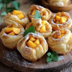 - 1 cup of fresh peaches, peeled and diced - ¾ cup granulated sugar - 1 teaspoon vanilla extract - 1 tablespoon lemon juice - 1 teaspoon ground cinnamon - ½ teaspoon nutmeg - 2 sheets of puff pastry (thawed) - ½ cup unsalted butter, melted - 1 cup all-purpose flour (for dusting) - 1 egg (beaten, for egg wash) - Powdered sugar (for dusting, optional) I love using fresh peaches in this recipe. They give the cruffins a sweet, juicy flavor. You will need to peel and dice them first. This makes about one cup, which is just enough for the filling. Next, granulated sugar is your best friend here. It brings out the natural sweetness of the peaches. You will also add some vanilla extract and lemon juice. The vanilla adds warmth, while the lemon juice brightens the flavors. For spices, we’ll mix in ground cinnamon and nutmeg. These spices add a cozy touch to the filling. Now let’s talk about the pastry. You will need two sheets of thawed puff pastry. Puff pastry gives the cruffins their flaky texture. Melted unsalted butter helps to layer the pastry. Dusting flour is key to prevent sticking. Lastly, you will brush the tops with a beaten egg for that golden finish. Having all these ingredients ready makes the process smooth. Enjoy the sweet aroma of peaches and spices as you make these delightful cruffins! - Mix diced peaches with sugar, vanilla, lemon juice, cinnamon, and nutmeg. - Let sit for about 10 minutes to blend flavors. Start by taking one cup of fresh, peeled, and diced peaches. In a medium bowl, add ¾ cup of granulated sugar, 1 teaspoon of vanilla extract, and 1 tablespoon of lemon juice. Sprinkle in 1 teaspoon of ground cinnamon and ½ teaspoon of nutmeg. Stir well to combine. The sugar helps draw out the juices from the peaches, making a tasty filling. Let this sit for about ten minutes. This wait time allows all the flavors to blend nicely. - Preheat oven to 400°F (200°C). - Line a muffin tin with paper liners. While your peach filling is resting, preheat your oven to 400°F (200°C). This temperature helps achieve a crispy crust on your cruffins. Next, grab your muffin tin. Line it with paper liners to ensure your cruffins come out easily. This step also makes for easy cleanup! - Roll out puff pastry and cut into equal squares. - Brush melted butter between layers and form stacks for shaping cruffins. Now, take your thawed puff pastry sheets. On a lightly floured surface, roll each sheet out to about ¼-inch thickness. Cut each sheet into 4 equal squares. For each square, lightly brush melted butter on one side. Stack four squares on top of each other, brushing melted butter between each layer. After stacking, cut these into two rectangles. This layering gives the cruffins their flaky texture. - Press rectangles into the muffin tin and fill with peach mixture. - Fold tops over filling and secure edges as needed. Next, take each rectangle of pastry and press it firmly into the greased muffin tin. Make sure the edges rise along the sides. Spoon the peach filling generously into each cruffin shell. After filling, fold the tops of the pastry over the filling, pinching the edges to secure them. This helps keep the delicious filling inside while baking. - Brush with egg wash and bake for 20-25 minutes. - Cool and dust with powdered sugar if desired. Before baking, brush the tops of the cruffins with a beaten egg. This will give them a lovely golden color. Bake in the preheated oven for 20 to 25 minutes. You’ll know they are done when they are puffed and golden brown. Once baked, remove them from the oven and let cool for about five minutes. Gently take the cruffins out of the tin and place them on a cooling rack. If you like, dust with powdered sugar for a sweet finish. Enjoy your tasty Peach Pie Cruffins! - Make sure the puff pastry is fully thawed before you roll it out. - Avoid overfilling each cruffin to keep them from spilling while baking. - Serve the cruffins warm with a scoop of vanilla ice cream or whipped cream. - Arrange them on a platter. Add mint or edible flowers for a pretty touch. - Try adding spices like cardamom for a warm twist. - You can switch fruits too! Apples or berries work well for different flavors. {{image_2}} You can change the fruit in your cruffins for new tastes. Use apples, pears, or mixed berries for a twist. These fruits bring their own sweet and tart flavors. Adding nuts like walnuts or pecans gives crunch. Try maple syrup instead of sugar for a richer taste. Want a lighter cruffin? Swap granulated sugar for honey or maple syrup. These natural sweeteners add flavor and cut down on refined sugars. You can also use whole wheat pastry for a healthier crust. This adds fiber and nutrients without losing taste. Make your cruffins stand out! Serve them in small ramekins for a fancy touch. This makes each cruffin feel special. Top with yogurt instead of powdered sugar for a fresh look. It adds creaminess and balances the sweetness. These small changes can impress your guests. Keep any uneaten cruffins in an airtight container at room temperature. This will keep them fresh for a couple of days. If you want to enjoy them later, make sure the container seals tightly. This way, they won’t dry out or lose their lovely texture. Freeze baked cruffins in a single layer. Once frozen, transfer them to a container. This helps prevent them from sticking together. When you're ready to enjoy them, you can pull out as many as you want without fuss. They can last for about a month in the freezer. Reheat in the oven at a low temperature. This keeps the cruffins crispy on the outside. You can also use a microwave for a few seconds if you’re in a hurry. Just be careful not to overheat them, as this can make them chewy instead of flaky. Peach pie cruffins are a fun mix of peach pie flavor and a croissant-like texture. They have flaky layers from puff pastry and a sweet peach filling. Each bite offers a warm, comforting taste, perfect for dessert. You can use canned peaches if you want. They save time and are easy to find. However, fresh peaches taste brighter and better. Canned peaches can be too sweet and mushy. If you use them, drain and rinse to lower the syrupy sweetness. Look for a golden brown color on top of your cruffins. They should be puffed up and firm to the touch. Baking time is about 20 to 25 minutes. Keep an eye on them to avoid overbaking. These cruffins pair well with whipped cream or vanilla ice cream. You can also enjoy them with a hot cup of coffee. A sprinkle of powdered sugar adds a nice touch. Yes, you can make the peach filling ahead of time. Just store it in the fridge for up to 2 days. This saves you time when you’re ready to bake. Just remember to give it a stir before using! Peach pie cruffins are a fun and tasty treat you can easily make at home. We covered fresh ingredients, how to prepare the filling, and the ideal baking steps. Remember to keep your puff pastry thawed for the best texture. You can personalize these treats with different fruits and spices. Store any leftovers so you can enjoy them later. Overall, cruffins are perfect for any occasion. So go ahead, try them, and savor each bite!