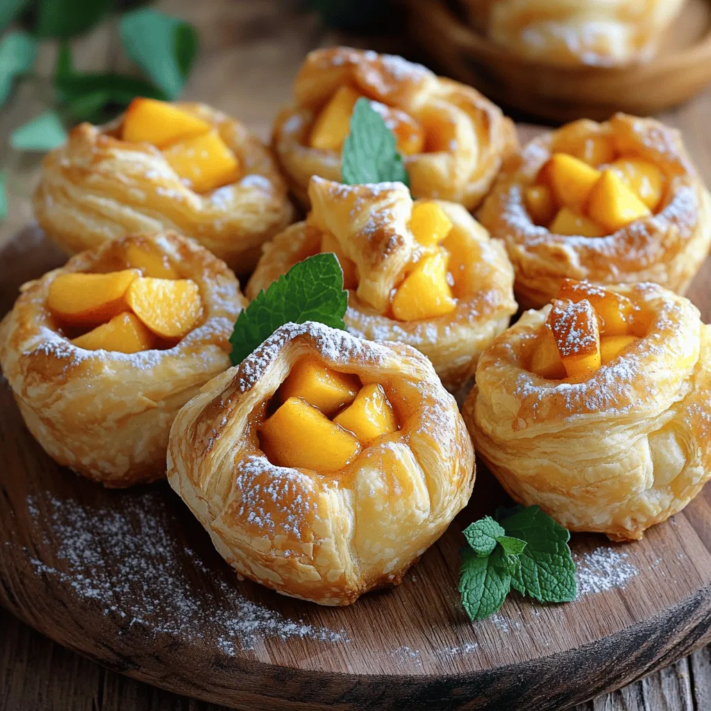 - 1 cup of fresh peaches, peeled and diced - ¾ cup granulated sugar - 1 teaspoon vanilla extract - 1 tablespoon lemon juice - 1 teaspoon ground cinnamon - ½ teaspoon nutmeg - 2 sheets of puff pastry (thawed) - ½ cup unsalted butter, melted - 1 cup all-purpose flour (for dusting) - 1 egg (beaten, for egg wash) - Powdered sugar (for dusting, optional) I love using fresh peaches in this recipe. They give the cruffins a sweet, juicy flavor. You will need to peel and dice them first. This makes about one cup, which is just enough for the filling. Next, granulated sugar is your best friend here. It brings out the natural sweetness of the peaches. You will also add some vanilla extract and lemon juice. The vanilla adds warmth, while the lemon juice brightens the flavors. For spices, we’ll mix in ground cinnamon and nutmeg. These spices add a cozy touch to the filling. Now let’s talk about the pastry. You will need two sheets of thawed puff pastry. Puff pastry gives the cruffins their flaky texture. Melted unsalted butter helps to layer the pastry. Dusting flour is key to prevent sticking. Lastly, you will brush the tops with a beaten egg for that golden finish. Having all these ingredients ready makes the process smooth. Enjoy the sweet aroma of peaches and spices as you make these delightful cruffins! - Mix diced peaches with sugar, vanilla, lemon juice, cinnamon, and nutmeg. - Let sit for about 10 minutes to blend flavors. Start by taking one cup of fresh, peeled, and diced peaches. In a medium bowl, add ¾ cup of granulated sugar, 1 teaspoon of vanilla extract, and 1 tablespoon of lemon juice. Sprinkle in 1 teaspoon of ground cinnamon and ½ teaspoon of nutmeg. Stir well to combine. The sugar helps draw out the juices from the peaches, making a tasty filling. Let this sit for about ten minutes. This wait time allows all the flavors to blend nicely. - Preheat oven to 400°F (200°C). - Line a muffin tin with paper liners. While your peach filling is resting, preheat your oven to 400°F (200°C). This temperature helps achieve a crispy crust on your cruffins. Next, grab your muffin tin. Line it with paper liners to ensure your cruffins come out easily. This step also makes for easy cleanup! - Roll out puff pastry and cut into equal squares. - Brush melted butter between layers and form stacks for shaping cruffins. Now, take your thawed puff pastry sheets. On a lightly floured surface, roll each sheet out to about ¼-inch thickness. Cut each sheet into 4 equal squares. For each square, lightly brush melted butter on one side. Stack four squares on top of each other, brushing melted butter between each layer. After stacking, cut these into two rectangles. This layering gives the cruffins their flaky texture. - Press rectangles into the muffin tin and fill with peach mixture. - Fold tops over filling and secure edges as needed. Next, take each rectangle of pastry and press it firmly into the greased muffin tin. Make sure the edges rise along the sides. Spoon the peach filling generously into each cruffin shell. After filling, fold the tops of the pastry over the filling, pinching the edges to secure them. This helps keep the delicious filling inside while baking. - Brush with egg wash and bake for 20-25 minutes. - Cool and dust with powdered sugar if desired. Before baking, brush the tops of the cruffins with a beaten egg. This will give them a lovely golden color. Bake in the preheated oven for 20 to 25 minutes. You’ll know they are done when they are puffed and golden brown. Once baked, remove them from the oven and let cool for about five minutes. Gently take the cruffins out of the tin and place them on a cooling rack. If you like, dust with powdered sugar for a sweet finish. Enjoy your tasty Peach Pie Cruffins! - Make sure the puff pastry is fully thawed before you roll it out. - Avoid overfilling each cruffin to keep them from spilling while baking. - Serve the cruffins warm with a scoop of vanilla ice cream or whipped cream. - Arrange them on a platter. Add mint or edible flowers for a pretty touch. - Try adding spices like cardamom for a warm twist. - You can switch fruits too! Apples or berries work well for different flavors. {{image_2}} You can change the fruit in your cruffins for new tastes. Use apples, pears, or mixed berries for a twist. These fruits bring their own sweet and tart flavors. Adding nuts like walnuts or pecans gives crunch. Try maple syrup instead of sugar for a richer taste. Want a lighter cruffin? Swap granulated sugar for honey or maple syrup. These natural sweeteners add flavor and cut down on refined sugars. You can also use whole wheat pastry for a healthier crust. This adds fiber and nutrients without losing taste. Make your cruffins stand out! Serve them in small ramekins for a fancy touch. This makes each cruffin feel special. Top with yogurt instead of powdered sugar for a fresh look. It adds creaminess and balances the sweetness. These small changes can impress your guests. Keep any uneaten cruffins in an airtight container at room temperature. This will keep them fresh for a couple of days. If you want to enjoy them later, make sure the container seals tightly. This way, they won’t dry out or lose their lovely texture. Freeze baked cruffins in a single layer. Once frozen, transfer them to a container. This helps prevent them from sticking together. When you're ready to enjoy them, you can pull out as many as you want without fuss. They can last for about a month in the freezer. Reheat in the oven at a low temperature. This keeps the cruffins crispy on the outside. You can also use a microwave for a few seconds if you’re in a hurry. Just be careful not to overheat them, as this can make them chewy instead of flaky. Peach pie cruffins are a fun mix of peach pie flavor and a croissant-like texture. They have flaky layers from puff pastry and a sweet peach filling. Each bite offers a warm, comforting taste, perfect for dessert. You can use canned peaches if you want. They save time and are easy to find. However, fresh peaches taste brighter and better. Canned peaches can be too sweet and mushy. If you use them, drain and rinse to lower the syrupy sweetness. Look for a golden brown color on top of your cruffins. They should be puffed up and firm to the touch. Baking time is about 20 to 25 minutes. Keep an eye on them to avoid overbaking. These cruffins pair well with whipped cream or vanilla ice cream. You can also enjoy them with a hot cup of coffee. A sprinkle of powdered sugar adds a nice touch. Yes, you can make the peach filling ahead of time. Just store it in the fridge for up to 2 days. This saves you time when you’re ready to bake. Just remember to give it a stir before using! Peach pie cruffins are a fun and tasty treat you can easily make at home. We covered fresh ingredients, how to prepare the filling, and the ideal baking steps. Remember to keep your puff pastry thawed for the best texture. You can personalize these treats with different fruits and spices. Store any leftovers so you can enjoy them later. Overall, cruffins are perfect for any occasion. So go ahead, try them, and savor each bite!