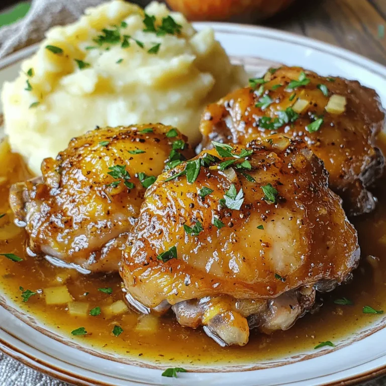 - 4 chicken thighs, bone-in and skin-on - 2 cups apple cider (not spiced) - 4 cloves garlic, minced - 1 onion, diced - 2 sprigs fresh thyme - 1 tablespoon fresh rosemary, chopped - 2 tablespoons apple cider vinegar - 2 tablespoons olive oil - 1 tablespoon honey (optional for sweetness) - 1 cup chicken broth - Salt and pepper to taste When I create Apple Cider Braised Chicken Thighs, I focus on fresh, simple ingredients. Chicken thighs are juicy and flavor-packed. The apple cider adds sweetness and depth. Fresh garlic and onion build a strong base. Thyme and rosemary bring bright herbal notes. For extra zing, I add apple cider vinegar. It balances the sweetness of the cider. The olive oil helps brown the chicken and adds richness. Honey can sweeten the dish if you like. Chicken broth rounds out the flavors and keeps the meat tender. Don't forget to season with salt and pepper. These ingredients work together for a hearty and delicious meal. This recipe is flexible too. You can swap out herbs or add spices. Use what you have on hand. Just remember, fresh ingredients make the biggest difference. First, you need to prepare the chicken thighs. Pat them dry with paper towels. This step helps the skin get crispy. Next, season both sides of the chicken with salt and pepper. Make sure to coat them well. Now, let’s prepare the aromatics. Dice one onion and mince four cloves of garlic. The onion adds sweetness, while the garlic brings flavor. Set these aside for later. Heat two tablespoons of olive oil in a large skillet over medium-high heat. Once the oil is hot, add the chicken thighs, skin side down. Sear them for about five to seven minutes. You want a nice golden brown color on the skin. Flip the chicken and sear the other side for three to five minutes. After this, remove the chicken from the skillet and set it aside. In the same skillet, add the diced onion and minced garlic. Sauté them for three to four minutes. You want the onions to be translucent and the garlic fragrant. Next, pour in two cups of apple cider and one cup of chicken broth. Scrape the bottom with a wooden spoon. This step releases the brown bits, adding flavor to your dish. Now it’s time to braise the chicken. Return the chicken thighs to the skillet, skin side up. Ensure they are partially submerged in the liquid. Cover the skillet with a lid and reduce the heat to low. Let it braise for thirty to thirty-five minutes. The chicken should reach an internal temperature of 165°F. Once the chicken is tender, remove it from the skillet. If you want a thicker sauce, increase the heat. Let the liquid simmer uncovered for an additional five to ten minutes. This will reduce the sauce nicely. To serve, plate the chicken thighs and drizzle with the sauce. Garnish with chopped fresh parsley. This dish pairs well with mashed potatoes or crusty bread to soak up the sauce. Enjoy the rich flavors of apple cider and garlic herbs! To make your chicken thighs tender, start with good quality meat. Bone-in and skin-on thighs work best. Pat them dry before seasoning. This helps the skin crisp up nicely. Sear them well in hot oil. This adds flavor and keeps moisture inside. Adjusting seasoning is key. Taste as you go. If you want more flavor, add salt and pepper gradually. The apple cider adds sweetness, but you can add vinegar for balance. Honey can sweeten the dish too. If it tastes too sweet, a bit more vinegar can help. For best results, use a heavy skillet or Dutch oven. This helps with even heat. The lid traps steam and keeps the chicken moist. If you don't have these, any large pot will do. You can also braise in the oven. Preheat it to 350°F. After deglazing, place your pot in the oven. It keeps things hands-free and works well. Just check the chicken for doneness after about 30 minutes. {{image_2}} You can change the recipe by using different cuts of chicken. Boneless chicken thighs work well for quicker cooking. You can also try chicken breasts, but they may dry out faster. If you want to use other meats, pork or turkey thighs are great options too. Each meat brings its flavor and texture. You can swap out apple cider for other sweet liquids. For example, pear juice or white grape juice can work as sweeteners. Instead of apple cider vinegar, you can use red wine vinegar or lemon juice for a tangy kick. These changes can give the dish a new twist. To boost flavor, consider adding spices. A pinch of cayenne pepper can add heat. If you love herbs, try adding oregano or sage for more depth. Each herb will change the dish’s aroma and taste. When it comes to sides, you have many options. Mashed potatoes are classic and soak up the sauce. Roasted vegetables like carrots and Brussels sprouts pair nicely too. You can also serve the chicken with warm grains like rice or quinoa. Both add texture and make the meal heartier. To keep your apple cider braised chicken thighs fresh, cool them quickly. After cooking, let them sit at room temperature for no more than two hours. Then, transfer the chicken thighs to an airtight container. This helps prevent bacteria growth. You can store them in the fridge for up to three days. When you’re ready to enjoy your leftovers, reheating them properly is key. The best method is to use the oven. Preheat your oven to 350°F (175°C). Place the chicken in an oven-safe dish and cover it with foil. Heat for about 20 minutes or until it reaches a safe internal temperature of 165°F (74°C). If you need to use the microwave, make sure to add a splash of chicken broth to keep the meat moist. Reheat in short intervals, checking often. Always ensure the chicken is heated evenly. For safety, avoid reheating chicken more than once. This helps reduce the risk of foodborne illness. Enjoy your delicious apple cider braised chicken thighs! Can I use boneless chicken thighs? Yes, you can use boneless chicken thighs. They cook faster and still taste great. Just remember to check for doneness; they need to reach 165°F for safety. What type of apple cider is best? I recommend using fresh, unfiltered apple cider. It gives a fruity and rich flavor. Avoid spiced ciders as they can alter the taste of the dish. How long can I store leftovers? You can store leftovers in the fridge for about 3 to 4 days. Make sure to keep them in an airtight container to keep them fresh. What sides pair well with apple cider braised chicken? This dish shines with mashed potatoes, rice, or crusty bread. Roasted vegetables or a fresh salad also complement the flavors nicely. Is this recipe gluten-free? Yes, this recipe is gluten-free. All the ingredients used do not contain gluten. Always check labels if you buy pre-made items. How to make it low-sodium? To make this dish low-sodium, use low-sodium chicken broth. Also, limit the added salt when seasoning the chicken. This blog post explored how to make flavorful apple cider braised chicken. We covered key ingredients like chicken thighs and apple cider. The step-by-step instructions guide you through preparation, cooking, and serving. Tips helped you perfect the dish, and variations sparked creativity in your cooking. Finally, storage guidelines ensure your meal stays fresh. Enjoying this dish can elevate your dinner experience. Happy cooking!