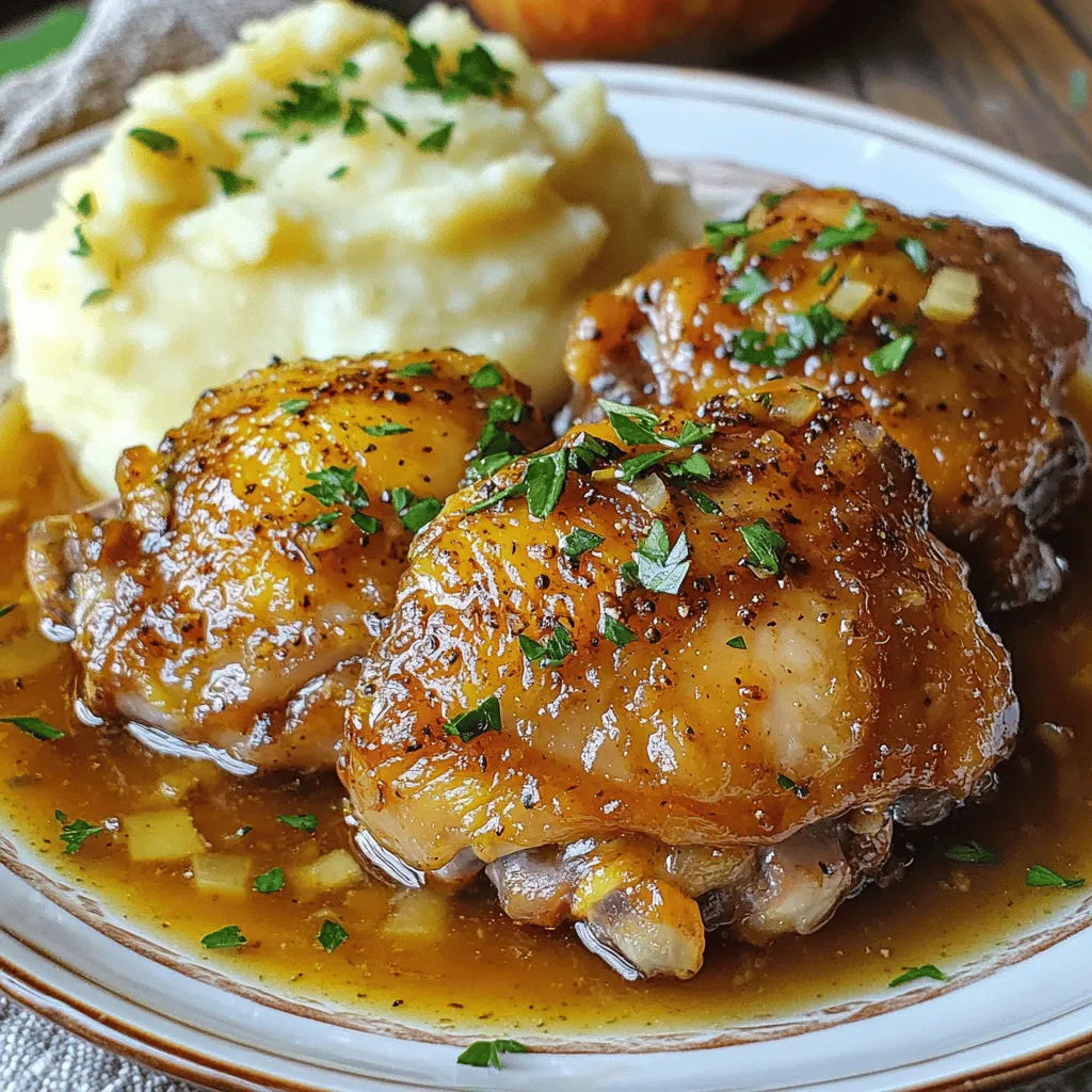 - 4 chicken thighs, bone-in and skin-on - 2 cups apple cider (not spiced) - 4 cloves garlic, minced - 1 onion, diced - 2 sprigs fresh thyme - 1 tablespoon fresh rosemary, chopped - 2 tablespoons apple cider vinegar - 2 tablespoons olive oil - 1 tablespoon honey (optional for sweetness) - 1 cup chicken broth - Salt and pepper to taste When I create Apple Cider Braised Chicken Thighs, I focus on fresh, simple ingredients. Chicken thighs are juicy and flavor-packed. The apple cider adds sweetness and depth. Fresh garlic and onion build a strong base. Thyme and rosemary bring bright herbal notes. For extra zing, I add apple cider vinegar. It balances the sweetness of the cider. The olive oil helps brown the chicken and adds richness. Honey can sweeten the dish if you like. Chicken broth rounds out the flavors and keeps the meat tender. Don't forget to season with salt and pepper. These ingredients work together for a hearty and delicious meal. This recipe is flexible too. You can swap out herbs or add spices. Use what you have on hand. Just remember, fresh ingredients make the biggest difference. First, you need to prepare the chicken thighs. Pat them dry with paper towels. This step helps the skin get crispy. Next, season both sides of the chicken with salt and pepper. Make sure to coat them well. Now, let’s prepare the aromatics. Dice one onion and mince four cloves of garlic. The onion adds sweetness, while the garlic brings flavor. Set these aside for later. Heat two tablespoons of olive oil in a large skillet over medium-high heat. Once the oil is hot, add the chicken thighs, skin side down. Sear them for about five to seven minutes. You want a nice golden brown color on the skin. Flip the chicken and sear the other side for three to five minutes. After this, remove the chicken from the skillet and set it aside. In the same skillet, add the diced onion and minced garlic. Sauté them for three to four minutes. You want the onions to be translucent and the garlic fragrant. Next, pour in two cups of apple cider and one cup of chicken broth. Scrape the bottom with a wooden spoon. This step releases the brown bits, adding flavor to your dish. Now it’s time to braise the chicken. Return the chicken thighs to the skillet, skin side up. Ensure they are partially submerged in the liquid. Cover the skillet with a lid and reduce the heat to low. Let it braise for thirty to thirty-five minutes. The chicken should reach an internal temperature of 165°F. Once the chicken is tender, remove it from the skillet. If you want a thicker sauce, increase the heat. Let the liquid simmer uncovered for an additional five to ten minutes. This will reduce the sauce nicely. To serve, plate the chicken thighs and drizzle with the sauce. Garnish with chopped fresh parsley. This dish pairs well with mashed potatoes or crusty bread to soak up the sauce. Enjoy the rich flavors of apple cider and garlic herbs! To make your chicken thighs tender, start with good quality meat. Bone-in and skin-on thighs work best. Pat them dry before seasoning. This helps the skin crisp up nicely. Sear them well in hot oil. This adds flavor and keeps moisture inside. Adjusting seasoning is key. Taste as you go. If you want more flavor, add salt and pepper gradually. The apple cider adds sweetness, but you can add vinegar for balance. Honey can sweeten the dish too. If it tastes too sweet, a bit more vinegar can help. For best results, use a heavy skillet or Dutch oven. This helps with even heat. The lid traps steam and keeps the chicken moist. If you don't have these, any large pot will do. You can also braise in the oven. Preheat it to 350°F. After deglazing, place your pot in the oven. It keeps things hands-free and works well. Just check the chicken for doneness after about 30 minutes. {{image_2}} You can change the recipe by using different cuts of chicken. Boneless chicken thighs work well for quicker cooking. You can also try chicken breasts, but they may dry out faster. If you want to use other meats, pork or turkey thighs are great options too. Each meat brings its flavor and texture. You can swap out apple cider for other sweet liquids. For example, pear juice or white grape juice can work as sweeteners. Instead of apple cider vinegar, you can use red wine vinegar or lemon juice for a tangy kick. These changes can give the dish a new twist. To boost flavor, consider adding spices. A pinch of cayenne pepper can add heat. If you love herbs, try adding oregano or sage for more depth. Each herb will change the dish’s aroma and taste. When it comes to sides, you have many options. Mashed potatoes are classic and soak up the sauce. Roasted vegetables like carrots and Brussels sprouts pair nicely too. You can also serve the chicken with warm grains like rice or quinoa. Both add texture and make the meal heartier. To keep your apple cider braised chicken thighs fresh, cool them quickly. After cooking, let them sit at room temperature for no more than two hours. Then, transfer the chicken thighs to an airtight container. This helps prevent bacteria growth. You can store them in the fridge for up to three days. When you’re ready to enjoy your leftovers, reheating them properly is key. The best method is to use the oven. Preheat your oven to 350°F (175°C). Place the chicken in an oven-safe dish and cover it with foil. Heat for about 20 minutes or until it reaches a safe internal temperature of 165°F (74°C). If you need to use the microwave, make sure to add a splash of chicken broth to keep the meat moist. Reheat in short intervals, checking often. Always ensure the chicken is heated evenly. For safety, avoid reheating chicken more than once. This helps reduce the risk of foodborne illness. Enjoy your delicious apple cider braised chicken thighs! Can I use boneless chicken thighs? Yes, you can use boneless chicken thighs. They cook faster and still taste great. Just remember to check for doneness; they need to reach 165°F for safety. What type of apple cider is best? I recommend using fresh, unfiltered apple cider. It gives a fruity and rich flavor. Avoid spiced ciders as they can alter the taste of the dish. How long can I store leftovers? You can store leftovers in the fridge for about 3 to 4 days. Make sure to keep them in an airtight container to keep them fresh. What sides pair well with apple cider braised chicken? This dish shines with mashed potatoes, rice, or crusty bread. Roasted vegetables or a fresh salad also complement the flavors nicely. Is this recipe gluten-free? Yes, this recipe is gluten-free. All the ingredients used do not contain gluten. Always check labels if you buy pre-made items. How to make it low-sodium? To make this dish low-sodium, use low-sodium chicken broth. Also, limit the added salt when seasoning the chicken. This blog post explored how to make flavorful apple cider braised chicken. We covered key ingredients like chicken thighs and apple cider. The step-by-step instructions guide you through preparation, cooking, and serving. Tips helped you perfect the dish, and variations sparked creativity in your cooking. Finally, storage guidelines ensure your meal stays fresh. Enjoying this dish can elevate your dinner experience. Happy cooking!