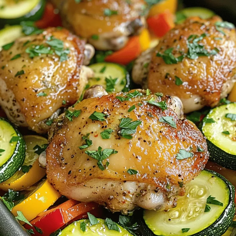 - 4 boneless, skinless chicken thighs - 2 medium zucchinis, sliced into half-moons - 1 red bell pepper, sliced - 1 yellow onion, thinly sliced - 3 cloves garlic, minced - 1 teaspoon dried oregano - 1 teaspoon smoked paprika - 1/2 teaspoon cumin - 1/4 teaspoon red pepper flakes (optional) - 3 tablespoons olive oil - Salt and pepper to taste - Fresh parsley, chopped The main ingredients of this dish are simple yet packed with flavor. Chicken thighs shine here. They stay juicy and tender while absorbing the seasoning well. Zucchini, red bell pepper, and onion add color and texture. Each vegetable brings its own taste to the mix. The seasoning is key. Garlic adds a nice kick. Dried oregano gives a classic Mediterranean touch. Smoked paprika brings a warm flavor. Cumin adds earthiness, while red pepper flakes (if you want some heat) spice things up. The olive oil ensures everything cooks evenly and adds richness. Don't forget salt and pepper to enhance all these flavors. Lastly, fresh parsley brightens the dish. It adds a pop of color and freshness. You sprinkle it on top right before serving. This dish is not just easy to make but also a feast for the eyes and the palate. Preheating the oven Start by preheating your oven to 425°F (220°C). This high heat helps the chicken cook quickly and keeps it juicy. Marinating the chicken In a large bowl, combine the four boneless, skinless chicken thighs with minced garlic, dried oregano, smoked paprika, cumin, and red pepper flakes if you like spice. Add three tablespoons of olive oil, along with salt and pepper. Toss everything together so the chicken is coated evenly with the mix. Let it sit for a few minutes. This step boosts flavor. Arranging vegetables On a large sheet pan, spread out two sliced zucchinis, one sliced red bell pepper, and one thinly sliced yellow onion. Drizzle a little olive oil over the veggies and season them with salt and pepper. Toss to combine so all the veggies are seasoned well. Placing chicken on vegetables Next, arrange the marinated chicken thighs on top of the seasoned vegetables on the sheet pan. This allows the juices from the chicken to soak into the veggies as they cook. Baking time and temperature Place the sheet pan in the preheated oven. Bake for 25-30 minutes. This time allows the chicken to cook through while the veggies become tender. Checking for doneness To ensure the chicken is done, check that its internal temperature reaches 165°F (75°C). You can use a meat thermometer for this. If you don’t have one, cut into the chicken. It should no longer be pink inside. After checking, let the pan sit for five minutes before serving. This helps the juices settle. To achieve perfectly cooked chicken, start with even-sized pieces. This helps the chicken cook at the same rate. I recommend using boneless, skinless chicken thighs. They stay juicy and tender. Next, marinate the chicken for at least 30 minutes. This allows the flavors to soak in. Use a mixture of olive oil, garlic, and spices for great taste. For roasting vegetables, cut them into similar sizes. This ensures even cooking. Use a high heat, like 425°F. It helps to caramelize the veggies and enhance their flavor. To boost flavor, try adding a pinch of lemon zest. It adds brightness to the dish. You can also mix in fresh herbs like thyme or rosemary. They pair well with Mediterranean flavors. Combining different vegetables can create a colorful and tasty dish. Consider adding cherry tomatoes, eggplant, or bell peppers. They not only add flavor but also make your meal look vibrant. Pair this dish with a side of fluffy couscous or a fresh green salad. These options complement the chicken and veggies well. For sauces or dips, a tangy tzatziki sauce works wonders. You can also serve it with hummus for a creamy touch. Both add extra flavor and richness to your meal. {{image_2}} You can change the chicken in this recipe. Chicken thighs are juicy and tender. However, chicken breasts work too. They cook faster but can dry out. Just reduce the cooking time to keep them moist. Feel free to swap the vegetables, too. Try eggplant, cherry tomatoes, or bell peppers. Each option brings a unique taste to your dish. They also add color and texture. If you want a gluten-free meal, you're in luck! This dish is naturally gluten-free. Just make sure your spices are certified gluten-free. For a low-carb option, use more zucchini and fewer bell peppers. You can also skip the onion. This way, you keep the meal tasty while reducing carbs. Herbs can change the dish's flavor. Instead of oregano, use thyme or rosemary. Each herb adds a different twist. Adding citrus can brighten the meal. Squeeze fresh lemon or orange juice over the chicken before serving. You can also toss in olives for a briny taste. They pair well with the chicken and veggies. Experiment with these variations to make the dish your own! To keep your Mediterranean chicken and zucchini fresh, store leftovers in the fridge. Place the chicken and veggies in an airtight container. Make sure to let them cool before sealing. This helps keep moisture in. - Use glass or plastic containers with tight lids. - Label the containers with dates for easy tracking. Your leftovers will stay good for about 3 to 4 days in the fridge. When it is time to enjoy your leftovers, reheating properly is key. The best way to heat chicken and veggies is in the oven. This keeps the chicken juicy and the veggies crisp. - Preheat your oven to 350°F (175°C). - Place chicken and veggies on a baking sheet. - Heat for about 15 minutes or until warmed through. You can also use a microwave. However, the oven method is better for texture and taste. If you want to save your meal for later, freezing works great. First, let the leftovers cool completely. Then, place them in freezer-safe containers or bags. Remove as much air as possible to avoid freezer burn. - Use zip-top bags or rigid containers. - Label with the name and date. To thaw, move the container to the fridge for several hours or overnight. Reheat as described above. Enjoy your Mediterranean delight even after a few weeks! How long does it take to cook chicken thighs? It takes about 25 to 30 minutes to cook chicken thighs at 425°F (220°C). Check for an internal temperature of 165°F (75°C). This ensures your chicken is safe to eat and juicy. Can I use frozen chicken? I don’t recommend using frozen chicken for this recipe. Frozen chicken needs longer to cook, which can lead to uneven cooking. Always use fresh or thawed chicken for the best results. Can I replace olive oil with another oil? Yes, you can use another oil like avocado or canola oil. These oils have a high smoke point and add a nice flavor to the dish. What if I don't have fresh parsley? If you don’t have fresh parsley, use dried parsley or omit it. You can also try fresh basil or cilantro for a different taste. Can I make this dish vegetarian? Absolutely! Replace the chicken with chickpeas or tofu. Add more veggies like eggplant or mushrooms to make it hearty and filling. What are some good sides to serve with it? Serve this dish with couscous, rice, or a fresh salad. These sides balance the flavors and add a nice touch. A yogurt sauce can also enhance the meal. This article covered a delicious sheet pan chicken recipe. We explored main ingredients and seasonings, with tips for cooking and serving. You learned how to prep, bake, and store your dish. Finally, don’t forget to get creative with ingredients and flavors. Enjoy the process and have fun making this meal your own. Happy cooking!