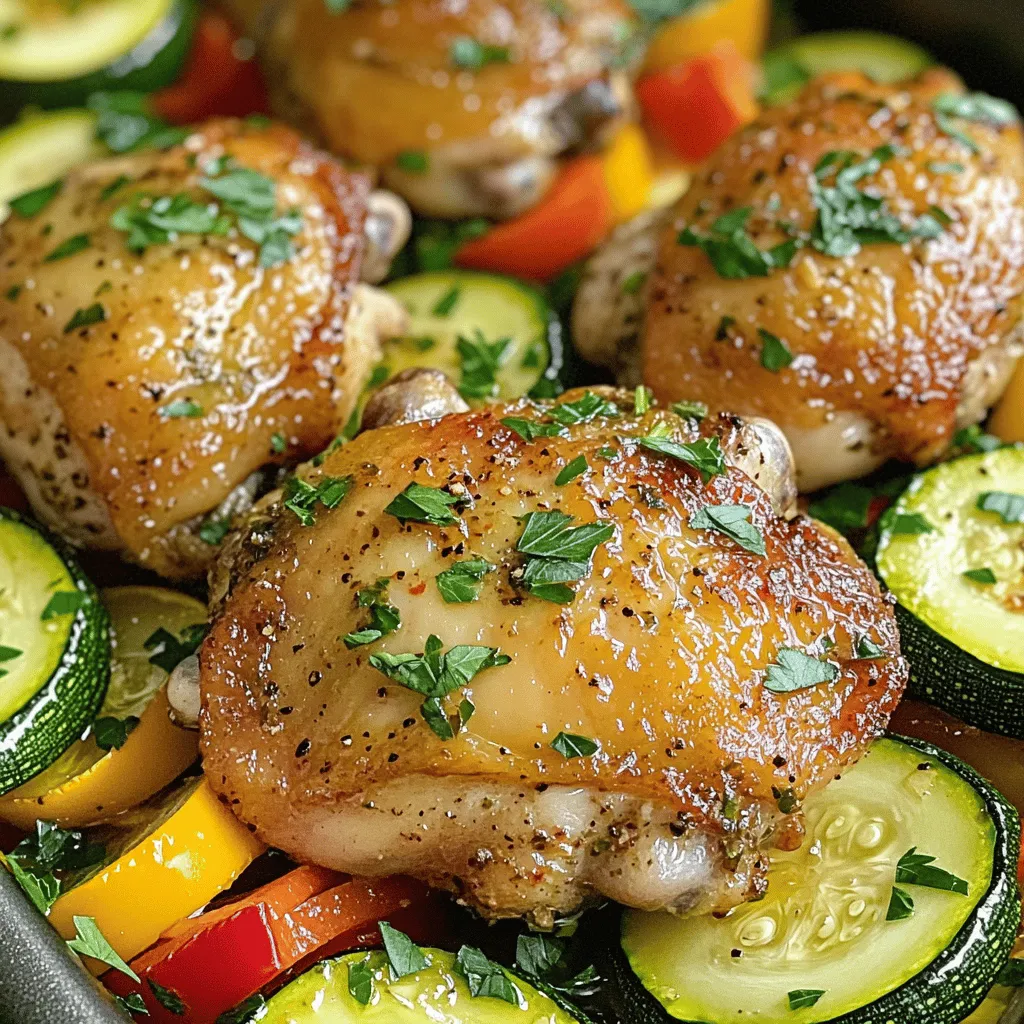 - 4 boneless, skinless chicken thighs - 2 medium zucchinis, sliced into half-moons - 1 red bell pepper, sliced - 1 yellow onion, thinly sliced - 3 cloves garlic, minced - 1 teaspoon dried oregano - 1 teaspoon smoked paprika - 1/2 teaspoon cumin - 1/4 teaspoon red pepper flakes (optional) - 3 tablespoons olive oil - Salt and pepper to taste - Fresh parsley, chopped The main ingredients of this dish are simple yet packed with flavor. Chicken thighs shine here. They stay juicy and tender while absorbing the seasoning well. Zucchini, red bell pepper, and onion add color and texture. Each vegetable brings its own taste to the mix. The seasoning is key. Garlic adds a nice kick. Dried oregano gives a classic Mediterranean touch. Smoked paprika brings a warm flavor. Cumin adds earthiness, while red pepper flakes (if you want some heat) spice things up. The olive oil ensures everything cooks evenly and adds richness. Don't forget salt and pepper to enhance all these flavors. Lastly, fresh parsley brightens the dish. It adds a pop of color and freshness. You sprinkle it on top right before serving. This dish is not just easy to make but also a feast for the eyes and the palate. Preheating the oven Start by preheating your oven to 425°F (220°C). This high heat helps the chicken cook quickly and keeps it juicy. Marinating the chicken In a large bowl, combine the four boneless, skinless chicken thighs with minced garlic, dried oregano, smoked paprika, cumin, and red pepper flakes if you like spice. Add three tablespoons of olive oil, along with salt and pepper. Toss everything together so the chicken is coated evenly with the mix. Let it sit for a few minutes. This step boosts flavor. Arranging vegetables On a large sheet pan, spread out two sliced zucchinis, one sliced red bell pepper, and one thinly sliced yellow onion. Drizzle a little olive oil over the veggies and season them with salt and pepper. Toss to combine so all the veggies are seasoned well. Placing chicken on vegetables Next, arrange the marinated chicken thighs on top of the seasoned vegetables on the sheet pan. This allows the juices from the chicken to soak into the veggies as they cook. Baking time and temperature Place the sheet pan in the preheated oven. Bake for 25-30 minutes. This time allows the chicken to cook through while the veggies become tender. Checking for doneness To ensure the chicken is done, check that its internal temperature reaches 165°F (75°C). You can use a meat thermometer for this. If you don’t have one, cut into the chicken. It should no longer be pink inside. After checking, let the pan sit for five minutes before serving. This helps the juices settle. To achieve perfectly cooked chicken, start with even-sized pieces. This helps the chicken cook at the same rate. I recommend using boneless, skinless chicken thighs. They stay juicy and tender. Next, marinate the chicken for at least 30 minutes. This allows the flavors to soak in. Use a mixture of olive oil, garlic, and spices for great taste. For roasting vegetables, cut them into similar sizes. This ensures even cooking. Use a high heat, like 425°F. It helps to caramelize the veggies and enhance their flavor. To boost flavor, try adding a pinch of lemon zest. It adds brightness to the dish. You can also mix in fresh herbs like thyme or rosemary. They pair well with Mediterranean flavors. Combining different vegetables can create a colorful and tasty dish. Consider adding cherry tomatoes, eggplant, or bell peppers. They not only add flavor but also make your meal look vibrant. Pair this dish with a side of fluffy couscous or a fresh green salad. These options complement the chicken and veggies well. For sauces or dips, a tangy tzatziki sauce works wonders. You can also serve it with hummus for a creamy touch. Both add extra flavor and richness to your meal. {{image_2}} You can change the chicken in this recipe. Chicken thighs are juicy and tender. However, chicken breasts work too. They cook faster but can dry out. Just reduce the cooking time to keep them moist. Feel free to swap the vegetables, too. Try eggplant, cherry tomatoes, or bell peppers. Each option brings a unique taste to your dish. They also add color and texture. If you want a gluten-free meal, you're in luck! This dish is naturally gluten-free. Just make sure your spices are certified gluten-free. For a low-carb option, use more zucchini and fewer bell peppers. You can also skip the onion. This way, you keep the meal tasty while reducing carbs. Herbs can change the dish's flavor. Instead of oregano, use thyme or rosemary. Each herb adds a different twist. Adding citrus can brighten the meal. Squeeze fresh lemon or orange juice over the chicken before serving. You can also toss in olives for a briny taste. They pair well with the chicken and veggies. Experiment with these variations to make the dish your own! To keep your Mediterranean chicken and zucchini fresh, store leftovers in the fridge. Place the chicken and veggies in an airtight container. Make sure to let them cool before sealing. This helps keep moisture in. - Use glass or plastic containers with tight lids. - Label the containers with dates for easy tracking. Your leftovers will stay good for about 3 to 4 days in the fridge. When it is time to enjoy your leftovers, reheating properly is key. The best way to heat chicken and veggies is in the oven. This keeps the chicken juicy and the veggies crisp. - Preheat your oven to 350°F (175°C). - Place chicken and veggies on a baking sheet. - Heat for about 15 minutes or until warmed through. You can also use a microwave. However, the oven method is better for texture and taste. If you want to save your meal for later, freezing works great. First, let the leftovers cool completely. Then, place them in freezer-safe containers or bags. Remove as much air as possible to avoid freezer burn. - Use zip-top bags or rigid containers. - Label with the name and date. To thaw, move the container to the fridge for several hours or overnight. Reheat as described above. Enjoy your Mediterranean delight even after a few weeks! How long does it take to cook chicken thighs? It takes about 25 to 30 minutes to cook chicken thighs at 425°F (220°C). Check for an internal temperature of 165°F (75°C). This ensures your chicken is safe to eat and juicy. Can I use frozen chicken? I don’t recommend using frozen chicken for this recipe. Frozen chicken needs longer to cook, which can lead to uneven cooking. Always use fresh or thawed chicken for the best results. Can I replace olive oil with another oil? Yes, you can use another oil like avocado or canola oil. These oils have a high smoke point and add a nice flavor to the dish. What if I don't have fresh parsley? If you don’t have fresh parsley, use dried parsley or omit it. You can also try fresh basil or cilantro for a different taste. Can I make this dish vegetarian? Absolutely! Replace the chicken with chickpeas or tofu. Add more veggies like eggplant or mushrooms to make it hearty and filling. What are some good sides to serve with it? Serve this dish with couscous, rice, or a fresh salad. These sides balance the flavors and add a nice touch. A yogurt sauce can also enhance the meal. This article covered a delicious sheet pan chicken recipe. We explored main ingredients and seasonings, with tips for cooking and serving. You learned how to prep, bake, and store your dish. Finally, don’t forget to get creative with ingredients and flavors. Enjoy the process and have fun making this meal your own. Happy cooking!