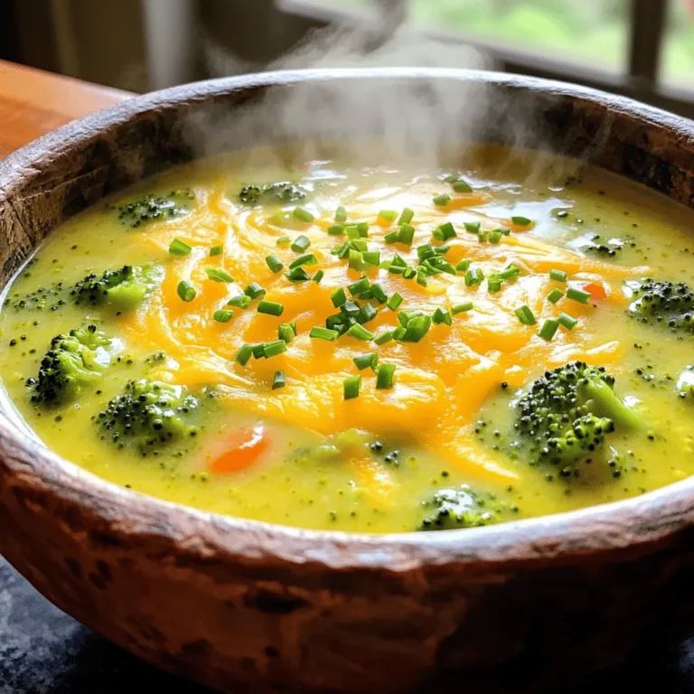 - 4 cups broccoli florets, fresh or frozen - 1 medium onion, diced - 2 cloves garlic, minced - 2 medium carrots, diced - 4 cups vegetable broth - 1 cup whole milk or almond milk - 2 cups sharp cheddar cheese, shredded - 2 tablespoons olive oil - 1 teaspoon salt - 1/2 teaspoon black pepper - 1/2 teaspoon smoked paprika - 1 tablespoon cornstarch (optional, for thickening) - Fresh chives or parsley for garnish You can swap ingredients to fit your taste or needs. If you don't have broccoli, try using cauliflower. This will give a similar texture. You can also use yellow onion instead of white for a sweeter taste. If you like a kick, use pepper jack cheese instead of cheddar. For a dairy-free option, almond milk works great. You can also skip the cornstarch if you prefer a thinner soup. This soup is packed with health benefits. Broccoli is high in vitamins C and K. It helps boost your immune system. Onions contain antioxidants and promote heart health. Garlic can help reduce blood pressure. Carrots are great for your eyes due to their vitamin A content. Using vegetable broth keeps it low in calories while adding flavor. Cheddar cheese provides calcium and protein, and using almond milk can lower calories and fat for those watching their intake. Adding chives or parsley not only enhances the look but also adds vitamins. To start, gather all your ingredients. You need fresh or frozen broccoli, an onion, garlic, carrots, vegetable broth, milk, cheddar cheese, olive oil, salt, pepper, and smoked paprika. Optional cornstarch can thicken the soup. Prepare your veggies by dicing the onion and carrots, and mincing the garlic. If using fresh broccoli, cut it into florets. 1. Heat the olive oil in a large pot over medium heat. Once hot, add the diced onion. Cook for about five minutes until it turns translucent. 2. Next, add the minced garlic and diced carrots. Cook these for about two to three minutes until you smell their rich aroma. 3. Stir in the broccoli florets and pour in the vegetable broth. Bring it to a boil. Then, lower the heat, cover the pot, and let it simmer for fifteen minutes. The broccoli should be soft by now. 4. Now, it’s time to blend the soup. If you have an immersion blender, use it right in the pot. Blend until you reach your desired texture. If you don’t have one, carefully ladle the soup into a regular blender in batches. 5. After blending, pour the soup back into the pot. Stir in the milk and shredded cheddar cheese. Mix until the cheese melts and the soup becomes creamy. 6. Season your soup with salt, black pepper, and smoked paprika. If you want a thicker soup, combine cornstarch with a bit of water to create a slurry. Stir it into the soup until it thickens. 7. Taste your soup and adjust the seasoning as needed. Add more salt, pepper, or smoked paprika if you like. 8. Serve your soup hot. Top it with freshly chopped chives or parsley for a nice touch. Using an immersion blender is quick and easy. You can blend right in the pot, saving time and dishes. This method lets you control the texture better. If you use a regular blender, be careful! Allow the soup to cool slightly before blending. Hot soup can splatter and burn. Blend in small batches for safety and ease. Whatever method you choose, both will yield a delicious, creamy soup! To achieve a creamy broccoli cheddar soup, I focus on two main steps. First, I blend the broccoli with the broth until smooth. This helps to create a rich base. Second, I add cheese slowly while stirring. This ensures the cheese melts evenly. Using sharp cheddar adds a great depth of flavor. If you want it extra creamy, you can mix in whole milk or almond milk. One common mistake is cooking the broccoli too long. This can make it mushy and dull in flavor. I recommend cooking it just until tender, about 15 minutes. Another mistake is adding cheese too quickly. This can cause it to clump instead of melting. Adding it slowly while stirring helps avoid this issue. Lastly, don't skip seasoning. A little salt and pepper go a long way in bringing out the flavors. Seasoning is key to a great soup. I like to use smoked paprika for a hint of warmth. It adds a nice depth without overpowering the dish. You can also try adding fresh herbs like chives or parsley for brightness. These herbs not only add flavor but also make the soup look nice. Always taste your soup before serving to adjust the seasoning as needed. {{image_2}} You can switch up the cheese in your broccoli cheddar soup! While sharp cheddar is classic, other cheeses work well too. Try using Gruyère for a nutty taste. Monterey Jack adds a mild flavor, while Parmesan gives a salty kick. Mixing different cheeses can create a unique depth of flavor. Don’t be afraid to experiment! Want to make your soup even better? Add-ins can change the taste and texture. Try adding cooked chicken or bacon for protein. You can also toss in some potatoes for extra creaminess. For a spicy kick, add diced jalapeños or red pepper flakes. If you like herbs, fresh thyme or basil can brighten your soup. If you want a vegan version, it's easy! Swap the cheddar for vegan cheese. Use almond milk or coconut milk instead of whole milk. Vegetable broth is always a good choice. You can also add nutritional yeast for a cheesy flavor without dairy. This makes the soup just as tasty for everyone to enjoy! To store your leftovers, wait for the soup to cool. Use airtight containers for storage. This keeps the soup fresh. Place the containers in the fridge. Your soup will last up to three days. If you want to keep it longer, freezing is a great option. Freezing your soup is easy. First, let it cool completely. Then, pour it into freezer-safe bags. Remove as much air as possible. This helps prevent freezer burn. You can freeze the soup for up to three months. When ready to eat, thaw it in the fridge overnight before reheating. To reheat your soup, pour it into a pot over low heat. Stir it often to avoid burning. If the soup is too thick, add a splash of milk or broth. You can also use the microwave if you prefer. Heat in short bursts, stirring in between. Enjoy your warm and creamy soup! Yes, you can use frozen broccoli. It cooks well and saves time. Frozen broccoli is usually blanched before freezing. This process helps keep its color and nutrients. Just add it directly to the pot with the broth. The cooking time may be a bit shorter, so watch it closely. You want it tender but not mushy. If you want a thicker soup, cornstarch is a great choice. Mix one tablespoon of cornstarch with a little water to form a slurry. Stir this into the soup during the last few minutes of cooking. The heat will activate the cornstarch and thicken the soup. You can also blend more of the broccoli to create a thicker texture. Another option is to reduce the amount of broth used. Broccoli Cheddar Soup pairs well with many foods. A fresh baguette or crusty bread is perfect for dipping. You might also enjoy it with a simple garden salad. For a heartier meal, add a grilled cheese sandwich on the side. This combo makes for a cozy lunch or dinner that everyone will love. This blog post covered everything you need for perfect Broccoli Cheddar Soup. We explored key ingredients and their nutritional benefits. I shared step-by-step cooking instructions to make the process easy. You learned tips to enhance creaminess and avoid common mistakes. Variations let you customize with different cheeses or vegan options. I also provided storage tips for leftovers to keep your soup fresh. Now, you can confidently make this delicious soup anytime. Enjoy your cooking journey!