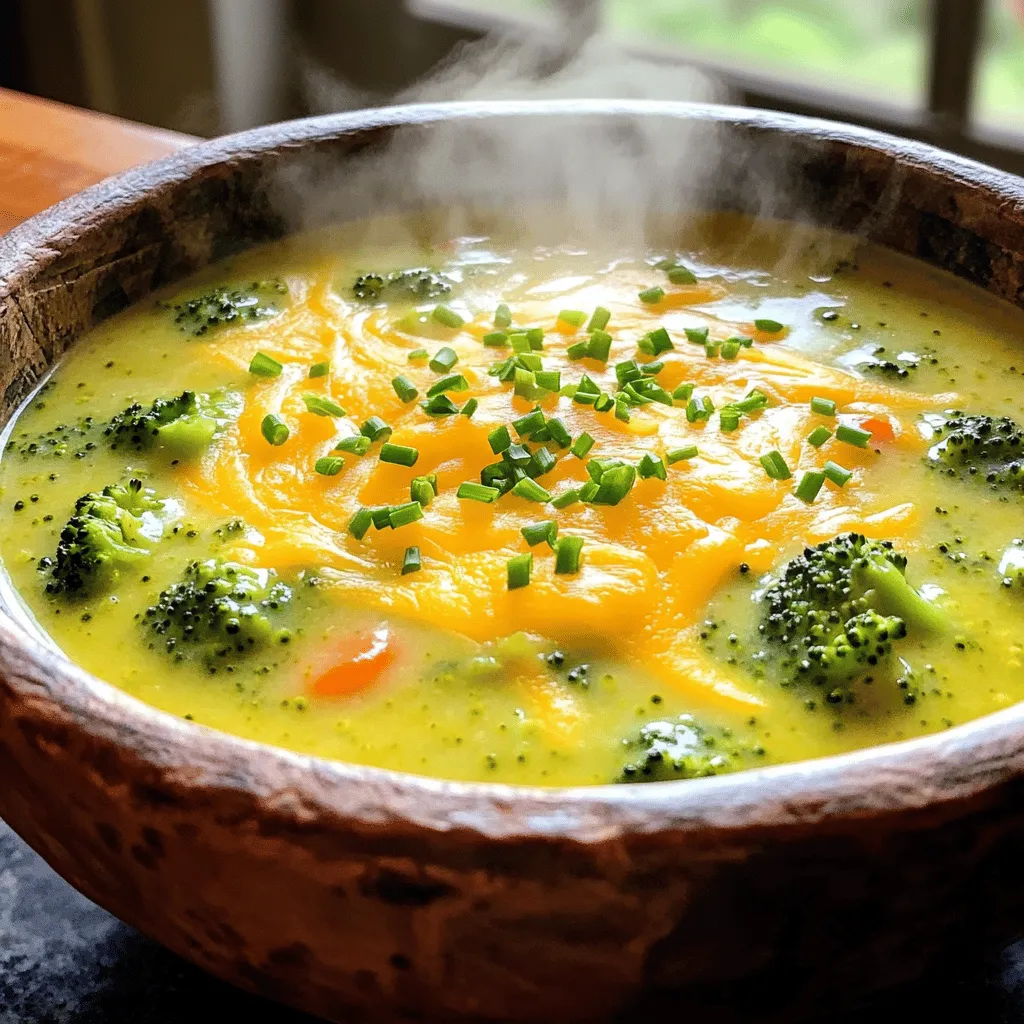 - 4 cups broccoli florets, fresh or frozen - 1 medium onion, diced - 2 cloves garlic, minced - 2 medium carrots, diced - 4 cups vegetable broth - 1 cup whole milk or almond milk - 2 cups sharp cheddar cheese, shredded - 2 tablespoons olive oil - 1 teaspoon salt - 1/2 teaspoon black pepper - 1/2 teaspoon smoked paprika - 1 tablespoon cornstarch (optional, for thickening) - Fresh chives or parsley for garnish You can swap ingredients to fit your taste or needs. If you don't have broccoli, try using cauliflower. This will give a similar texture. You can also use yellow onion instead of white for a sweeter taste. If you like a kick, use pepper jack cheese instead of cheddar. For a dairy-free option, almond milk works great. You can also skip the cornstarch if you prefer a thinner soup. This soup is packed with health benefits. Broccoli is high in vitamins C and K. It helps boost your immune system. Onions contain antioxidants and promote heart health. Garlic can help reduce blood pressure. Carrots are great for your eyes due to their vitamin A content. Using vegetable broth keeps it low in calories while adding flavor. Cheddar cheese provides calcium and protein, and using almond milk can lower calories and fat for those watching their intake. Adding chives or parsley not only enhances the look but also adds vitamins. To start, gather all your ingredients. You need fresh or frozen broccoli, an onion, garlic, carrots, vegetable broth, milk, cheddar cheese, olive oil, salt, pepper, and smoked paprika. Optional cornstarch can thicken the soup. Prepare your veggies by dicing the onion and carrots, and mincing the garlic. If using fresh broccoli, cut it into florets. 1. Heat the olive oil in a large pot over medium heat. Once hot, add the diced onion. Cook for about five minutes until it turns translucent. 2. Next, add the minced garlic and diced carrots. Cook these for about two to three minutes until you smell their rich aroma. 3. Stir in the broccoli florets and pour in the vegetable broth. Bring it to a boil. Then, lower the heat, cover the pot, and let it simmer for fifteen minutes. The broccoli should be soft by now. 4. Now, it’s time to blend the soup. If you have an immersion blender, use it right in the pot. Blend until you reach your desired texture. If you don’t have one, carefully ladle the soup into a regular blender in batches. 5. After blending, pour the soup back into the pot. Stir in the milk and shredded cheddar cheese. Mix until the cheese melts and the soup becomes creamy. 6. Season your soup with salt, black pepper, and smoked paprika. If you want a thicker soup, combine cornstarch with a bit of water to create a slurry. Stir it into the soup until it thickens. 7. Taste your soup and adjust the seasoning as needed. Add more salt, pepper, or smoked paprika if you like. 8. Serve your soup hot. Top it with freshly chopped chives or parsley for a nice touch. Using an immersion blender is quick and easy. You can blend right in the pot, saving time and dishes. This method lets you control the texture better. If you use a regular blender, be careful! Allow the soup to cool slightly before blending. Hot soup can splatter and burn. Blend in small batches for safety and ease. Whatever method you choose, both will yield a delicious, creamy soup! To achieve a creamy broccoli cheddar soup, I focus on two main steps. First, I blend the broccoli with the broth until smooth. This helps to create a rich base. Second, I add cheese slowly while stirring. This ensures the cheese melts evenly. Using sharp cheddar adds a great depth of flavor. If you want it extra creamy, you can mix in whole milk or almond milk. One common mistake is cooking the broccoli too long. This can make it mushy and dull in flavor. I recommend cooking it just until tender, about 15 minutes. Another mistake is adding cheese too quickly. This can cause it to clump instead of melting. Adding it slowly while stirring helps avoid this issue. Lastly, don't skip seasoning. A little salt and pepper go a long way in bringing out the flavors. Seasoning is key to a great soup. I like to use smoked paprika for a hint of warmth. It adds a nice depth without overpowering the dish. You can also try adding fresh herbs like chives or parsley for brightness. These herbs not only add flavor but also make the soup look nice. Always taste your soup before serving to adjust the seasoning as needed. {{image_2}} You can switch up the cheese in your broccoli cheddar soup! While sharp cheddar is classic, other cheeses work well too. Try using Gruyère for a nutty taste. Monterey Jack adds a mild flavor, while Parmesan gives a salty kick. Mixing different cheeses can create a unique depth of flavor. Don’t be afraid to experiment! Want to make your soup even better? Add-ins can change the taste and texture. Try adding cooked chicken or bacon for protein. You can also toss in some potatoes for extra creaminess. For a spicy kick, add diced jalapeños or red pepper flakes. If you like herbs, fresh thyme or basil can brighten your soup. If you want a vegan version, it's easy! Swap the cheddar for vegan cheese. Use almond milk or coconut milk instead of whole milk. Vegetable broth is always a good choice. You can also add nutritional yeast for a cheesy flavor without dairy. This makes the soup just as tasty for everyone to enjoy! To store your leftovers, wait for the soup to cool. Use airtight containers for storage. This keeps the soup fresh. Place the containers in the fridge. Your soup will last up to three days. If you want to keep it longer, freezing is a great option. Freezing your soup is easy. First, let it cool completely. Then, pour it into freezer-safe bags. Remove as much air as possible. This helps prevent freezer burn. You can freeze the soup for up to three months. When ready to eat, thaw it in the fridge overnight before reheating. To reheat your soup, pour it into a pot over low heat. Stir it often to avoid burning. If the soup is too thick, add a splash of milk or broth. You can also use the microwave if you prefer. Heat in short bursts, stirring in between. Enjoy your warm and creamy soup! Yes, you can use frozen broccoli. It cooks well and saves time. Frozen broccoli is usually blanched before freezing. This process helps keep its color and nutrients. Just add it directly to the pot with the broth. The cooking time may be a bit shorter, so watch it closely. You want it tender but not mushy. If you want a thicker soup, cornstarch is a great choice. Mix one tablespoon of cornstarch with a little water to form a slurry. Stir this into the soup during the last few minutes of cooking. The heat will activate the cornstarch and thicken the soup. You can also blend more of the broccoli to create a thicker texture. Another option is to reduce the amount of broth used. Broccoli Cheddar Soup pairs well with many foods. A fresh baguette or crusty bread is perfect for dipping. You might also enjoy it with a simple garden salad. For a heartier meal, add a grilled cheese sandwich on the side. This combo makes for a cozy lunch or dinner that everyone will love. This blog post covered everything you need for perfect Broccoli Cheddar Soup. We explored key ingredients and their nutritional benefits. I shared step-by-step cooking instructions to make the process easy. You learned tips to enhance creaminess and avoid common mistakes. Variations let you customize with different cheeses or vegan options. I also provided storage tips for leftovers to keep your soup fresh. Now, you can confidently make this delicious soup anytime. Enjoy your cooking journey!