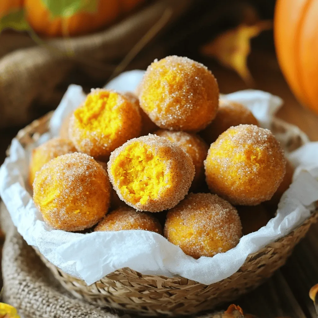 - 1 cup pumpkin puree - 1 cup all-purpose flour - 1/2 cup sugar - 1/4 cup brown sugar - 1 teaspoon baking powder - 1/2 teaspoon baking soda - 1 teaspoon ground cinnamon - 1/2 teaspoon ground nutmeg - 1/4 teaspoon ground ginger - 1/4 teaspoon salt - 1/4 cup milk - 1 large egg - 1 teaspoon vanilla extract - 1 tablespoon melted butter - Cooking spray - Extra sugar and cinnamon for coating To make these tasty donut holes, you need simple ingredients that pack flavor. Pumpkin puree is the star of the show. It gives a rich taste and makes the donut holes moist. The sugars add sweetness, while spices like cinnamon and nutmeg bring warmth. Baking powder and baking soda help them rise, making them fluffy. The egg binds the mixture, and milk adds creaminess. Melted butter gives a nice richness. Cooking spray helps the donut holes crisp up without sticking. Lastly, the extra sugar and cinnamon mix is for rolling after cooking, creating that sweet finish. - Gluten-free flour options: You can use a gluten-free flour blend. Look for brands that weigh the same as all-purpose flour. - Dairy substitutes: Almond milk or oat milk works well instead of regular milk. - Sugar alternatives: Use coconut sugar or monk fruit sweetener for a healthier option. These swaps keep the flavor while catering to different dietary needs. Enjoy the process and make the recipe your own! Mixing wet and dry ingredients Start by grabbing a mixing bowl. Combine the pumpkin puree, egg, milk, melted butter, and vanilla extract. Whisk these ingredients until smooth. In another bowl, mix together the flour, sugar, brown sugar, baking powder, baking soda, cinnamon, nutmeg, ginger, and salt. Stir until well blended. Gradually add the dry mix to the wet mix. Stir gently until just combined, but don’t overmix. The dough should feel soft enough to handle. Forming the donut holes Dust your hands with a little flour. Use a tablespoon to scoop out portions of dough. Roll each scoop into a ball to form donut holes. Aim for even sizes for uniform cooking. Preheating the air fryer Before you cook, preheat your air fryer. Set it to 350°F (175°C) and let it warm for about 5 minutes. A preheated air fryer helps the donut holes cook evenly and become crispy. Temperature settings and timing Place the donut holes in the air fryer basket in a single layer. Make sure not to overcrowd them. You might need to cook in batches. Air fry the donut holes for about 8 to 10 minutes. They should turn golden brown and be cooked through when done. Tips for ensuring even cooking To get the best results, shake the basket halfway through cooking. This helps the donut holes brown evenly on all sides. Keep an eye on them as they cook to prevent burning. How to roll in cinnamon-sugar While the donut holes cook, mix extra sugar and cinnamon in a bowl. When they finish cooking, take them out of the air fryer. While warm, roll each donut hole in the cinnamon-sugar mix. Achieving the perfect coating Make sure each donut hole gets an even coat. This step adds a sweet touch and enhances the flavor. Enjoy the warm, crispy goodness right away for the best taste! To make sure your donut holes turn out crispy, follow these key tips. First, preheat your air fryer to 350°F (175°C). This step helps the donut holes cook evenly. Next, avoid overmixing the dough. When you combine wet and dry ingredients, mix just until combined. A few lumps are okay. Overmixing can make the dough tough, leading to chewy, not crispy, bites. Watch out for a few common mistakes. One major issue is the consistency of your dough. It should be soft but not runny. If it feels too wet, add a bit more flour. Another mistake is overcrowding the air fryer. If you place too many donut holes at once, they won’t cook properly. Cook in batches to ensure each donut hole gets enough hot air around it. To boost the flavor of your donut holes, consider adding extra spices. A pinch of clove or allspice can enhance the pumpkin taste. You can also use vanilla extract for a richer flavor. For serving, try drizzling a bit of maple syrup on top or pairing with a scoop of vanilla ice cream. These ideas make your donut holes even more delicious. {{image_2}} You can easily change up the flavor of your pumpkin donut holes. Adding chocolate chips is a great choice. It adds a sweet touch. Just fold in about half a cup of mini chocolate chips into the dough. This gives you a delightful mix of pumpkin and chocolate in each bite. Maple glaze is another fun option. After cooking the donut holes, whisk together powdered sugar and maple syrup. Drizzle this glaze over the warm donut holes. The sweet and rich flavor of maple pairs wonderfully with pumpkin. You can make these donut holes even more festive. For Halloween, try adding orange food coloring to the dough. This fun twist makes them perfect for your spooky celebrations. You can also use sprinkles to decorate the glaze. For Thanksgiving, consider adding chopped nuts like pecans or walnuts to your dough. This adds some crunch and pairs great with pumpkin. You could also use a sprinkle of nutmeg on top for a holiday touch. If you don’t have an air fryer, you can still enjoy these donut holes. Baking is an easy option. Preheat your oven to 350°F (175°C). Place the donut holes on a lined baking sheet. Bake for around 15-20 minutes. Keep an eye on them until they are golden brown. Deep-frying is another tasty method. Heat oil in a deep pot. Carefully drop in the donut holes and fry until they are golden brown. This method gives them a classic, fluffy texture. Just be sure to drain them on paper towels after frying to remove excess oil. To keep your crispy air fryer pumpkin donut holes fresh, follow these steps: - Let them cool completely. - Place them in airtight containers. - Store in the fridge for up to 3 days. This method helps keep them moist and tasty. When you want to enjoy them again, reheat carefully. Here’s how: - Air Fryer: Preheat to 350°F (175°C). Place donut holes in the basket. Heat for 3-5 minutes. This will make them crispy again. - Microwave: Place on a plate. Heat for 10-15 seconds. They may not be crispy. - Oven: Preheat to 350°F (175°C). Bake for about 5-7 minutes. This keeps them warm and helps with crispiness. If you want to save some for later, freezing works well. Here’s how to do it: - Place cooled donut holes in a single layer on a baking sheet. - Freeze for 1-2 hours until solid. - Transfer to a freezer-safe bag or container. - They can last up to 2 months in the freezer. To thaw, leave them in the fridge overnight. Reheat in an air fryer or oven for the best texture. Crispy Air Fryer Pumpkin Donut Holes can last about 2 to 3 days. Store them in an airtight container at room temperature. They taste best when fresh, so enjoy them quickly for the best flavor! Yes, you can! Make the dough ahead of time and store it in the fridge. You can also shape the donut holes and keep them in the fridge for a few hours before frying. This makes it easy to enjoy them fresh when you want! To keep donut holes fresh, store them in an airtight container. Make sure they cool completely before sealing to avoid moisture. You can also add a paper towel inside to absorb any extra moisture and keep them crispy. Yes, you can use canned pumpkin! Just ensure it's pure pumpkin and not pumpkin pie filling, which has added spices and sugar. Canned pumpkin is a great time-saver and works well in this recipe. Absolutely! You can use coconut sugar, honey, or maple syrup. Just keep in mind that different sweeteners may change the texture and flavor a bit. Adjust the amount to match your taste. If your donut holes are not cooking evenly, try shaking the basket halfway through. This helps them brown evenly. Also, make sure not to overcrowd the basket. Give them enough space for hot air to circulate. Yes, it is a good idea to grease the air fryer basket lightly. Use cooking spray to prevent sticking. This will help your donut holes come out easily and keep them crispy on all sides. In this blog post, we explored a simple recipe for Crispy Air Fryer Pumpkin Donut Holes. We discussed the ingredients you need and even suggested some handy substitutions. You learned step-by-step instructions for mixing, shaping, and cooking. We also covered tips for getting that perfect texture and avoiding common mistakes. Finally, we shared storage solutions and variations to keep things exciting. Enjoying these treats can be fun, and you can easily make them your own!