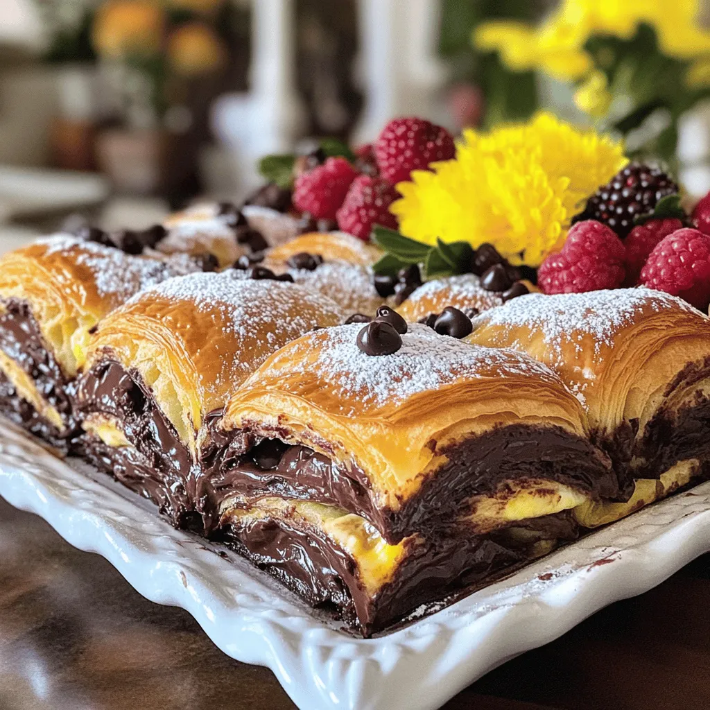 - 4 large chocolate croissants, cut into slices - 4 large eggs - 1 cup whole milk - 1/2 cup heavy cream - 1/4 cup granulated sugar - 1 teaspoon vanilla extract - 1/4 teaspoon salt - 1/2 cup semi-sweet chocolate chips - Optional toppings: powdered sugar for dusting, fresh berries for garnish In this recipe, the chocolate croissants are the star. Their soft, flaky layers soak up the egg mixture. You need four large chocolate croissants, cut into slices. This shape helps them soak up all the flavors. Next, you’ll need four large eggs. Eggs provide richness and help bind everything together. Whole milk and heavy cream add creaminess. Use one cup of whole milk and half a cup of heavy cream for the best results. For sweetness, we add a quarter cup of granulated sugar. This gives your bake a lovely balance. Add one teaspoon of vanilla extract for extra flavor. A pinch of salt, about a quarter teaspoon, enhances all the tastes. Finally, sprinkle half a cup of semi-sweet chocolate chips on top. They melt and create gooey pockets of chocolate. You can add optional toppings like powdered sugar for a pretty finish and fresh berries for color and taste. 1. Preheat your oven to 350°F (175°C). This step is key for a good bake. 2. Grease a 9x13 inch baking dish with butter or cooking spray. This helps the bake release easily. 3. Cut 4 large chocolate croissants into slices. Aim for even thickness for best results. 4. Arrange the sliced croissants in the greased baking dish, overlapping them slightly. This creates layers of deliciousness. 1. In a mixing bowl, whisk together 4 large eggs, 1 cup whole milk, and 1/2 cup heavy cream. 2. Add 1/4 cup granulated sugar, 1 teaspoon vanilla extract, and 1/4 teaspoon salt. Mix until it’s smooth. This mixture adds richness to your croissants. 3. Pour the egg mixture evenly over the croissant slices. Make sure every piece is soaked well. This step ensures flavor in every bite. 1. Sprinkle 1/2 cup semi-sweet chocolate chips over the top of the croissant layer. This adds extra chocolatey goodness. 2. Let the mixture sit for about 15 minutes. This helps the croissants soak up the egg mixture. 3. Bake in the preheated oven for 25-30 minutes. Look for a golden brown top. A knife inserted in the center should come out clean. 4. Once done, remove the dish from the oven. Let it cool for 5 minutes before serving. Enjoy your delightful breakfast bake! To ensure even soaking, pour the egg mixture slowly and evenly over the croissants. This way, every piece gets a good soak. If some slices sit dry, they won't taste as good. After pouring, gently press down on the croissants with a spatula. This helps them absorb the liquid better. When arranging croissants, overlap them slightly in the baking dish. This not only looks nice but also helps them bake evenly. A tight arrangement keeps the croissants moist and allows for better flavor. To achieve the perfect texture, watch your bake time closely. If you bake too long, the croissants can become dry. You want the top to turn golden brown. A knife inserted in the center should come out clean when it’s done. If you want to adjust sweetness, taste the egg mixture before pouring. If you prefer a sweeter bake, add a bit more sugar. You can also use sweeter chocolate chips for added flavor. For garnishes, powdered sugar adds a lovely touch. It makes your dish look fancy. Fresh berries also brighten up the plate and add freshness. They pair well with the rich chocolate. For pairing, serve your breakfast bake with a light fruit salad or yogurt. These options balance the richness of the croissant bake and create a complete meal. {{image_2}} You can change the flavors of your chocolate croissant breakfast bake in fun ways. One option is to add different types of chocolate. Try using dark chocolate or white chocolate chips. Each type brings a new taste and feel. You can also mix in nuts like walnuts or pecans. They add a nice crunch and complement the soft croissants. Fruits can take this dish to another level. Consider adding sliced bananas or berries. Strawberries or raspberries work well. Their natural sweetness pairs nicely with the chocolate. Just sprinkle them on top or mix them into the croissant layers for a fruity twist. If you need a gluten-free option, you can still enjoy this dish. Look for gluten-free croissants made with almond or rice flour. Use the same filling and baking method. The taste might change a bit, but it will still be delicious. For a vegan version, replace eggs with flax eggs. Mix one tablespoon of flaxseed meal with three tablespoons of water and let it sit. Use almond or soy milk instead of whole milk. You can also swap heavy cream with coconut cream. These changes keep the dish tasty and plant-based. This breakfast bake is great for special events. For holiday breakfasts, you can make it festive. Add some peppermint extract or festive sprinkles to the top. Serve it warm with hot cocoa or coffee for a cozy feel. If you want to make it a brunch centerpiece, try serving it with whipped cream or a fruit compote. Dust it with powdered sugar for a lovely finish. Pair it with fresh fruit or a light salad to balance the meal. Your friends and family will love it! To store your Chocolate Croissant Breakfast Bake, first let it cool for about 5 minutes. This cooling time helps avoid excess moisture. Then, cut it into portions. Use airtight containers to keep it fresh. Glass or plastic containers work well. Make sure to keep it in the fridge. This will keep your bake tasty for up to three days. When you are ready to eat your leftovers, preheat your oven to 350°F (175°C). Place a portion of the bake on a baking sheet. Cover it with foil to keep it moist. Heat for about 15 minutes. You can also use the microwave. Heat in short bursts of 30 seconds. Check often to avoid sogginess. If you notice any moisture, let it sit uncovered for a minute or two. You can freeze your assembled or baked breakfast bake. If freezing before baking, cover it tightly with plastic wrap. This helps to keep out air. You can freeze it for up to a month. To thaw, take it out of the freezer a day before. Place it in the fridge overnight. For reheating, follow the same oven instructions. If you freeze the baked version, reheat it as described above. Enjoy your delicious chocolate croissant bake anytime! Can I make this recipe ahead of time? Yes, you can prep this bake the night before. Just cover it and keep it in the fridge. The next morning, bake it fresh. This saves time and makes breakfast easy. How do I know when the breakfast bake is done? Look for a golden brown top. Insert a knife in the center. If it comes out clean, your bake is ready. The edges should also look set and slightly puffed. What can I use instead of heavy cream? You can use half-and-half or milk mixed with butter. This gives a similar creaminess without using heavy cream. It will still taste great! Can I use regular croissants instead of chocolate croissants? Absolutely! Regular croissants work well. You can add chocolate chips or a drizzle of melted chocolate to keep the flavor rich. How many servings does this make? This recipe yields about six servings. Each serving is generous, perfect for sharing with family or friends. Can I halve the recipe for smaller servings? Yes, you can easily cut the recipe in half. Use a smaller baking dish and adjust the cooking time as needed. Check for doneness a bit earlier. This blog post covered a delicious breakfast bake featuring chocolate croissants. You learned about key ingredients, simple steps, and useful tips. Each section helps you create, bake, and enjoy this tasty dish with ease. You can adapt the recipe for special diets or occasions. Remember to enjoy the cooking process and share your yummy results. This dish will impress friends and family at any breakfast or brunch.