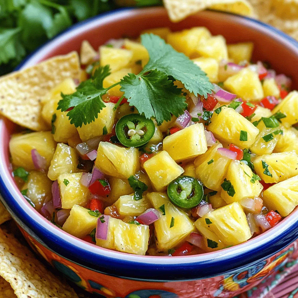 - 1 ripe pineapple, finely diced - 1 red bell pepper, diced - 1/2 small red onion, minced - 1 jalapeño pepper, seeds removed and minced The main ingredients in fresh pineapple salsa bring a burst of flavor. Start with a ripe pineapple. It should feel slightly soft and smell sweet. The red bell pepper adds crunch and sweetness. Use a small red onion for a mild bite. The jalapeño gives a nice kick. Adjust the heat by removing the seeds and ribs. - Juice of 2 limes - 1/4 cup freshly chopped cilantro - Salt to taste - 1 tablespoon honey (optional for sweetness) The lime juice adds tang. It brightens the salsa and balances the sweetness. Fresh cilantro gives it a fresh herby note. A pinch of salt enhances all the flavors. If you like it sweeter, add honey. It’s optional but can make the salsa more complex. Fresh pineapple salsa pairs well with many dishes. It goes great on grilled chicken or fish. You can also serve it with tacos for a tasty twist. For snacks, try it with tortilla chips. Choose sturdy chips to hold the salsa well. You can even use it as a topping for nachos. This salsa is perfect for summer gatherings or barbecues. Start by peeling the pineapple. Use a sharp knife to cut off the skin. Make sure to remove all the eyes. Next, cut the pineapple into small, bite-sized pieces. Aim for pieces that are about the same size. This way, they mix well in the salsa. Uniform pieces help everyone enjoy the flavors together. In a large bowl, combine the diced pineapple, red bell pepper, minced red onion, and jalapeño pepper. Make sure to remove the seeds from the jalapeño for less heat. Drizzle fresh lime juice over the mix. Add finely chopped cilantro. If you like a sweeter taste, add honey now. Mix gently using a spoon. Be careful not to mash the pineapple. You want to keep the pieces intact. Gentle mixing keeps the salsa fresh and bright. Now, season your salsa with a pinch of salt. Mix again to blend the flavors. Let the salsa sit for about 10 minutes at room temperature. This time helps the flavors meld together nicely. Taste the salsa before serving. Adjust the seasoning if needed. Serve your fresh pineapple salsa in a colorful bowl. Pair it with tortilla chips for a perfect summer treat! To make great salsa, pick a ripe pineapple. Look for these signs of ripeness: - A sweet smell at the base. - Yellowing of the skin, especially at the bottom. - Slight softness when you press it gently. For sweet varieties, try to find extra sweet types like "Golden Pineapple." They have a bright yellow color and are very juicy. You can add more fun to your salsa. Here are some ideas: - Mix in diced mango or peach for extra sweetness. - Try adding a pinch of cumin or smoked paprika for a kick. To balance flavors, taste the salsa before serving. If it’s too sweet, squeeze in more lime juice. If it’s too sour, add a bit of honey. How you serve your salsa matters. Here are some fun ideas: - Use a bright bowl to hold the salsa. It makes the colors pop! - Serve with crispy tortilla chips for a great crunch. For garnish, add a few cilantro leaves on top. This makes the dish look fresh and inviting. {{image_2}} You can make your pineapple salsa even more fun by adding other fruits. Try mixing in diced mango or avocado. They add a creamy texture and a sweet taste. Use ripe mango for the best flavor. Avocado will make the salsa rich and smooth. You can also switch up the citrus flavor. Instead of lime juice, use fresh orange or lemon juice. Orange brings a sweet note, while lemon adds a bright, zesty kick. These options keep your salsa fresh and exciting. Not everyone enjoys the same spice level. If you like heat, try using a habanero or serrano pepper. These will add a nice kick. If you want it milder, consider using a sweet bell pepper instead of jalapeño. This way, kids or those who prefer less spice can enjoy it too. You can also remove the seeds and ribs from the peppers. This makes the salsa less spicy without losing flavor. Always taste before serving to find the right heat for your group. Fresh pineapple salsa is naturally gluten-free, making it a great choice for many. If you want to make it vegan, skip the honey. Instead, use a bit of agave syrup or leave it out completely. The pineapple and other fruits provide enough sweetness. These simple swaps make the salsa friendly for various diets. Enjoy it without worry, knowing it fits many eating styles. To keep your fresh pineapple salsa tasty, use a clean, airtight container. Glass jars work great, but plastic containers can work too. Make sure to store it in the fridge. Fresh salsa lasts about 3 to 5 days when stored properly. After that, the flavors may fade. You can freeze pineapple salsa if you want to save some for later. First, put it in a freezer-safe container. Leave some space at the top because the salsa will expand. When you’re ready to eat it, thaw it in the fridge overnight. Be aware that the texture may change. The salsa might be a bit watery when thawed, but it will still taste good. Got leftover salsa? Use it in fun ways! You can add it to tacos, grilled chicken, or fish. It also works well on top of rice or quinoa bowls. If you’re feeling creative, mix it into a salad for a zesty kick. Don’t let any salsa go to waste; it can add flavor to many dishes! Yes, you can make Fresh Pineapple Salsa in advance. It tastes great when made ahead. I suggest storing it in an airtight container. Keep it in the fridge for up to three days. This way, the flavors blend nicely. Just remember to give it a good stir before serving. Fresh Pineapple Salsa goes well with many dishes. Here are some of my favorites: - Grilled chicken or fish - Tacos, especially with shrimp or pork - Tortilla chips for a crunchy snack - Quesadillas for a tasty twist - Salads for a refreshing topping These options will make your meals pop with flavor. To adjust the sweetness of the salsa, you have a few options. If you want it sweeter, add a bit of honey. Start with one tablespoon. Mix well and taste. If it's too sweet, add more lime juice to balance it out. You can also skip the honey if you prefer a more tart flavor. Adjust until you achieve your perfect taste! Fresh pineapple salsa is bright, tasty, and easy to make. You need ripe pineapple, peppers, and onion for the base. Mixing these with lime juice and cilantro brings out great flavors. Don’t forget to serve it with your favorite chips! Remember to try different fruits and spices to customize the taste. Storing it well keeps it fresh for days, and any leftovers can jazz up other meals. Enjoy making this salsa; it adds fun and flavor to any dish!