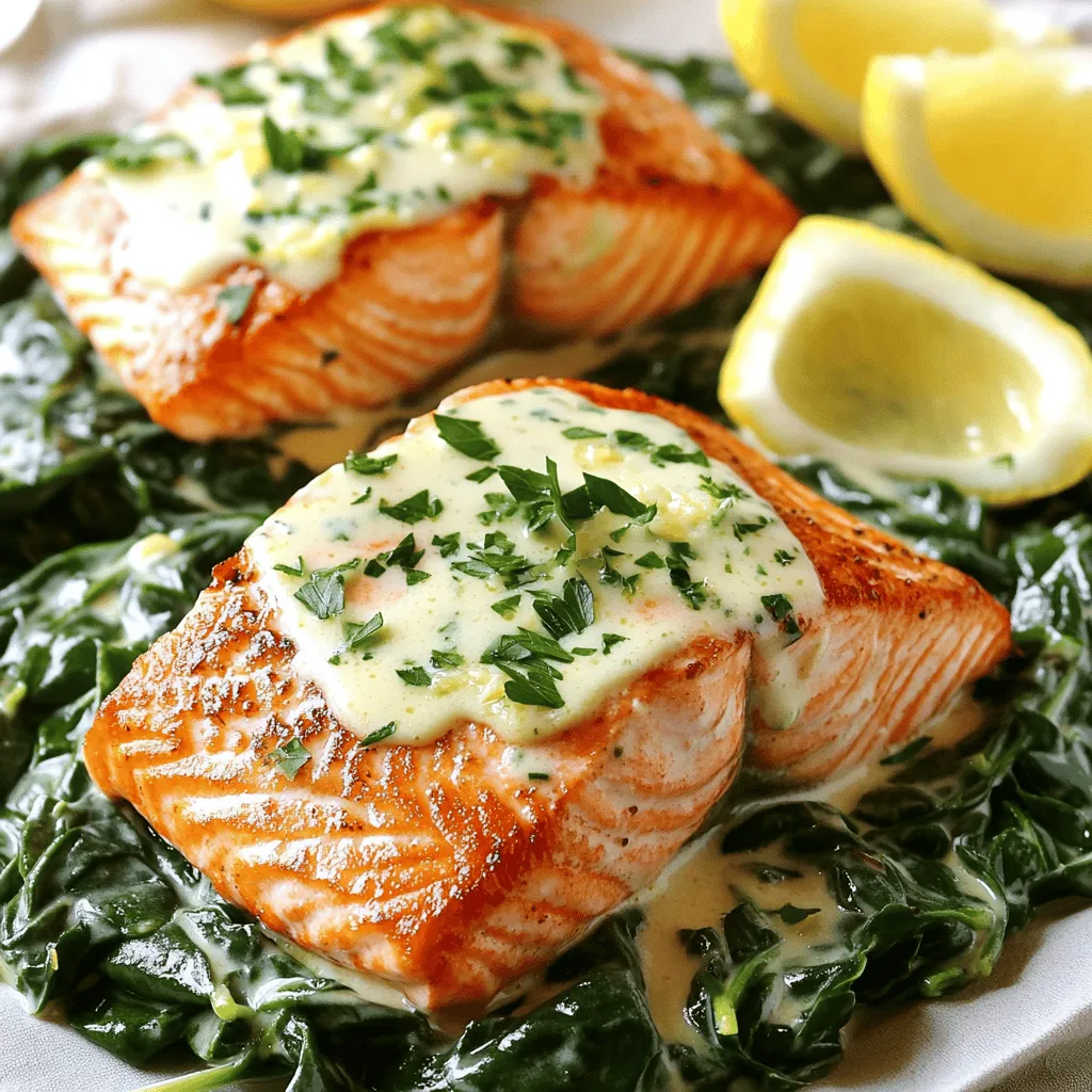 - 2 salmon fillets (about 6 oz each) - 2 cups fresh spinach, chopped - 1 cup heavy cream - 1/2 cup grated Parmesan cheese - 1 tablespoon olive oil - 2 cloves garlic, minced - 1/2 teaspoon crushed red pepper flakes (optional) - Salt and pepper to taste - Lemon wedges for serving - Fresh parsley, chopped for garnish The main ingredients create a rich and tasty dish. Salmon is packed with protein and omega-3 fats. Spinach adds vitamins and color. Heavy cream makes the sauce creamy and smooth. Parmesan cheese gives it a nice cheesy flavor. In the additional ingredients, olive oil helps cook the salmon. Garlic adds a lovely aroma. If you like spice, crushed red pepper flakes can add a kick. Seasoning with salt and pepper enhances all the flavors. Lemon wedges brighten the dish, while parsley adds a fresh touch. This combination makes every bite delicious and enjoyable. To start, you need to season the salmon fillets. Use salt and pepper on both sides. This adds flavor and enhances the dish. When you pick salmon, look for bright color and a fresh smell. The fillets should feel firm and moist. Avoid any fish with a strong, fishy odor or dull color. Next, let's cook the salmon. Heat olive oil in a large skillet on medium-high heat. Place the salmon fillets skin side down if they have skin. Cook for about 4-5 minutes until golden brown. Flip the fillets carefully and cook for another 3-4 minutes. The salmon should be tender and just cooked through. You want it to stay juicy, so don't overcook it. Now it's time to make the cream sauce. Lower the heat to medium after removing the salmon. Add minced garlic to the same skillet and sauté for about 30 seconds until it smells great. Next, add the chopped spinach and stir until it wilts, about 2-3 minutes. Pour in the heavy cream and mix it well. Let it simmer for 2-3 minutes. Then, add grated Parmesan cheese until it melts and the sauce becomes smooth. If you like some heat, toss in crushed red pepper flakes. To finish, gently place the salmon back into the skillet. Spoon the creamy sauce over each fillet. Let it simmer for one more minute to heat through. When serving, plate the salmon and drizzle the creamy spinach sauce over the top. Garnish with chopped parsley and add lemon wedges on the side for a fresh touch. Enjoy your Easy Creamy Salmon Florentine! To keep salmon moist, cook it gently. Use medium heat and avoid overcooking. Aim for a tender center. For a spicy kick, add more crushed red pepper flakes. If you prefer mild flavors, skip the spice. You can also use lemon zest for a fresh taste boost. You can use frozen spinach instead of fresh. Just thaw and drain it well before adding. It saves time and is still tasty. If you want a lighter option, replace heavy cream with half-and-half or coconut milk. These swaps keep the dish creamy. Serve your salmon with a side of rice or crusty bread. It soaks up the creamy sauce well. For garnishing, sprinkle fresh parsley on top. Add lemon wedges on the plate for a pop of color and flavor. This makes your dish look appealing and inviting. {{image_2}} You can change up this dish by adding different vegetables. Sun-dried tomatoes add a sweet and tangy flavor. You can also try bell peppers or mushrooms for more taste. Fresh herbs can enhance the flavor too. Basil and dill work well with salmon. You can mix in some thyme for an earthy twist. If you like a bit of heat, add crushed red pepper flakes. This gives the sauce a nice kick. If you're looking for low-carb or keto options, swap the heavy cream for coconut cream. This keeps the dish creamy while lowering carbs. You can also skip the pasta and serve it over sautéed zucchini noodles instead. For gluten-free alternatives, make sure to use gluten-free pasta if you choose to add it. Always check the labels on your ingredients to ensure they fit your dietary needs. These simple swaps make the dish fit your lifestyle while keeping it delicious. To store leftover Easy Creamy Salmon Florentine, place it in an airtight container. Make sure it cools down before sealing. This keeps the dish fresh and tasty. You can store it in the fridge for up to 3 days. When you're ready to eat, just reheat it gently on the stove or in the microwave. You can freeze this dish for later use. To do this, let it cool completely. Then, place it in a freezer-safe container. Seal it tightly to prevent freezer burn. Easy Creamy Salmon Florentine can last in the freezer for about 2 months. When you want to enjoy it, thaw it overnight in the fridge. To reheat, warm it on low heat so the salmon stays tender. Meal prep makes busy days easier. You can prepare the salmon and spinach ahead of time. Cook them as per the recipe, then store them separately. This way, you can mix and heat them when you're ready to eat. For quick meals, reheat the salmon and sauce in a skillet on low heat. This keeps the flavors fresh and delicious. Can I use skinless salmon fillets? Yes, you can use skinless salmon fillets. Skin adds flavor and moisture but skinless works too. Just adjust cooking time to avoid overcooking. What can I serve with Easy Creamy Salmon Florentine? This dish pairs well with rice, pasta, or a fresh salad. You can also serve it with crusty bread to soak up the sauce. How do I know when the salmon is done? The salmon is done when it flakes easily with a fork. It should still be moist and have a slight glow in the center. Use a food thermometer; the internal temperature should reach 145°F. Can I make this dish in advance? You can make parts ahead of time. Cook the salmon and store it separately. Prepare the sauce and spinach, then combine before serving. This keeps flavors fresh. What is the calorie count? One serving of Easy Creamy Salmon Florentine has about 600 calories. This can vary based on ingredient portions and sides served. Are there healthy substitutions for cream? Yes, you can use Greek yogurt or coconut milk as lighter options. They can add creaminess while reducing calories and fat. Adjust seasonings to match the substitute's flavor. This article detailed how to make Easy Creamy Salmon Florentine. We covered ingredients, cooking steps, and tips. You learned how to prepare and cook salmon and make a delicious sauce. To enjoy the dish longer, we discussed storage methods. Explore variations to adapt to your taste and dietary needs. With these insights, you can create a tasty meal that your family will love. Enjoy making this dish!