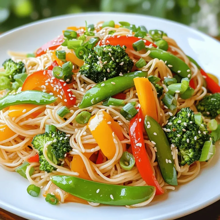 To make Minute Veggie Lo Mein, you need these fresh and tasty ingredients: - 8 oz lo mein noodles - 2 tablespoons sesame oil - 1 cup bell peppers (mixed colors), thinly sliced - 1 cup snow peas, trimmed - 1 cup carrots, julienned - 1 cup broccoli florets - 3 green onions, chopped - 3 cloves garlic, minced - 2 tablespoons soy sauce - 1 tablespoon hoisin sauce - 1 teaspoon ginger, grated - Sesame seeds for garnish These ingredients are key to creating a colorful and flavorful dish. The lo mein noodles serve as the base. They soak up the tasty sauces well. The mix of bell peppers, snow peas, carrots, and broccoli gives great crunch and nutrition. Using sesame oil adds a rich, nutty flavor. Garlic and ginger bring warmth and spice. Lastly, the green onions and sesame seeds provide a fresh touch. This blend of ingredients makes your meal quick and exciting. To cook lo mein noodles, bring a pot of water to a boil. Add the 8 oz lo mein noodles and cook according to the package instructions. This usually takes around 3-5 minutes. Once the noodles are tender, drain them in a colander and set aside. In a large skillet or wok, heat 2 tablespoons of sesame oil over medium-high heat. Add 3 cloves of minced garlic and 1 teaspoon of grated ginger to the pan. Sauté these for about 30 seconds until they smell amazing. Next, toss in 1 cup each of thinly sliced bell peppers, trimmed snow peas, julienned carrots, and broccoli florets. Stir-fry the veggies for about 4-5 minutes. You want them soft but still crisp. Now, add the drained lo mein noodles to the skillet with the sautéed vegetables. Pour in 2 tablespoons of soy sauce and 1 tablespoon of hoisin sauce. Toss everything together well. Cook for another 2-3 minutes until everything is heated through. Finally, remove from heat and stir in 3 chopped green onions for freshness. Serve hot, and don’t forget to sprinkle sesame seeds on top for that extra touch! When picking vegetables, look for bright colors and firm textures. Avoid any that have soft spots or wilting. Fresh veggies bring great taste and crunch to your dish. Seasonal veggies work best for flavor and cost. In spring, try snap peas and asparagus. In summer, use zucchini and bell peppers. Fall brings pumpkins and hearty greens. Winter is perfect for carrots and broccoli. For the best stir-fry, use high heat. Heat your pan before adding oil. This helps seal in moisture. Add garlic and ginger first for strong flavor. Then, add your vegetables in order of cooking time. Start with the hardest veggies like carrots and broccoli, then add softer ones like snow peas. Stir-fry for just a few minutes to keep them crunchy. Want some heat? Add chili sauce for a spicy kick. Start with a small amount and taste as you go. For extra depth, try adding sesame oil or a splash of rice vinegar. You can also mix in soy sauce and hoisin sauce for a sweet and salty flavor. Don’t forget to sprinkle sesame seeds on top for added crunch! {{image_2}} You can add protein to your Minute Veggie Lo Mein for more flavor and nutrition. Tofu, chicken, and shrimp are great choices. - Tofu: Cut firm tofu into cubes. Sauté it in the skillet before adding veggies. Cook for about 5-7 minutes until golden. - Chicken: Thinly slice chicken breast. Cook it in sesame oil until no longer pink, about 5-6 minutes. Then add veggies. - Shrimp: Add shrimp directly to the pan. Cook for about 3-4 minutes until they turn pink. Mix with veggies right after. If you need a gluten-free version, you can easily swap out a few ingredients. Use gluten-free noodles and sauces. - Noodles: Look for rice noodles or gluten-free lo mein noodles. Cook them according to package directions. - Sauces: Choose gluten-free soy sauce and hoisin sauce. Check labels to ensure they are safe. - Vegetables: Use any veggies you like. Try zucchini, asparagus, or mushrooms for a tasty twist. You can change up the sauce to give your dish new flavors. A few simple swaps can make a big difference. - Homemade Sauce: Mix soy sauce, sesame oil, and honey for a sweet twist. You can also add chili paste for heat. - Flavor Profiles: Add peanut butter for a creamy sauce. Try a splash of lime juice for a fresh taste. You can also mix in hoisin sauce with some orange juice for a citrus kick. To store leftovers, let the Veggie Lo Mein cool first. Place it in an airtight container. This helps keep it fresh. Always label the container with the date. Use it within three days for the best taste. For the best container practices, use glass or BPA-free plastic. These materials help maintain flavor and texture. Avoid metal containers, as they can react with the sauces. You can freeze cooked Veggie Lo Mein if you want to save some for later. Make sure it cools completely. Then, place it in a freezer-safe bag or container. Remove as much air as possible to avoid freezer burn. This meal can last up to three months in the freezer. For reheating frozen meals, thaw it overnight in the fridge. Then, warm it in a skillet over medium heat. Add a splash of water or broth to help it heat evenly. Stir often for best results. In the fridge, Veggie Lo Mein will last about three days. Keep it tightly sealed for the best quality. If it smells off or looks slimy, it’s time to toss it. Signs to look for spoilage include a change in color or texture. If the noodles feel mushy, they may not be safe to eat. Always trust your senses when checking for freshness. Cooking Veggie Lo Mein takes about 20 minutes. - Prep time: 10 minutes - Cooking time: 10 minutes This quick meal comes together fast. You cook the noodles, sauté veggies, and mix it all in. It’s perfect for busy days. Yes, you can make Veggie Lo Mein ahead of time! - Store it in the fridge for up to three days. - Use airtight containers for best results. When making it ahead, cook the noodles and veggies. Keep the sauce separate until you’re ready to eat. This helps keep everything fresh and tasty. You can easily swap lo mein noodles for other options. - Rice noodles: Great for a gluten-free choice. - Zucchini noodles: A low-carb option that’s very popular. These substitutes work well. Just cook them according to the package or recipe. You can still enjoy the same great flavors in your Veggie Lo Mein! In this post, I covered how to make a tasty Veggie Lo Mein. I shared the key ingredients, step-by-step cooking instructions, and valuable tips for choosing veggies and enhancing flavors. You can easily customize this dish with proteins or sauces to suit your taste. Remember, enjoy fresh ingredients and proper storage for the best results. Veggie Lo Mein is versatile, simple, and sure to please. I hope you feel inspired to create your own delicious version!