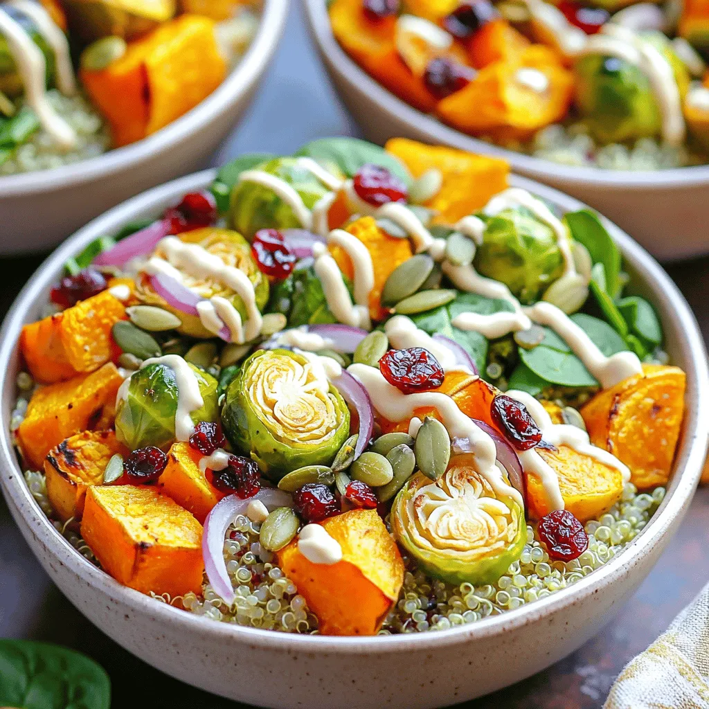 The main ingredients in roasted fall veggie grain bowls give a hearty feel. Here’s what you need: - 1 cup quinoa, rinsed - 2 cups vegetable broth - 1 medium sweet potato, peeled and diced - 1 cup Brussels sprouts, trimmed and halved - 1 red onion, cut into wedges - 1 cup butternut squash, peeled and diced - 2 tablespoons olive oil - 1 teaspoon smoked paprika - 1 teaspoon ground cumin - Salt and pepper to taste - 1 cup baby spinach - 1/2 cup dried cranberries - 1/4 cup pumpkin seeds - 2 tablespoons tahini - Juice of 1 lemon The quinoa serves as a great base. It adds protein and fiber. The sweet potato and butternut squash bring sweetness. Brussels sprouts and red onion add depth. The spices enhance the veggies' natural flavors. You can customize your grain bowls with some optional ingredients. Here are a few ideas: - Swap quinoa for brown rice or farro for a different grain. - Use kale instead of baby spinach for a more robust flavor. - If you don’t have tahini, try almond butter or yogurt for creaminess. - Add nuts like walnuts or pecans for extra crunch. This flexibility lets you adapt the recipe to your taste and what you have on hand. Each bowl packs a nutritious punch. Here’s a quick breakdown of the key nutrients: - Quinoa: High in protein and gluten-free. - Sweet potato: Rich in vitamins A and C. - Brussels sprouts: Great source of fiber and antioxidants. - Pumpkin seeds: Packed with magnesium and zinc. This dish is not only delicious but also supports a balanced diet. Enjoying these bowls regularly can help enhance your health and well-being. Start by rinsing one cup of quinoa under cold water. This step helps remove bitterness. Next, bring two cups of vegetable broth to a boil in a medium pot. Add the rinsed quinoa and reduce the heat to low. Cover the pot and let it simmer for about 15 minutes. The quinoa will absorb all the liquid and become fluffy. Once done, remove it from heat and let it sit for a few minutes before fluffing it with a fork. Preheat your oven to 400°F (200°C) and line a baking sheet with parchment paper. Chop the sweet potato into small cubes, trim and halve the Brussels sprouts, and cut the red onion into wedges. Dice the butternut squash as well. Spread these vegetables evenly on the baking sheet. Drizzle two tablespoons of olive oil over them. Season with one teaspoon of smoked paprika, one teaspoon of ground cumin, and salt and pepper to taste. Toss everything well so that each piece is coated. Roast the vegetables for 25-30 minutes, stirring halfway through. They should become tender and caramelized. Once the quinoa and vegetables are ready, combine them in a large bowl. Add one cup of baby spinach, half a cup of dried cranberries, and a quarter cup of pumpkin seeds. In a small bowl, mix two tablespoons of tahini with the juice of one lemon until smooth. Drizzle this tahini mixture over the grain bowl. Gently toss everything to mix the flavors. Taste and adjust the seasoning with more salt or pepper if needed. For a beautiful presentation, serve the grain bowls in individual dishes. Top with extra pumpkin seeds and a few spinach leaves for a nice touch. To enhance your roasted fall veggie grain bowls, focus on seasoning. Use smoked paprika and ground cumin for a warm, earthy taste. You can always adjust salt and pepper to suit your taste. Try adding garlic powder or onion powder for more depth. A dash of cayenne can give it a kick if you like heat. Fresh herbs like thyme or rosemary can also elevate the dish. Just chop a few leaves and toss them in before serving. Meal prep can make this recipe even easier. Cook a larger batch of quinoa at once. Store it in the fridge for up to a week. Roast more vegetables than you need, too. They keep well and add great flavor to salads or wraps. Portion your grain bowls into containers for quick lunches. This makes it simple to grab and go during busy days. Store leftover grain bowls in airtight containers. They can last in the fridge for about four days. To reheat, use a microwave for quick warming. You can also heat them in a skillet over low heat. Add a splash of vegetable broth to keep things moist. If you want to enjoy them cold, they make a great salad base! {{image_2}} You can switch up the grain in this recipe. Quinoa is great, but other grains work well too. Try brown rice for a heartier base. Farro offers a chewy texture that adds depth. Barley brings a nutty flavor, while millet is gluten-free and light. These grains all absorb flavors well and pair nicely with the veggies. Feel free to mix and match your veggies. Carrots add sweetness, while parsnips lend a unique taste. You can use cauliflower or broccoli for a green touch. Beets bring vibrant color and earthiness. Zucchini or bell peppers can add freshness. Roasting any of these will give you a tasty, colorful bowl. Adding protein boosts the meal's nutrition. Chickpeas are a fantastic choice; they add creaminess and fiber. Cooked lentils work well too, adding a robust flavor. For meat lovers, roasted chicken or turkey can be great additions. Don't forget to top with seeds or nuts for a crunchy finish. Feta or goat cheese can bring creaminess, while a dollop of yogurt adds tang. After you make your roasted fall veggie grain bowls, store them in the fridge. Use airtight containers to keep them fresh. The bowls will stay good for about three to four days. Always let them cool down before placing them in the fridge. This step helps keep the veggies crisp. You can freeze extra roasted veggies, too! Place them in freezer bags. Remove as much air as you can before sealing. These veggies will keep well for up to three months in the freezer. When you're ready to eat, thaw them in the fridge overnight. Then, reheat them in a skillet or the oven. Prepared grain bowls can last in the fridge for about three to four days. However, the taste and texture may change after a couple of days. If you want the best flavor, eat them within the first two days. Always check for any signs of spoilage before enjoying your meal. This way, you'll enjoy the best of your roasted fall veggie grain bowls! This recipe is already vegetarian. To make it vegan, just skip any honey or dairy. Use vegetable broth, which is already in the recipe. The tahini and lemon juice add creaminess without any animal products. You can also add more veggies or swap the dried cranberries for another fruit. Absolutely! You can use many vegetables for roasting. Carrots, beets, or cauliflower work well too. Just keep the cooking time in mind. Some veggies might need more or less time. Cut them into similar sizes to ensure even cooking. Feel free to mix and match based on what you have. To reheat leftovers, use the oven or microwave. For the oven, preheat to 350°F (175°C). Place the grain bowl on a baking sheet. Heat for about 10-15 minutes or until warm. If using a microwave, place in a bowl and cover with a damp paper towel. Heat for 1-2 minutes, stirring halfway through. This keeps everything moist and tasty. You learned about the main ingredients and how to prepare a tasty grain bowl. We explored preparation steps like cooking quinoa and roasting veggies. You now have tips for better flavors and meal prep. You can also try different grains and veggies or add proteins. Finally, I shared ways to store your bowls and answered common questions. Enjoy making your own grain bowls, and feel free to get creative! Your meals can be healthy, fun, and easy.