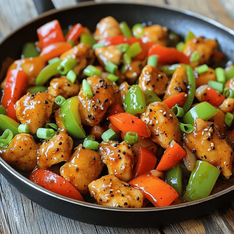 To make Black Pepper Chicken, you need the following main ingredients: - 500g boneless chicken thighs, cut into bite-sized pieces - 2 tablespoons black pepper, coarsely crushed - 3 cloves garlic, minced - 1-inch piece of ginger, grated - 1 red bell pepper, sliced - 1 green bell pepper, sliced - 1 onion, sliced These ingredients form the base of the dish, giving it a rich and savory flavor. The chicken thighs keep the dish juicy, while the bell peppers add a nice crunch. The right seasonings enhance flavors. You will need: - 1 tablespoon soy sauce - 1 tablespoon oyster sauce - 1 tablespoon sesame oil - 2 tablespoons vegetable oil - Salt to taste The soy sauce and oyster sauce add depth. Sesame oil brings a nutty taste that elevates the dish. Black pepper is the star here, giving it a warm kick. To make your dish look great, consider these garnishes: - 2 green onions, chopped Chopped green onions add a fresh touch. They also give a pop of color to the dish. You can sprinkle them right before serving for the best effect. Enjoy making this flavorful meal! Start by cutting 500g of boneless chicken thighs into bite-sized pieces. Place the chicken in a bowl. Add 3 cloves of minced garlic and a 1-inch piece of grated ginger. Sprinkle in 2 tablespoons of coarsely crushed black pepper. Pour in 1 tablespoon each of soy sauce, oyster sauce, and sesame oil. Mix it all well. Let the chicken marinate for at least 20 minutes. This step builds deep, rich flavors. Heat 2 tablespoons of vegetable oil in a large pan or wok over medium-high heat. Once the oil is hot, add the marinated chicken. Cook it for about 5 to 7 minutes. Stir often until the chicken turns golden brown and is fully cooked. This keeps the chicken juicy. After cooking, take the chicken out and set it aside. In the same pan, add sliced onion and both red and green bell peppers. Stir them for about 3 to 4 minutes. You want them to soften but still have a bit of crunch. This adds texture to your dish. Keep an eye on them so they don’t burn! Return the cooked chicken to the pan with the sautéed vegetables. Mix everything together well. Cook for an additional 2 to 3 minutes. This lets the flavors meld. Taste your dish and add salt or more black pepper as needed. Finally, remove it from heat and garnish with chopped green onions. This adds a fresh touch to your dish! To get tender chicken, start with boneless thighs. They stay juicy and cook fast. Marinate the chicken for at least 20 minutes. This adds flavor and keeps it moist. Sauté the chicken on medium-high heat. This helps to seal in the juices. Avoid overcooking, as it can dry out the meat. Fresh ingredients always taste better. Use fresh garlic and ginger for a strong flavor. Fresh bell peppers add crunch and color. If you must use pre-packaged items, choose high-quality brands. Look for whole spices instead of ground ones. They have a bolder flavor and aroma. Black pepper adds heat, but you can control it. Start with the suggested amount, then taste. If you want more heat, add extra black pepper. For less spice, use less pepper. You can also add sweet bell peppers to balance the heat. Always taste as you go to find your perfect level. {{image_2}} You can add broccoli for a healthy twist. Just steam the broccoli until it's bright green. Toss it in with the chicken and peppers. This adds color and nutrients to your dish. The crunch of the broccoli pairs well with the tender chicken. It makes the meal more filling and satisfying. If you want a vegetarian option, use tofu or tempeh. Cut the tofu into cubes and press it to remove water. Marinate it just like the chicken. Sauté until golden brown. Tempeh can also work well. It has a nutty flavor and a firm texture. Both options soak up the sauce and taste great. You can play with sauces to change the taste. Try hoisin sauce for a sweet kick. Teriyaki sauce adds a savory flavor. You can even use a spicy sauce for heat. Mix and match to find your favorite flavor. Each sauce brings a new twist to the dish. This keeps your meals exciting and fun. After enjoying your Black Pepper Chicken, store any leftovers in an airtight container. This keeps the chicken fresh and tasty. Let it cool to room temperature first. Avoid putting hot food directly in the fridge. Leftovers can last for up to three days. Always label the container with the date to track freshness. To reheat, use a skillet on medium heat. Add a splash of water or broth to keep it moist. Stir until heated through, about five minutes. You can also use a microwave. Place the chicken in a microwave-safe dish and cover it. Heat for one to two minutes, checking often to avoid overcooking. If you want to save some for later, freezing is a great option. Use a freezer-safe container or a resealable bag. Remove as much air as possible to prevent freezer burn. It can last for up to three months in the freezer. When ready to eat, thaw it overnight in the fridge before reheating. This keeps the flavors intact and ensures a delicious meal. You can pair Black Pepper Chicken with many tasty sides. Rice is a great choice. White rice or fried rice works well. You can also serve it with noodles, like lo mein. For a healthy option, try steamed broccoli or green beans. A fresh salad adds a nice crunch too. Black Pepper Chicken has a mild to medium spice level. The crushed black pepper gives it a nice kick. You can adjust the spice by adding more or less black pepper. If you like it hotter, try adding some chili flakes or fresh chilies. Yes, you can make Black Pepper Chicken ahead of time. Cook it and let it cool. Then, store it in an airtight container. It stays good in the fridge for up to three days. Reheat it on the stove or in the microwave before serving. Boneless chicken thighs work best for this dish. They stay juicy and tender when cooked. You can also use boneless chicken breasts if you prefer. Just be careful not to overcook them, as they can dry out. Yes, there are gluten-free sauces available. Look for gluten-free soy sauce and oyster sauce in stores. You can also use tamari as a soy sauce substitute. Always check labels to ensure they are gluten-free. You learned about the key steps to making black pepper chicken. From marinating the chicken to sautéing fresh veggies, each step adds flavor. I shared tips to make your chicken tender and spice things up just right. You also explored fun variations and best storage practices. Remember, cooking is about personal touch. So, feel free to try new flavors and methods. Your black pepper chicken can be a unique dish that suits your taste. Enjoy cooking and the great meals ahead!