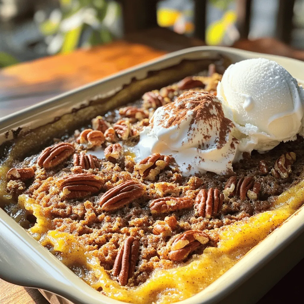 To make a delicious Pecan Pie Dump Cake, you need simple and tasty ingredients. Here’s what I use: - 1 cup chopped pecans - 1 cup brown sugar - 1 cup granulated sugar - 1 teaspoon vanilla extract - 1 cup unsalted butter, melted - 1 cup evaporated milk - 1 box yellow cake mix - 1/2 teaspoon cinnamon - Whipped cream or vanilla ice cream for serving (optional) These ingredients come together to create a sweet and nutty flavor. The pecans add crunch, while the sugars give it a rich taste. Using melted butter makes the cake moist. Evaporated milk adds creaminess, which makes it even better. You can choose to top it with whipped cream or ice cream for that perfect finish. This cake is easy to make, and you can find all these ingredients at your local store. - Preheat your oven to 350°F (175°C). - Grease a 9x13 inch baking dish. - Combine 1 cup of chopped pecans, 1 cup of brown sugar, and 1 cup of granulated sugar in a bowl. Mix well with a spoon. - In another bowl, whisk together 1 cup of melted butter, 1 cup of evaporated milk, and 1 teaspoon of vanilla extract until it looks smooth. - Pour the butter mixture into the bowl with the pecan and sugar mix. Stir gently until it looks combined. - Spread this mixture evenly in the greased baking dish. - Sprinkle the dry yellow cake mix over the top. Do not stir; just let it sit on top. - Dust the cake mix with 1/2 teaspoon of cinnamon for extra flavor. - Bake in your preheated oven for 40-45 minutes. - Check the cake for a golden brown top and bubbling edges. It should look delicious! To make this cake just right, use room temperature ingredients. This helps them mix better. Allow the cake to cool slightly before serving. This will make it easier to slice and enjoy. For the best experience, top your cake with whipped cream or a scoop of vanilla ice cream. This adds a nice touch of creaminess. You can also garnish with extra pecans for a pretty finish. It makes the dessert look more inviting and taste even better. One common mistake is stirring the cake mix into the pecan layer. Just sprinkle it on top and leave it. This keeps the layers nice. Another mistake is overbaking or underbaking the cake. Check it often. It should be golden brown and bubbly around the edges. {{image_2}} You can swap pecans for walnuts or almonds if you want. Both nuts add a nice crunch. You could also mix in some chocolate chips for a sweet twist. The chocolate pairs well with the sweet flavors of the cake. For a healthier version, try using natural sweeteners instead of regular sugar. Honey or maple syrup works great. You can also use low-fat evaporated milk. This keeps your cake creamy without the extra fat. Want to boost the flavor? Add a splash of bourbon or rum to the mix. This gives your cake a deeper taste that feels special. You can also try spices like nutmeg or ginger. These spices add warmth and a unique twist. To store leftover Pecan Pie Dump Cake, let it cool first. Then, cover it with plastic wrap. You can also use an airtight container. This keeps it fresh and moist. Store it in the fridge for up to four days. If you want to keep it longer, freezing is a great option. Cut the cake into slices. Wrap each slice in plastic wrap and then foil. This prevents freezer burn. You can freeze it for up to three months. When ready to eat, thaw it overnight in the fridge. To reheat, warm it in the oven at 350°F for about 10-15 minutes. This helps to keep the texture nice. When refrigerated, expect it to last about four days. If frozen, enjoy it within three months for the best taste. Always check for any signs of spoilage before eating. Yes, you can swap the yellow cake mix. Vanilla cake mix works well for a light taste. A chocolate cake mix adds rich flavor. For a warm spice, try a spice cake mix. Each option gives a unique twist to your dessert. Look for a golden brown top. The edges should bubble slightly. You can also insert a toothpick in the center. If it comes out clean, the cake is ready. Let it cool a bit before serving. Yes, with some tweaks, it can fit special diets. For a gluten-free option, use a gluten-free cake mix. To make it dairy-free, replace butter with a plant-based option. You can also use coconut milk instead of evaporated milk. You can find the full recipe earlier in this article. It includes all ingredients and steps to make this tasty Pecan Pie Dump Cake. This post explored a simple recipe for Pecan Pie Dump Cake. We covered the ingredients needed, step-by-step instructions, and tips for perfecting your cake. Remember to let the cake cool before serving for the best taste. You can swap pecans for other nuts or modify the sugars for a healthier option. With these ideas, you can enjoy a delicious dessert any time. Try this easy recipe and impress your family and friends with your baking skills!