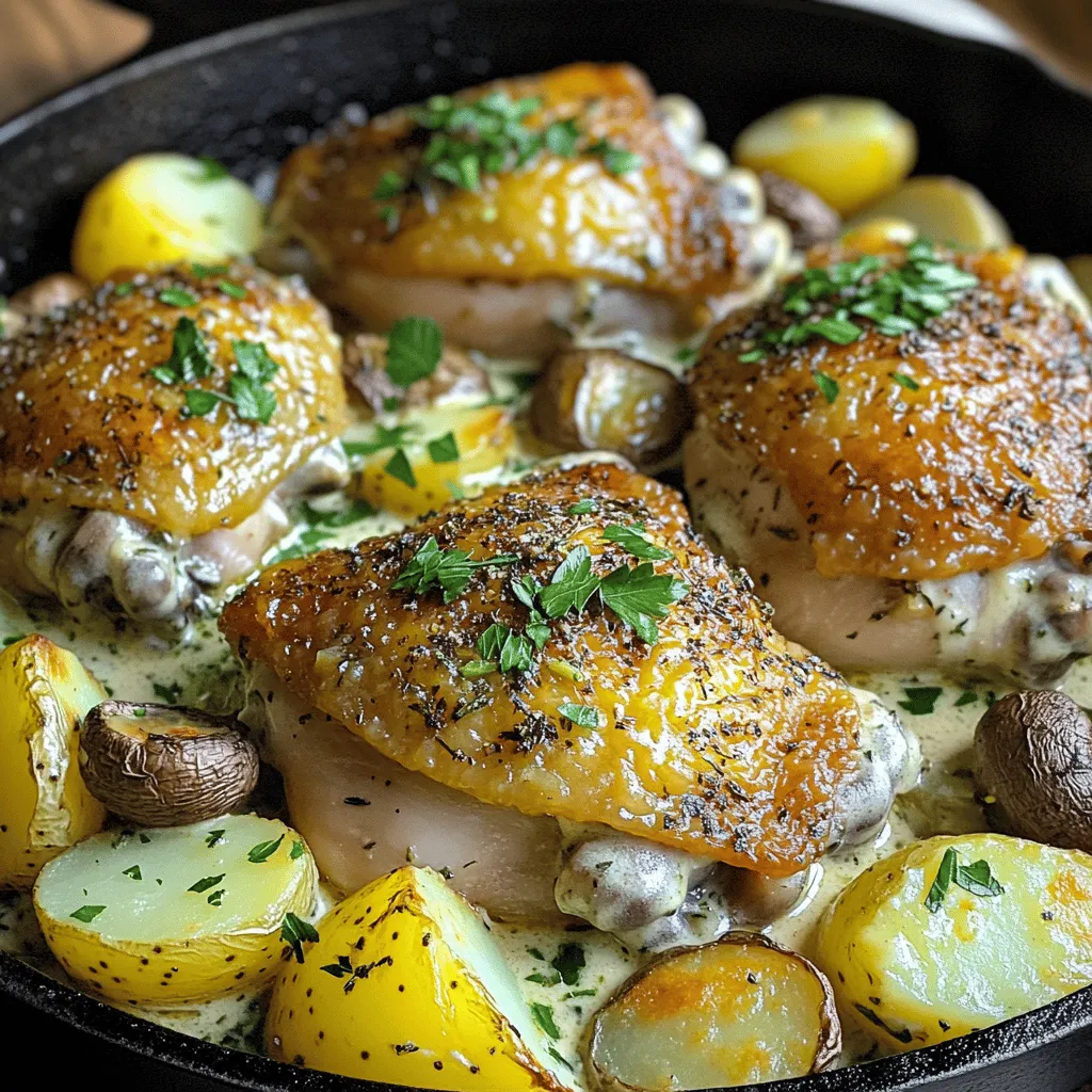 - 4 bone-in, skin-on chicken thighs - 4 medium-sized potatoes, cut into quarters - 8 ounces of cremini mushrooms, halved - 1 cup heavy cream - 4 cloves garlic, minced - 1 tablespoon fresh rosemary, chopped - 1 tablespoon fresh thyme, chopped - 2 tablespoons olive oil - Salt and pepper to taste - Fresh parsley for garnish This dish brings together simple yet flavorful ingredients. The chicken thighs are rich and juicy. They give a great taste to the meal. The potatoes add heartiness, while the mushrooms bring an earthy note. I love using fresh herbs like rosemary and thyme. They really boost the flavor. Garlic adds a warm, savory touch that makes the sauce sing. Heavy cream ties everything together. It creates a smooth and rich sauce. When baked, it coats the chicken and veggies, making each bite creamy and delicious. Don't forget the olive oil! It helps brown the chicken and veggies while adding flavor. Salt and pepper are key too; they enhance every taste in the dish. Fresh parsley makes a lovely garnish. It adds color and a hint of freshness to the plate. This dish is not just about taste, but also about presentation. You can find all these ingredients at your local store. Grab them, and you are ready to start cooking! - Preheat your oven to 400°F (200°C). - Prepare potatoes and mushrooms in a large bowl. Start by preheating your oven. This step is key to getting the chicken and veggies nice and crispy. While the oven heats, grab a large bowl. Cut your potatoes into quarters and add them to the bowl. Next, take your cremini mushrooms and halve them. Toss these in with the potatoes. Drizzle 1 tablespoon of olive oil over the potatoes and mushrooms. Add salt and pepper to taste. Toss everything until it is well-coated. This helps the flavors blend and ensures even cooking. - Create the creamy herb sauce and pour over chicken and vegetables. In the same bowl, we will make the creamy herb sauce. First, add 1 cup of heavy cream. Then, throw in 4 cloves of minced garlic, 1 tablespoon of chopped rosemary, and 1 tablespoon of chopped thyme. Mix everything well. The sauce should be creamy and aromatic. Now, take a large cast-iron skillet or a roasting pan. Arrange your seasoned potatoes and mushrooms in an even layer. Place the chicken thighs on top of the vegetables. Finally, pour the creamy herb sauce over everything. Make sure the chicken and veggies are well covered. - Bake and monitor the dish halfway through cooking for even roasting. Now it’s time to bake! Slide your skillet into the preheated oven. You will need to bake it for 45-50 minutes. The chicken should reach an internal temperature of 165°F (75°C) when done. Halfway through cooking, gently stir the potatoes and mushrooms. This will help them roast evenly and soak up more sauce. Enjoy the delicious smells filling your kitchen as it cooks! To get crispy chicken skin, start with dry chicken thighs. Pat them dry with paper towels. This step helps the skin become crispy when roasting. Next, use a hot oven set at 400°F (200°C). Cook the chicken for 45-50 minutes to achieve that beautiful golden-brown hue. To test for doneness, use a meat thermometer. Insert it into the thickest part of the thigh. The chicken is safe to eat when it reaches 165°F (75°C). You can also cut into the thigh. The juices should run clear, not pink. For a twist on the creamy herb sauce, add a splash of lemon juice. This brightens the flavor and adds a nice tang. You can also mix in some grated Parmesan cheese. It gives the sauce a rich depth. If you like heat, add a pinch of red pepper flakes for a subtle kick. When serving, I love to keep it rustic. You can serve directly from the skillet. It looks inviting and warm. If you want a more elegant touch, transfer everything to a large serving platter. Don’t forget to sprinkle fresh parsley on top. This adds color and freshness to the dish. {{image_2}} You can easily switch up your main ingredients. Here are some simple swaps: - Chicken: Use chicken breasts or drumsticks instead of thighs. - Mushrooms: Try shiitake or button mushrooms for a different taste. These swaps can change the texture and flavor. Chicken breasts will be leaner, while drumsticks offer juicy meat. Different mushrooms can add unique notes to your dish. Want to add a twist? Here are some flavor ideas: - Herbs: Mix in other herbs, like oregano or sage, for a fresh taste. - Wine: Add a splash of white wine to the sauce. This gives a nice depth. Herbs can brighten the dish and make it more fragrant. A bit of white wine can enhance the creaminess and add a rich flavor. Experiment with these ideas to find your favorite! After enjoying your creamy herb roasted chicken, store any leftovers in an airtight container. This keeps the chicken, mushrooms, and potatoes fresh. Place the container in the refrigerator within two hours of cooking. The dish will stay good for up to three days. Make sure to label the container with the date. This helps you track freshness easily. To reheat your chicken, preheat your oven to 350°F (175°C). Place the chicken and veggies in a baking dish. Cover it with foil to keep moisture in. Heat for about 20-25 minutes, or until warm. Check the temperature to ensure it's at least 165°F (75°C). This method keeps the chicken juicy and the skin crispy. If you want to save some for later, you can freeze the dish. Let the chicken cool completely before freezing. Place it in a freezer-safe container. This way, it can last for about three months. When ready to eat, thaw it overnight in the fridge. Reheat as mentioned above for the best taste. How long does it take to cook chicken thighs? It takes about 45 to 50 minutes to cook chicken thighs at 400°F. Check the internal temperature. It should reach 165°F for safety. The skin will turn golden brown as it cooks. Can I make this dish in advance? Yes, you can prepare this dish ahead of time. Cook the chicken and veggies, then store them in the fridge. Reheat in the oven at 350°F until warm. This makes meal prep easy. What side dishes pair well with Creamy Herb Roasted Chicken with Mushrooms and Potatoes? This dish goes well with a fresh green salad or steamed veggies. You can also serve it with crusty bread to soak up the creamy sauce. Enjoy a well-rounded meal! This recipe for Creamy Herb Roasted Chicken with Mushrooms and Potatoes is a delight. You learned about the key ingredients, step-by-step cooking methods, and tips to make it perfect. Consider the variations to keep it fresh each time. Store leftovers properly to enjoy later, and reheating techniques keep the flavors bright. Try this dish with your favorite sides for a full meal. With these details, you can create a warm, satisfying meal for family or friends. Happy cooking!