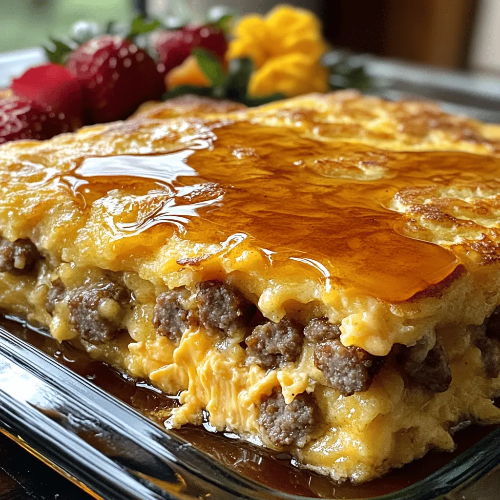 To make the Sausage Pancake Breakfast Casserole, you will need the following ingredients: - 8 large eggs - 2 cups milk - 2 cups pancake mix - 1 pound breakfast sausage - 1 cup shredded cheddar cheese - 1/2 cup maple syrup - 1 teaspoon vanilla extract - 1 teaspoon baking powder - 1/2 teaspoon salt - 1/2 teaspoon ground cinnamon - Optional: Fresh fruit for garnish These ingredients come together to create a warm and filling dish. The eggs and milk form a rich base, while the pancake mix gives it that fluffy texture. The sausage adds a savory touch, and the cheddar cheese gives it a lovely melt. Maple syrup and vanilla bring sweetness and warmth, while cinnamon adds a hint of spice. You can customize this dish by using different types of sausage, such as turkey or plant-based options. Fresh fruit can brighten up the plate and add a burst of color. This combination makes for a delightful breakfast that everyone will enjoy! - Preheat your oven to 350°F (175°C). - Grease a 9x13 inch baking dish with butter or cooking spray. This helps the casserole come out easily. - In a skillet, cook the breakfast sausage over medium heat. Use a spatula to break it apart. - Cook until the sausage is browned and fully cooked. This usually takes about 7 to 10 minutes. - Drain any excess grease from the sausage and set it aside to cool slightly. - In a large mixing bowl, whisk together 8 large eggs, 2 cups of milk, 1/2 cup of maple syrup, and 1 teaspoon of vanilla extract. - Make sure everything is well mixed. The eggs add fluffiness to the dish. - In another bowl, combine 2 cups of pancake mix, 1 teaspoon of baking powder, 1/2 teaspoon of salt, and 1/2 teaspoon of ground cinnamon. - This mix brings flavor and structure to the casserole. - Gradually add the dry mixture to the wet ingredients. Stir gently until just combined. - Be careful not to overmix. Overmixing can make your casserole tough. - Fold in the cooked sausage and 1 cup of shredded cheddar cheese until evenly distributed. - Pour the batter into the prepared baking dish. Spread it out evenly. - Bake in the oven for 25-30 minutes. To check doneness, insert a toothpick into the center. It should come out clean. - Let the casserole cool for about 10 minutes before slicing it into squares. Enjoy your delicious creation! To get the best texture in your sausage pancake breakfast casserole, follow these tips: - Mix the wet ingredients well. Combine eggs, milk, maple syrup, and vanilla until smooth. - When adding the dry mix, stir gently. This helps keep the batter light and fluffy. - Be careful not to overmix. Overmixing can make the casserole dense instead of soft. Garnish your casserole to make it look great: - Drizzle extra maple syrup on top for sweetness. - Add fresh fruit like berries or banana slices for a pop of color. - Serve with crispy bacon or sausage links on the side for extra protein. You can prepare this casserole in advance for busy mornings: - Mix all the wet and dry ingredients the night before. Store them in the fridge. - Pour the mixture into the baking dish in the morning and bake. - For storage, keep leftovers in an airtight container in the fridge. - Reheat slices in the microwave or the oven to warm them through. {{image_2}} You can change the sausage in this recipe. Try chicken, turkey, or plant-based sausage. Each option adds its own flavor. If you need a dairy-free option, use non-dairy milk. Almond milk or oat milk work well. For cheese, choose a non-dairy alternative to keep it creamy. Want to spice it up? Add herbs like thyme or rosemary. You can also mix in some red pepper flakes for heat. Other toppings, like crispy bacon or sautéed mushrooms, make great additions too. Fresh herbs on top add color and taste. If you have a big crowd, double the recipe. Use a larger baking dish to hold it all. You can also make mini casseroles in muffin tins. These bite-sized treats are fun and easy to serve. They cook faster, too, so watch them closely. After enjoying your sausage pancake breakfast casserole, store any leftovers in a good container. Use an airtight container to keep the flavors fresh. Glass containers work well since they do not absorb odors. Place the casserole in the fridge within two hours of cooking. This helps to keep it safe to eat later. To freeze your casserole, let it cool completely first. Cut it into squares for easier portions. Wrap each square tightly in plastic wrap. Then, place the wrapped squares in a freezer bag. Make sure to squeeze out all the air. For best taste, eat it within three months. When ready to eat, thaw it in the fridge overnight. Reheat in the oven at 350°F (175°C) until warm. In the fridge, your casserole lasts about three to four days. Look for any signs of spoilage before eating. If it has a strange smell or looks off, don’t eat it. Proper storage helps keep your food safe and tasty. Yes, you can! For a vegetarian option, try using sautéed mushrooms or spinach instead of sausage. You can also add beans for extra protein. These alternatives keep the dish tasty and satisfying. Reheating the casserole takes about 20 minutes at 350°F (175°C). Cover it with foil to keep it moist. You can also use the microwave, which takes about 2-3 minutes on high. Just be sure to check for even heating. Absolutely! To double the recipe, use 16 eggs, 4 cups of milk, and 4 cups of pancake mix. You will need a larger baking dish or two dishes. Make sure to adjust the baking time since larger portions might take longer. Serve the casserole warm, drizzled with extra maple syrup. For a colorful touch, add fresh fruit like berries or sliced bananas on top. This makes for a lovely presentation and a delicious pairing. Enjoy your meal! This blog post shared a simple, tasty breakfast casserole recipe. It covered ingredients, step-by-step instructions, and tips for success. You learned how to modify the recipe and store leftovers. Whether you serve it fresh or reheat it later, this dish impresses with ease. Try adding your favorite mix-ins for a personal touch. Enjoy creating delicious meals that family and friends will love!