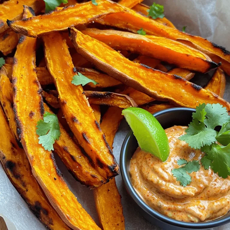 - 2 medium sweet potatoes, peeled and cut into thin fries - 2 tablespoons olive oil - 1 teaspoon smoked paprika - 1 teaspoon garlic powder - ½ teaspoon salt - ½ teaspoon black pepper - 1 cup mayonnaise - 1 tablespoon chipotle in adobo sauce (adjust to taste) - 1 teaspoon lime juice You can add more flavor to your fries! Here are some ideas: - Cayenne pepper for heat - Cumin for a warm spice - Dried oregano for a herby taste - Parmesan cheese for a cheesy touch Experiment with these seasonings to find your favorite mix! Start by peeling the sweet potatoes. Use a sharp knife to cut them into thin fries, about ¼ inch thick. Keeping the fries uniform helps them cook evenly. If you want them crispier, try soaking the cut fries in water for 30 minutes. This removes extra starch and leads to a better texture. In a large bowl, mix together olive oil, smoked paprika, garlic powder, salt, and black pepper. Make sure to combine these well. Add the sweet potato fries to this bowl. Toss them around until every fry gets coated with the seasoning. This blend brings out the natural sweetness of the potatoes while adding flavor. Before cooking, preheat your air fryer to 400°F (200°C) for about 5 minutes. This step is key for crispiness. Once preheated, place the fries in a single layer in the air fryer basket. You may need to do this in batches if your air fryer isn’t big enough. Cook the fries for 15-18 minutes. Remember to shake the basket halfway through. This ensures even cooking. When done, they should look golden brown and crispy. To get crispy fries, start with the right cut. Cut sweet potatoes into thin fries, about ¼ inch thick. This helps them cook evenly and get crispy. Preheat your air fryer to 400°F (200°C) for five minutes. This step is key! It ensures the fries cook fast and crispy. Toss the fries with olive oil and spices. Avoid overcrowding the basket. This helps air flow and makes them crispy. Shake the basket halfway through cooking to promote even crispiness. If your air fryer is small, work in batches. Place only enough fries to cover the bottom of the basket. If they overlap, they won't cook well. It’s better to fry in two rounds than to rush and end up with soggy fries. Keep the first batch warm in the oven on low heat. This way, all your fries will be hot when you serve them. Cooking times can vary based on your air fryer model. A good rule of thumb is to check for doneness at 15 minutes. If they aren’t golden and crispy, add a few more minutes. Remember, every air fryer is different. You might need to adjust cooking times based on your preferences. Keep an eye on the fries to get them just right! {{image_2}} You can change the flavor of sweet potato fries easily. Try adding different spices. Here are some tasty options: - Cinnamon and sugar for a sweet twist. - Cajun seasoning for a spicy kick. - Parmesan cheese sprinkled on top for a savory touch. Mix and match these spices to find your favorite flavor! If you want to change the chipotle mayo, here are some ideas: - Use Greek yogurt instead of mayo for a lighter option. - Try sriracha for heat if you can’t find chipotle in adobo. - Use ranch dressing for a creamy dip with a different taste. Feel free to adjust these ingredients to fit your taste! Serving sweet potato fries with the right dishes can enhance your meal. Here are some great pairings: - Enjoy them with burgers or grilled chicken. - Serve with tacos for a fun twist. - Pair with a fresh salad for a complete meal. For a presentation boost, add a sprinkle of cilantro on top before serving! To store leftover sweet potato fries, let them cool first. Place them in an airtight container. Keep the fries in the fridge for up to three days. If you want to freeze them, use a freezer-safe bag. They can last up to three months in the freezer. Just remember, freezing may change their texture. When you want to enjoy leftover fries, reheating is key. Preheat your air fryer to 375°F (190°C). Place the fries in a single layer. Heat them for about 5-7 minutes. This method helps maintain their crispiness. You can also use an oven at the same temperature, but it may take a bit longer. For the chipotle mayo, keep it in a sealed jar or container. It can last in the fridge for about a week. If you made a large batch, consider freezing it in ice cube trays. Once frozen, transfer the cubes to a bag. This way, you can use just what you need later. Make sure to stir well before using after storage. You need to cook sweet potato fries for 15 to 18 minutes. Set your air fryer to 400°F (200°C). Shake the basket halfway through cooking. This helps fries cook evenly. You want them crispy and golden brown. Yes, you can make this recipe healthier. Use less olive oil to cut calories. You can also bake the fries instead of air frying. Baking will reduce fat but keep the taste. Another option is to skip the mayo or use a yogurt-based dip. You can use smoked paprika instead of chipotle in adobo. It adds a smoky flavor without the heat. Another option is to use sriracha sauce for a spicy kick. If you want it mild, just add plain mayo with a squeeze of lime. In this blog post, we explored how to make delicious sweet potato fries with chipotle mayo. We covered the key ingredients, step-by-step cooking instructions, and tips for maximum crispiness. I shared variations to spice up your fries and how to store leftovers for later use. Remember, making these fries at home is easy and fun. With the right techniques and flavors, you can enjoy a tasty snack anytime. Experiment and make this recipe your own!