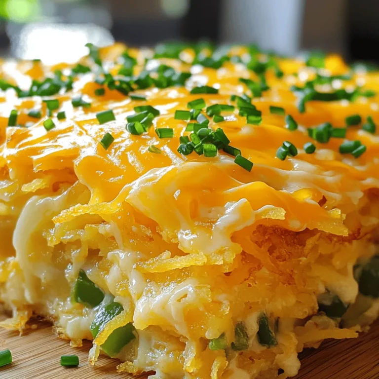 - 1 pound frozen hashbrowns - 1 cup shredded sharp cheddar cheese - 6 large eggs - 1 cup whole milk - 1/2 cup diced green bell pepper - 1/2 cup diced onion - 1/2 teaspoon garlic powder - 1/2 teaspoon paprika - Salt and pepper to taste - Chopped fresh chives - Additional cheese To create the best Cheesy Egg Hashbrown Casserole, start with the main ingredients. Frozen hashbrowns make this dish simple. They provide a great base. Sharp cheddar cheese adds rich flavor and melts beautifully. You need fresh large eggs to bind everything together. Whole milk ensures your casserole is creamy. Next, let's talk about vegetables and seasonings. Diced green bell pepper and onion bring color and taste. Garlic powder and paprika add depth to the flavor profile. Don’t forget salt and pepper to enhance all the tastes. For the final touch, consider optional garnishes. Chopped fresh chives add a nice pop of color and freshness. You can also sprinkle extra cheese on top for an even cheesier dish. This combination of ingredients makes for a delicious breakfast that everyone will love. Start by thawing your hashbrowns. You can leave them in the fridge overnight. If you are short on time, place them in a bowl of warm water for about 30 minutes. After thawing, drain any excess moisture. Next, dice the onion and green bell pepper. Cut the onion into small pieces. Aim for uniformity so they cook evenly. The bell pepper should be diced to match the onion in size. This helps blend the flavors well. In a large skillet, heat two tablespoons of olive oil over medium heat. When the oil is hot, add the diced onion and bell pepper. Sauté them for about five minutes. You want them tender and fragrant. This step builds a solid base for your casserole. Now, mix the sautéed veggies with the thawed hashbrowns in a large bowl. Stir in half of the shredded cheddar cheese. Also, add garlic powder, paprika, salt, and pepper. Make sure everything is evenly coated and mixed. Spread the hashbrown mixture evenly into a greased 9x13 inch baking dish. This helps the casserole bake evenly. In another bowl, whisk together six large eggs and one cup of whole milk. Blend them until smooth. Pour this egg mixture over the hashbrowns in the baking dish. Finally, sprinkle the remaining cheddar cheese on top. Preheat your oven to 375°F (190°C). Once the oven is ready, place the casserole inside. Bake for 35 to 40 minutes. Check for doneness by looking for a golden brown top and set eggs. If you shake the dish gently, it should not jiggle. Let it cool for about five minutes before serving. Enjoy your cheesy egg hashbrown casserole! To get crispy edges, I recommend using a hot skillet. Sauté the onion and bell pepper until soft before mixing. This step adds flavor and keeps the base from getting soggy. Make sure you spread the hashbrowns evenly in the dish. Use a spatula to press them down gently. This helps them cook well. Add a pinch of cayenne pepper for some heat. Mix in some Italian seasoning for a fresh twist. For cheese, try pepper jack for a spicy kick. You can use mozzarella for a milder flavor. Each cheese adds its own unique taste to the dish. This casserole pairs well with fresh fruit or a light salad. Serve it with toast for a complete meal. It’s great for breakfast or brunch. You can also enjoy it for dinner on busy nights. Always serve it warm for the best flavor. {{image_2}} You can easily make this dish vegetarian. Start by adding mushrooms or spinach for extra flavor. Both options bring a nice texture and boost nutrition. For cheese, try alternatives like mozzarella or pepper jack. These cheeses melt well and add a lovely taste. Want more protein? You can add cooked sausage or bacon. Just chop them into small pieces and mix them in. For a meat-free choice, use tofu. Crumble firm tofu and add it to the hashbrowns. This gives a hearty feel without meat. If you need gluten-free options, use gluten-free hashbrowns. Many brands offer this now. For a dairy-free version, swap whole milk and cheese for plant-based options. Almond or oat milk works well, and vegan cheese melts nicely, too. Enjoy your tasty meal while meeting your dietary needs! After enjoying your cheesy egg hashbrown casserole, store any leftovers right away. First, let it cool to room temperature. Then, place the casserole in an airtight container. This helps keep it fresh. If you have a lot left, consider dividing it into smaller portions. This makes it easy to reheat later. If you want to freeze the casserole, let it cool completely first. Cut it into portions, then wrap each piece tightly in plastic wrap. Place the wrapped portions in a freezer-safe bag or container. This keeps them fresh for up to three months. When you are ready to eat, thaw it overnight in the fridge. Reheat it in the oven at 350°F (175°C) until hot, about 25-30 minutes. In the fridge, this casserole lasts about 3-4 days. Always check for signs of spoilage. Look for mold or a sour smell. If it looks or smells off, throw it away. Storing it properly helps you enjoy it longer! Yes, you can make this casserole ahead of time. To store it, prepare the dish up to the baking step. Cover it tightly with plastic wrap or foil. Place it in the fridge for up to 24 hours. This method keeps all the fresh flavors. When you are ready, bake it straight from the fridge. You may need to add a few extra minutes to the baking time. If you need a substitute for hashbrowns, try using shredded potatoes. You can also use cooked rice or quinoa for a different texture. Sweet potatoes work well too. They add a nice sweetness and color. Each option changes the taste, so choose based on your preference. Absolutely! You can swap sharp cheddar for other cheeses. Mozzarella gives a nice stretch, while pepper jack adds a spicy kick. Gruyère offers a rich, nutty flavor. Feel free to mix different cheeses too. This can create a unique taste in your casserole. To check if your casserole is done, look for golden brown edges. The eggs should be set, not jiggly. You can insert a knife in the center. If it comes out clean, the casserole is ready. Let it cool for a few minutes before serving. This helps the flavors settle and makes for easier slicing. This blog post covered how to make a tasty Cheesy Egg Hashbrown Casserole. We looked at the main ingredients like hashbrowns and cheese. I shared step-by-step cooking tips to help you succeed. We explored variations, from vegetarian options to protein add-ins. Finally, I outlined storage tips to keep leftovers fresh and safe. Enjoy trying this recipe! It's simple, tasty, and perfect for any meal.