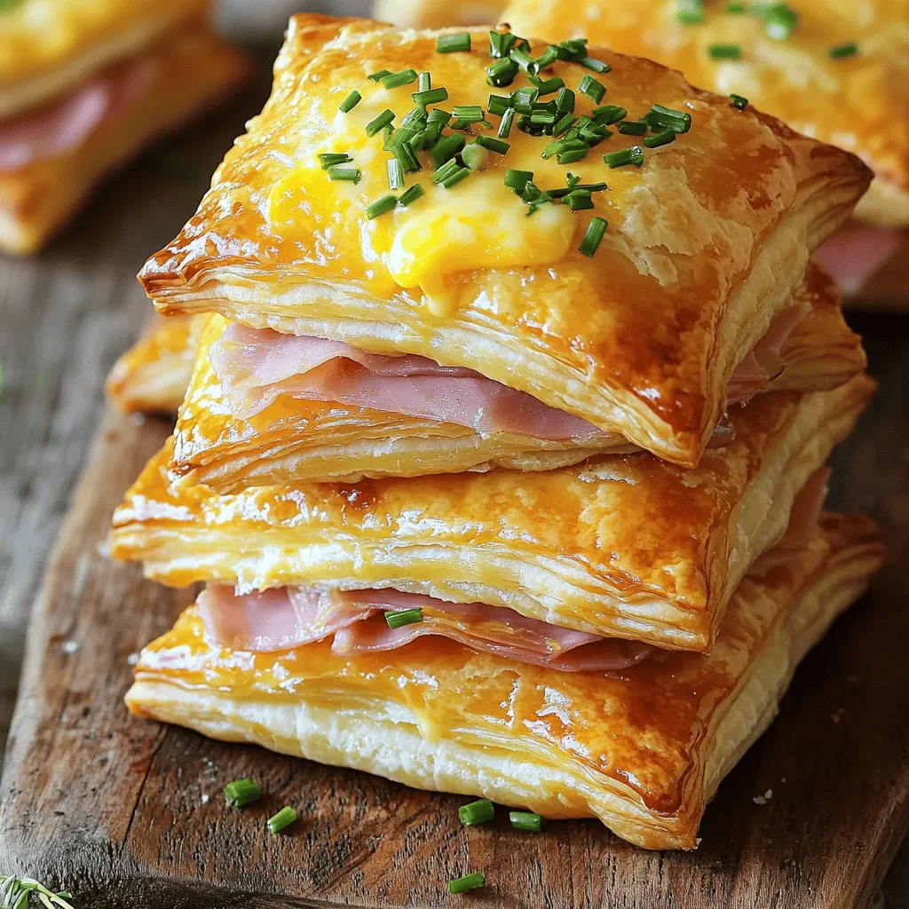 - Puff pastry sheets - Thinly sliced ham - Shredded cheese options - Additional seasoning and garnishes This recipe is simple and fun. You need just a few key ingredients to make these crispy ham and cheese puff pastry stacks. First, grab a package of puff pastry sheets. The flaky layers create that perfect crunch. Next, get some thinly sliced ham. You can use your favorite ham. It adds savory goodness. For the cheese, choose shredded cheese options like cheddar or mozzarella. A mix works well too! You will also need Dijon mustard for a small kick. Dried oregano adds a nice touch. Finally, grab salt and pepper to season your stacks. If you want, fresh herbs like chives or parsley make a great garnish. These ingredients come together for a dish that is sure to impress. You can easily adjust the recipe to fit your taste. Enjoy mixing and matching flavors! 1. Preheating the oven: Start by preheating your oven to 400°F (200°C). This step is key to getting those layers crispy and puffy. 2. Rolling out puff pastry: Take one sheet of puff pastry from the package, and lay it on a lightly floured surface. Use a rolling pin to smooth out any creases and stretch it slightly. 3. Cutting pastry into squares: Now, cut the rolled pastry into equal squares, about 3-4 inches each. You should end up with 9-12 squares. 1. Spreading mustard: On half of the pastry squares, spread a thin layer of Dijon mustard. This adds a nice tangy kick to the filling. 2. Layering ham and cheese: Next, place a slice of ham on each mustard-covered square. Then, sprinkle a generous amount of shredded cheese on top. You can mix cheddar and mozzarella for great flavor. 1. Sealing the stacks: Take the remaining pastry squares and place them on top of the filled ones. Gently press the edges to seal the stacks. This helps keep the yummy filling inside. 2. Brushing with egg wash: Beat one egg in a small bowl. Brush the top of each pastry stack with the egg wash for a golden finish. 3. Baking time and temperature: Place the stacks on a lined baking sheet. Bake them for 15-20 minutes. You want them to be puffed and golden brown. Enjoy the smell that fills your kitchen! To start, always thaw your puff pastry in the fridge. This keeps the dough cold and easy to work with. If you rush and thaw it at room temperature, it may become too soft. To avoid sogginess, make sure to spread the mustard thinly. Too much sauce can make the pastry wet. Also, don't overfill your stacks. Less is more when it comes to the filling. Seasoning is key to great taste. A pinch of salt and pepper helps bring out the flavors. You can also add garlic powder or paprika for an extra kick. For cheese, I love using a mix of cheddar and mozzarella. Cheddar adds sharpness, while mozzarella gives that lovely melt. You can also try gouda or pepper jack for more fun flavors. When serving, arrange your stacks on a rustic wooden board. This adds charm to your table. You can also drizzle balsamic reduction for a fancy touch. For garnishing, fresh herbs like chives or parsley make a great addition. They not only look nice but also add freshness to each bite. {{image_2}} You can switch up the meat in these stacks. Instead of ham, try turkey or chicken. These options give the dish a different flavor. You can also use prosciutto for a salty kick. If you want a vegetarian version, use roasted veggies. Zucchini or bell peppers work well. You can also use sautéed mushrooms. They add a nice umami taste. Add spices or herbs to boost the flavor. A pinch of garlic powder or onion powder adds depth. Fresh herbs like basil or thyme can bring brightness. For dips, consider honey mustard or ranch. Marinara sauce is great for a tangy bite. You can even try a spicy aioli for a kick. If you need more servings, just double the recipe. It’s easy to make a large batch. You can also make smaller stacks for appetizers. Cut the pastry into tiny squares for bite-sized treats. Think about how many people you serve. Adjust the number of layers in each stack. More layers make a heartier bite! To keep your crispy ham and cheese puff pastry stacks fresh, store them properly. Place any leftovers in an airtight container. This method helps prevent them from drying out. You can refrigerate the stacks for up to three days. If you want to save them longer, you can freeze them. Wrap each stack in plastic wrap and place them in a freezer bag. They will keep well in the freezer for up to two months. When it’s time to enjoy your leftovers, reheating them right is key. Preheat your oven to 350°F (175°C) for best results. Place the stacks on a baking sheet and cover them loosely with foil. This will keep them warm and prevent burning. Heat for about 10-15 minutes until they are hot and crispy again. Avoid using the microwave, as it makes the pastry soggy. For the best texture, always reheat in the oven. Puff pastry stacks stay fresh in the fridge for about 2 to 3 days. After that, they may lose their crispy texture. Store them in an airtight container to keep them better. If you see moisture or they feel soggy, it's best to toss them. Yes, you can make these stacks in advance! Prepare them and keep them unbaked in the fridge for up to one day. Just cover them tightly with plastic wrap. When you are ready to bake, brush them with egg wash and pop them in the oven. They will puff up nice and golden. If you want to swap ham, you have options! Try turkey or chicken for a leaner choice. For a veggie option, use roasted veggies or spinach. You can also use cheese as a filling. Get creative with what you have! In this blog post, we covered how to make delicious puff pastry stacks. You learned about the key ingredients, step-by-step instructions, and useful tips. We explored variations and how to store leftovers. Finally, we answered common questions to help you succeed. Try making these tasty snacks for your next gathering. Your friends and family will love them! Remember, the key is to be creative with flavors and ingredients. Enjoy your cooking adventure!