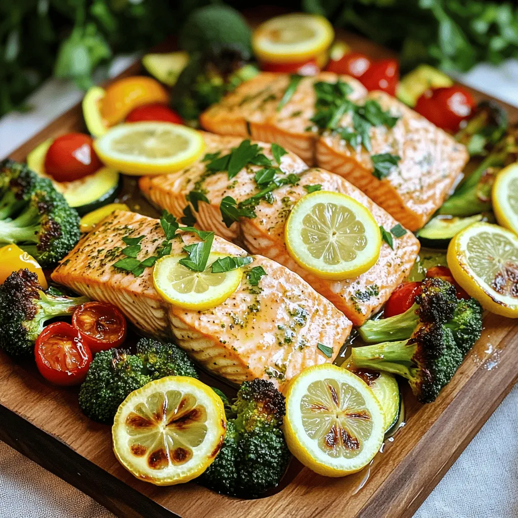 You need 4 salmon fillets for this dish. Look for fresh, vibrant fillets. They should be firm to the touch. Wild-caught salmon has great flavor, but farmed salmon works too. Each fillet gives a rich source of protein and healthy fats. For the veggies, gather: - 2 cups broccoli florets - 1 red bell pepper, sliced - 1 zucchini, sliced - 1 cup cherry tomatoes These vegetables add color and crunch. Broccoli gives a nice bite, while bell pepper adds sweetness. Zucchini brings moisture, and cherry tomatoes burst with flavor. You can mix and match these based on your taste. To make the marinade, you need: - 2 tablespoons olive oil - 2 lemons (1 for zest and juice, 1 sliced) - 3 cloves garlic, minced - 1 teaspoon dried thyme - 1 teaspoon dried rosemary - Salt and pepper to taste This marinade makes the salmon and veggies shine. Olive oil adds richness, and lemon gives a fresh zing. Garlic adds depth, while thyme and rosemary bring earthy notes. Salt and pepper enhance all these flavors. First, we need to set the stage for our dish. Preheat your oven to 400°F (200°C). This step is key for even cooking. While the oven warms up, grab a large baking sheet. Line it with parchment paper or foil for easy cleanup. This small step saves you time later. Now, let's whip up the marinade. In a small bowl, mix together 2 tablespoons of olive oil, the zest of 1 lemon, and the juice from the same lemon. Add 3 minced garlic cloves, 1 teaspoon of dried thyme, and 1 teaspoon of dried rosemary. Season with salt and pepper to taste. This mixture will add a burst of flavor to your salmon and veggies. With the marinade ready, it's time to set up the baking sheet. Place 4 salmon fillets in the center. Pour half of the marinade over the salmon, making sure it’s well coated. In another bowl, toss together 2 cups of broccoli florets, 1 sliced red bell pepper, 1 sliced zucchini, and 1 cup of cherry tomatoes. Drizzle the remaining marinade over the veggies and mix well. Spread the veggies around the salmon, without crowding them. For an extra touch, place lemon slices on top of the salmon and among the veggies. This will enhance the dish as it roasts. Now, pop the baking sheet in the oven and roast for 15-20 minutes. The salmon should flake easily with a fork, and the veggies should be tender. Enjoy! To cook salmon perfectly, timing is key. Bake it at 400°F for 15-20 minutes. Use a fork to check if it flakes easily. If it does, it is ready. Thicker fillets may need a few extra minutes. Always check the center; it should not be raw. To boost flavor, marinate your salmon well. Use lemon zest, juice, and garlic in your marinade. These add a fresh taste. Consider adding a pinch of chili flakes for heat. You can also try fresh herbs for a stronger flavor. Rosemary and thyme work great in this dish. For a lovely look, serve the salmon and veggies on a big platter. Add fresh herbs for color. Parsley or dill adds a nice touch. Place lemon wedges on the side for extra zest. This makes the dish pop and feel special. {{image_2}} You can swap out veggies for a new twist. Try asparagus for a crisp bite. Carrots add a sweet crunch. Green beans work well too, bringing color and flavor. You can even use squash for a different texture. Mix and match your favorites for fun! Want to change up the taste? Use dill or oregano for a fresh note. Paprika adds a hint of spice and smoke. You could also try a bit of cumin for warmth. Experimenting with fresh herbs can brighten up the dish in unique ways. If salmon isn't your thing, swap it out for chicken or tofu. Both cook well and soak up flavors nicely. Cod or tilapia are great fish choices too. Just keep an eye on cook times, as they may differ from salmon. Enjoy exploring these options! After enjoying your One-Pan Lemon Herb Salmon, you may have some leftovers. Store them in an airtight container. Make sure to keep the salmon and veggies together for the best flavor. Refrigerate them within two hours of cooking. They will stay fresh for up to three days. When you are ready to eat the leftovers, the best way to reheat them is in the oven. Preheat your oven to 350°F (175°C). Place the salmon and veggies on a baking sheet. Cover them with foil to keep moisture in. Heat for about 10-15 minutes, or until warm. You can also use a microwave if you're in a hurry. Place them in a microwave-safe dish and cover. Heat in short bursts, checking every 30 seconds, until warm. If you want to save some for later, you can freeze the leftovers. First, let the salmon and veggies cool completely. Then, wrap them tightly in plastic wrap or foil. Place the wrapped food in a freezer bag. Squeeze out as much air as possible before sealing. You can freeze them for up to three months. When you're ready to eat, thaw them overnight in the fridge before reheating. It takes about 15-20 minutes to cook salmon in the oven. The best way to know if it's done is to check if it flakes easily with a fork. Salmon cooks quickly, so keep an eye on it. The cooking time may change based on the thickness of the fillets. If you use thicker pieces, it may take a bit longer. Yes, you can use fresh herbs in place of dried ones. Fresh herbs add a bright taste to the dish. If you choose fresh thyme or rosemary, use about three times the amount. For example, if the recipe calls for one teaspoon of dried herbs, use three teaspoons of fresh herbs. This swap can enhance the flavor and give your meal a fresh twist. You can serve many sides with One-Pan Lemon Herb Salmon. Some great options include: - Rice or quinoa for a filling base. - A fresh salad to add crunch and color. - Garlic bread for a tasty side. - Mashed potatoes for comfort food lovers. These sides complement the lemon and herb flavors and make for a lovely meal. To sum up, we covered how to make a tasty one-pan lemon herb salmon dish. We discussed the key ingredients, including salmon, vegetables, and marinade. I walked you through each step, from prepping the oven to arranging everything on the baking sheet. You learned useful tips for cooking times and flavor boosts. Plus, we explored variations and storage options. Cooking can be fun and simple. Enjoy trying this recipe, and share your results!