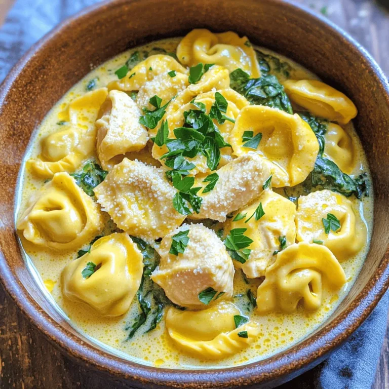 To make this dish, you will need: - 2 cups chicken breast, cooked and cubed - 12 oz cheese tortellini (fresh or frozen) - 4 cloves garlic, minced - 1 cup heavy cream - 1 cup grated Parmesan cheese - 1 tablespoon olive oil - 1 teaspoon Italian seasoning - Salt and pepper to taste - 1 cup spinach (fresh) - 2 tablespoons fresh parsley, chopped (for garnish) These ingredients create a rich and creamy meal. The chicken adds protein, while the tortellini brings comfort. Garlic and Parmesan give it a classic Italian flavor. Fresh spinach adds color and nutrition. You can change the dish by adding some optional ingredients. Consider these: - Cherry tomatoes for sweetness - Mushrooms for a hearty touch - Broccoli for extra crunch - Red pepper flakes for heat These additions can make your meal more exciting. Feel free to mix and match based on what you have. If you need swaps, here are some smart choices: - Use rotisserie chicken instead of cooking fresh chicken. This saves time. - Swap heavy cream for half-and-half for a lighter sauce. - Choose a dairy-free cheese for a vegan version. These substitutions help you customize the dish to fit your needs. Enjoy making this creamy garlic Parmesan chicken tortellini your own! First, get a large pot. Fill it with water and add salt. Bring the water to a boil. Once boiling, add 12 ounces of cheese tortellini. Cook it according to the package instructions. Fresh tortellini usually takes only 3-5 minutes. If using frozen, it might take a bit longer. After cooking, drain the tortellini and set it aside. This step is key. You want the tortellini ready for the creamy sauce. Now, take a large skillet. Heat 1 tablespoon of olive oil over medium heat. Add 4 cloves of minced garlic once the oil is hot. Sauté the garlic for about 1 minute. Watch closely to avoid burning. Next, add 2 cups of cooked and cubed chicken breast. Sprinkle in 1 teaspoon of Italian seasoning. Stir until the chicken heats through. This step adds flavor and warmth to your dish. Lower the heat to low. Pour in 1 cup of heavy cream. Stir it well to mix everything. Let it simmer for 2-3 minutes. This allows the flavors to blend nicely. Gradually whisk in 1 cup of grated Parmesan cheese. Keep whisking until the sauce is smooth and creamy. This is where the magic happens. The sauce will become rich and delicious. Now, it’s time to bring everything together. Add the cooked tortellini to the skillet. Toss in 1 cup of fresh spinach. Gently fold everything together. The heat will wilt the spinach. Make sure the tortellini is coated in the creamy sauce. Season with salt and pepper to taste. Once everything is mixed, remove from heat. Your creamy garlic Parmesan chicken tortellini is ready to serve! To create a rich and creamy sauce, start with heavy cream. Heat it gently on low. Whisk in grated Parmesan cheese slowly. This helps the cheese melt evenly. If the sauce gets too thick, add a splash of pasta water. This keeps it smooth and helps the sauce cling to the tortellini. To sauté garlic, use medium heat. Add olive oil and let it warm. Then, add minced garlic and stir it often. Cook for about one minute, just until fragrant. Watch it closely! Garlic can burn quickly and turn bitter if left too long. Garnish your dish for a lovely look. Use chopped fresh parsley for a bright touch. You can also sprinkle extra Parmesan on top. For a pop of color, add some cherry tomatoes or a few spinach leaves. This makes the dish not only tasty but beautiful as well! {{image_2}} You can change up the meat in this dish. Shrimp is a great choice. Just cook it in olive oil for a few minutes before adding garlic. Sausage also works well. Use Italian sausage for a robust flavor. Cook it until brown, then mix in the garlic. You can even use leftover rotisserie chicken for a quick meal. If you want a vegetarian version, try adding fresh vegetables. Broccoli, bell peppers, or zucchini all pair well. You could also use mushroom tortellini for more flavor. Just cook the veggies until they are soft before adding the sauce. This option is colorful and packed with nutrients. For a dairy-free version, swap the heavy cream and cheese. Use coconut cream instead of heavy cream. Nutritional yeast can replace the Parmesan cheese. It gives a cheesy flavor without the dairy. You might need to add a little more salt to enhance taste. To keep your creamy garlic parmesan chicken tortellini fresh, cool it down first. Once cooled, place it in an airtight container. This helps preserve the flavors and texture. Store the container in the fridge. It will stay good for 3 to 4 days. Remember, the sooner you store it, the better it tastes later. When you're ready to enjoy leftovers, heat them gently. You can use the microwave or a skillet. If using a microwave, place the tortellini in a bowl. Cover it to prevent splatters. Heat in short bursts, stirring in between. In a skillet, add a splash of cream or water. This keeps the dish creamy. Heat it over low heat, stirring until warm. If you want to save some for later, freezing is a great option. Cool the dish completely before freezing. Use a freezer-safe container or bag. Remove as much air as you can to prevent freezer burn. Label the container with the date. It can last up to 3 months in the freezer. To reheat, thaw overnight in the fridge. Then, follow the reheating instructions above to enjoy that creamy goodness again! Yes, you can use frozen tortellini. Just cook it according to the package instructions. This option saves time and is very convenient. Frozen tortellini tastes great in the creamy sauce. Yes, you can make a gluten-free version. Use gluten-free tortellini instead of regular. Many stores offer tasty gluten-free pasta options now. Just follow the cooking instructions on the package. The creamy sauce remains the same and is still delicious! To make a lighter sauce, swap heavy cream for half-and-half or milk. You can also use Greek yogurt for a creamy texture with fewer calories. Just add it in slowly and stir well. This keeps the sauce tasty but lighter! This article covered the key ingredients and steps for making creamy garlic Parmesan chicken tortellini. You learned about optional ingredients and smart substitutes to fit your taste. I shared tips to get the right creamy texture and avoid burning garlic. You have options to customize the dish for meat lovers and vegetarians. Lastly, we discussed storage and reheating tricks. Enjoy creating this dish and make it your own. Happy cooking!