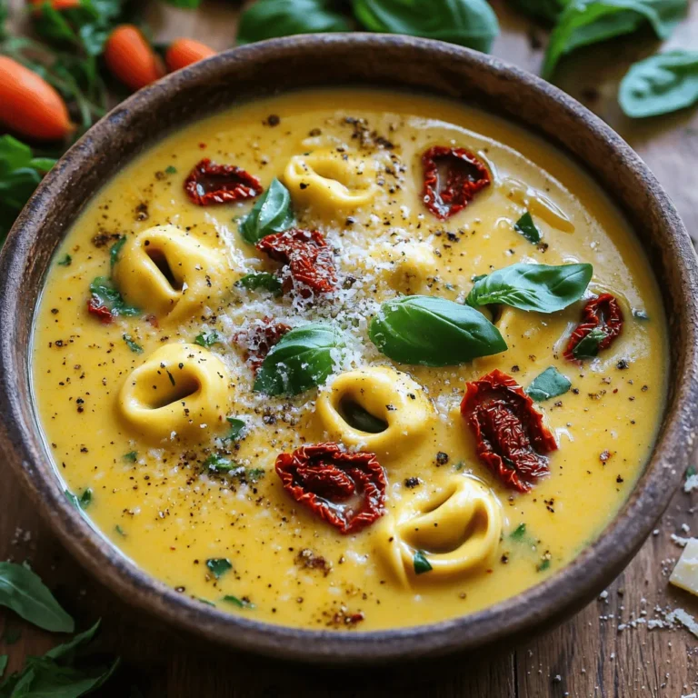 To make a delicious Creamy Sun Dried Tomato Tortellini Soup, you need a few key items: - 1 tablespoon olive oil - 1 medium onion, diced - 2 garlic cloves, minced - 1 carrot, diced - 1 celery stalk, diced - 1 cup sun-dried tomatoes, chopped (in oil for extra flavor) - 4 cups vegetable broth - 1 teaspoon dried basil - 1 teaspoon dried oregano - 1 cup heavy cream (or coconut cream for a dairy-free version) - 1 package (9 oz) cheese tortellini - Salt and black pepper to taste - Fresh basil leaves, for garnish - Grated Parmesan cheese, for serving (optional) These ingredients create a rich and tasty soup that warms the soul. While the essential ingredients are great, you can add some optional items to boost the flavor: - Crushed red pepper flakes for heat - Spinach or kale for added greens - A splash of lemon juice for brightness - Fresh herbs like thyme or parsley for depth These additions can elevate your soup and give it a personal touch. You can modify this recipe to fit different diets: - For a dairy-free option, use coconut cream instead of heavy cream. - To make it gluten-free, choose gluten-free tortellini or skip the pasta altogether. - You can replace vegetable broth with a homemade stock for extra flavor. These swaps allow everyone to enjoy this creamy soup without compromise. Start by gathering your ingredients. You’ll need olive oil, onion, garlic, carrot, celery, sun-dried tomatoes, vegetable broth, dried basil, dried oregano, heavy cream, cheese tortellini, salt, and black pepper. 1. In a large pot, heat one tablespoon of olive oil over medium heat. 2. Add one diced onion, one diced carrot, and one diced celery stalk. 3. Sauté these veggies for about 5 to 7 minutes. They should get soft and fragrant. 4. Next, stir in two minced garlic cloves. Cook them for one minute until you smell that lovely garlic aroma. Now, it's time to build our soup's flavor. 1. Add one cup of chopped sun-dried tomatoes to the pot. I like using tomatoes packed in oil for extra taste. 2. Pour in four cups of vegetable broth. This will form the soup's base. 3. Sprinkle in one teaspoon of dried basil and one teaspoon of dried oregano. They add a nice herbal touch. 4. Bring the mixture to a boil. Once it starts bubbling, lower the heat. Let it simmer for about 10 minutes. This helps all the flavors mix well. 1. Stir in one cup of heavy cream. If you want a dairy-free option, use coconut cream instead. 2. Add a package of cheese tortellini (about 9 oz). Cook for another 5 to 7 minutes until the tortellini are tender. 3. Taste the soup and season it with salt and black pepper. If the soup is too thick, add a little more broth or water. 4. Serve the soup hot. Garnish it with fresh basil leaves and a sprinkle of grated Parmesan cheese if you like. Enjoy your creamy sun-dried tomato tortellini soup! To make your soup extra creamy, use heavy cream. If you want a dairy-free option, choose coconut cream. Both options add richness. Another tip is to blend a portion of the soup. Use an immersion blender to puree part of it. This thickens the soup and adds a velvety texture. Cook the tortellini separately if you want the best texture. Boil them in salted water. This keeps them from getting too mushy in the soup. Follow the package directions for cooking time. After cooking, drain and rinse the tortellini. This removes excess starch. Then, add them to the soup just before serving. To boost flavor, add fresh herbs like thyme or rosemary. They make the soup taste fresh and bright. Also, consider adding a splash of lemon juice for acidity. This balances the creaminess and enhances all the flavors. Finally, season well with salt and black pepper. Taste as you go to find the right balance. Enjoy your rich and flavorful soup! {{image_2}} You can change the taste of your creamy sun-dried tomato tortellini soup by swapping some ingredients. Try adding spinach or kale for extra greens. You can also use roasted red peppers instead of sun-dried tomatoes. They add a slightly sweet flavor. If you want a spicy kick, add red pepper flakes or a dash of hot sauce. For a richer taste, include a splash of white wine after sautéing your veggies. To make a vegan version, swap heavy cream for coconut cream or a cashew cream. For the tortellini, choose a plant-based option. Use vegetable broth to keep it vegan. You can add nutritional yeast for a cheesy taste. This gives your soup a lovely depth without dairy. Just follow the same steps, and you’ll have a rich, creamy soup. Seasonal changes bring new flavors. In spring, add fresh peas or asparagus. In summer, toss in diced zucchini or fresh tomatoes. Autumn calls for pumpkin or butternut squash for a warm twist. In winter, add hearty root vegetables like potatoes or parsnips. Each season brings its own charm to this comforting soup, making every bowl unique! To keep your creamy sun-dried tomato tortellini soup fresh, you need a good storage method. First, let the soup cool down to room temperature. Next, pour it into an airtight container. Make sure to leave some space at the top, as the soup may expand. Store the container in the fridge. This soup lasts about 3 to 4 days when stored properly. If you want to save some soup for later, freezing is a great option. Use freezer-safe containers or bags. Again, let the soup cool before freezing. Pour the soup into the container, leaving space at the top. Label the container with the date and name of the soup. You can freeze it for up to 3 months. To keep it creamy, I recommend not adding the tortellini before freezing. Reheating this soup is simple. If you stored it in the fridge, take it out and pour it into a pot. Heat over medium heat, stirring often. If the soup is too thick, add a bit of broth or water to reach your desired consistency. For frozen soup, let it thaw overnight in the fridge. Then, reheat it in a pot on the stove. You can also use the microwave, but stir it halfway through to heat evenly. Enjoy your delicious soup! You can use coconut cream as a dairy-free option. It adds richness and flavor. Another good choice is half-and-half. It will keep the soup creamy but lighter. You can also mix milk and butter. This creates a similar texture to heavy cream. Yes, you can use frozen tortellini. Just add them straight to the soup. They will cook in the soup as it simmers. This saves time, and they taste great. Just check the cooking time on the package. Adjust the soup's cooking time if needed. This soup lasts about 3 to 4 days in the fridge. Be sure to store it in an airtight container. If you notice any changes in smell or color, don't eat it. For best flavor, reheat only what you plan to eat. This creamy sun-dried tomato tortellini soup is simple yet full of flavor. We covered essential and optional ingredients, plus dietary substitutions for all needs. The step-by-step guide makes cooking easy, and the tips help you enhance creaminess and flavor. Try different variations to keep it fresh. Proper storage ensures you enjoy leftovers later. With these insights, you’re ready to make a delicious soup that everyone will love. Enjoy your cooking adventure!