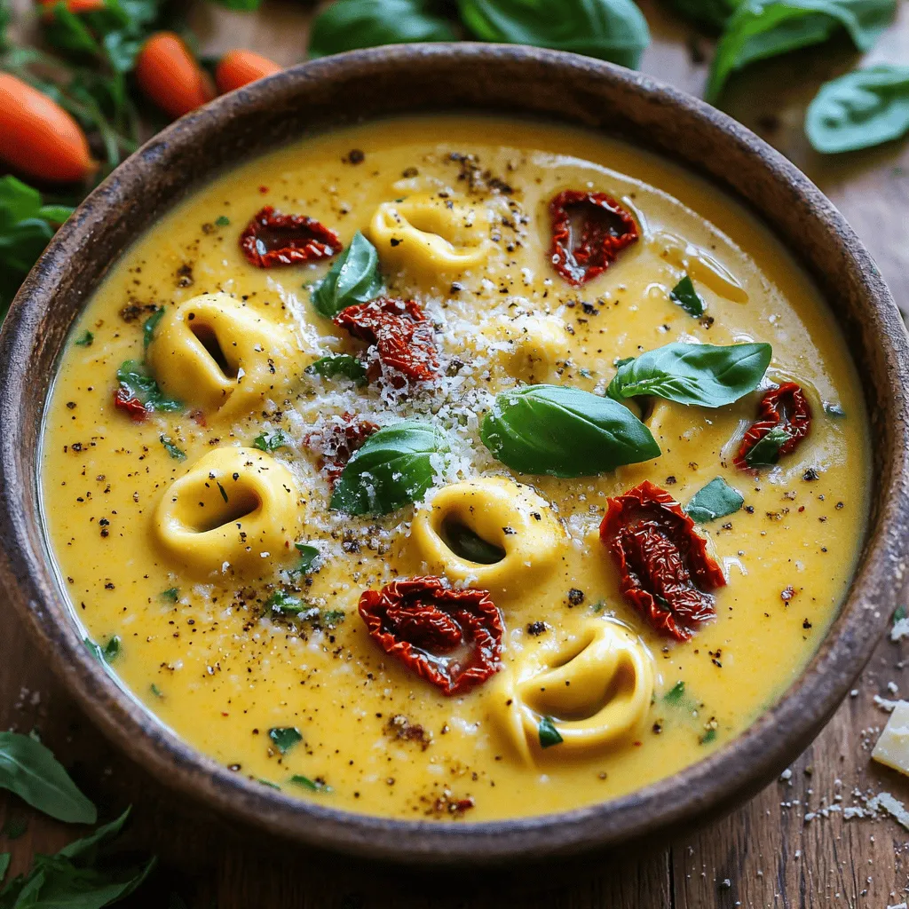 To make a delicious Creamy Sun Dried Tomato Tortellini Soup, you need a few key items: - 1 tablespoon olive oil - 1 medium onion, diced - 2 garlic cloves, minced - 1 carrot, diced - 1 celery stalk, diced - 1 cup sun-dried tomatoes, chopped (in oil for extra flavor) - 4 cups vegetable broth - 1 teaspoon dried basil - 1 teaspoon dried oregano - 1 cup heavy cream (or coconut cream for a dairy-free version) - 1 package (9 oz) cheese tortellini - Salt and black pepper to taste - Fresh basil leaves, for garnish - Grated Parmesan cheese, for serving (optional) These ingredients create a rich and tasty soup that warms the soul. While the essential ingredients are great, you can add some optional items to boost the flavor: - Crushed red pepper flakes for heat - Spinach or kale for added greens - A splash of lemon juice for brightness - Fresh herbs like thyme or parsley for depth These additions can elevate your soup and give it a personal touch. You can modify this recipe to fit different diets: - For a dairy-free option, use coconut cream instead of heavy cream. - To make it gluten-free, choose gluten-free tortellini or skip the pasta altogether. - You can replace vegetable broth with a homemade stock for extra flavor. These swaps allow everyone to enjoy this creamy soup without compromise. Start by gathering your ingredients. You’ll need olive oil, onion, garlic, carrot, celery, sun-dried tomatoes, vegetable broth, dried basil, dried oregano, heavy cream, cheese tortellini, salt, and black pepper. 1. In a large pot, heat one tablespoon of olive oil over medium heat. 2. Add one diced onion, one diced carrot, and one diced celery stalk. 3. Sauté these veggies for about 5 to 7 minutes. They should get soft and fragrant. 4. Next, stir in two minced garlic cloves. Cook them for one minute until you smell that lovely garlic aroma. Now, it's time to build our soup's flavor. 1. Add one cup of chopped sun-dried tomatoes to the pot. I like using tomatoes packed in oil for extra taste. 2. Pour in four cups of vegetable broth. This will form the soup's base. 3. Sprinkle in one teaspoon of dried basil and one teaspoon of dried oregano. They add a nice herbal touch. 4. Bring the mixture to a boil. Once it starts bubbling, lower the heat. Let it simmer for about 10 minutes. This helps all the flavors mix well. 1. Stir in one cup of heavy cream. If you want a dairy-free option, use coconut cream instead. 2. Add a package of cheese tortellini (about 9 oz). Cook for another 5 to 7 minutes until the tortellini are tender. 3. Taste the soup and season it with salt and black pepper. If the soup is too thick, add a little more broth or water. 4. Serve the soup hot. Garnish it with fresh basil leaves and a sprinkle of grated Parmesan cheese if you like. Enjoy your creamy sun-dried tomato tortellini soup! To make your soup extra creamy, use heavy cream. If you want a dairy-free option, choose coconut cream. Both options add richness. Another tip is to blend a portion of the soup. Use an immersion blender to puree part of it. This thickens the soup and adds a velvety texture. Cook the tortellini separately if you want the best texture. Boil them in salted water. This keeps them from getting too mushy in the soup. Follow the package directions for cooking time. After cooking, drain and rinse the tortellini. This removes excess starch. Then, add them to the soup just before serving. To boost flavor, add fresh herbs like thyme or rosemary. They make the soup taste fresh and bright. Also, consider adding a splash of lemon juice for acidity. This balances the creaminess and enhances all the flavors. Finally, season well with salt and black pepper. Taste as you go to find the right balance. Enjoy your rich and flavorful soup! {{image_2}} You can change the taste of your creamy sun-dried tomato tortellini soup by swapping some ingredients. Try adding spinach or kale for extra greens. You can also use roasted red peppers instead of sun-dried tomatoes. They add a slightly sweet flavor. If you want a spicy kick, add red pepper flakes or a dash of hot sauce. For a richer taste, include a splash of white wine after sautéing your veggies. To make a vegan version, swap heavy cream for coconut cream or a cashew cream. For the tortellini, choose a plant-based option. Use vegetable broth to keep it vegan. You can add nutritional yeast for a cheesy taste. This gives your soup a lovely depth without dairy. Just follow the same steps, and you’ll have a rich, creamy soup. Seasonal changes bring new flavors. In spring, add fresh peas or asparagus. In summer, toss in diced zucchini or fresh tomatoes. Autumn calls for pumpkin or butternut squash for a warm twist. In winter, add hearty root vegetables like potatoes or parsnips. Each season brings its own charm to this comforting soup, making every bowl unique! To keep your creamy sun-dried tomato tortellini soup fresh, you need a good storage method. First, let the soup cool down to room temperature. Next, pour it into an airtight container. Make sure to leave some space at the top, as the soup may expand. Store the container in the fridge. This soup lasts about 3 to 4 days when stored properly. If you want to save some soup for later, freezing is a great option. Use freezer-safe containers or bags. Again, let the soup cool before freezing. Pour the soup into the container, leaving space at the top. Label the container with the date and name of the soup. You can freeze it for up to 3 months. To keep it creamy, I recommend not adding the tortellini before freezing. Reheating this soup is simple. If you stored it in the fridge, take it out and pour it into a pot. Heat over medium heat, stirring often. If the soup is too thick, add a bit of broth or water to reach your desired consistency. For frozen soup, let it thaw overnight in the fridge. Then, reheat it in a pot on the stove. You can also use the microwave, but stir it halfway through to heat evenly. Enjoy your delicious soup! You can use coconut cream as a dairy-free option. It adds richness and flavor. Another good choice is half-and-half. It will keep the soup creamy but lighter. You can also mix milk and butter. This creates a similar texture to heavy cream. Yes, you can use frozen tortellini. Just add them straight to the soup. They will cook in the soup as it simmers. This saves time, and they taste great. Just check the cooking time on the package. Adjust the soup's cooking time if needed. This soup lasts about 3 to 4 days in the fridge. Be sure to store it in an airtight container. If you notice any changes in smell or color, don't eat it. For best flavor, reheat only what you plan to eat. This creamy sun-dried tomato tortellini soup is simple yet full of flavor. We covered essential and optional ingredients, plus dietary substitutions for all needs. The step-by-step guide makes cooking easy, and the tips help you enhance creaminess and flavor. Try different variations to keep it fresh. Proper storage ensures you enjoy leftovers later. With these insights, you’re ready to make a delicious soup that everyone will love. Enjoy your cooking adventure!