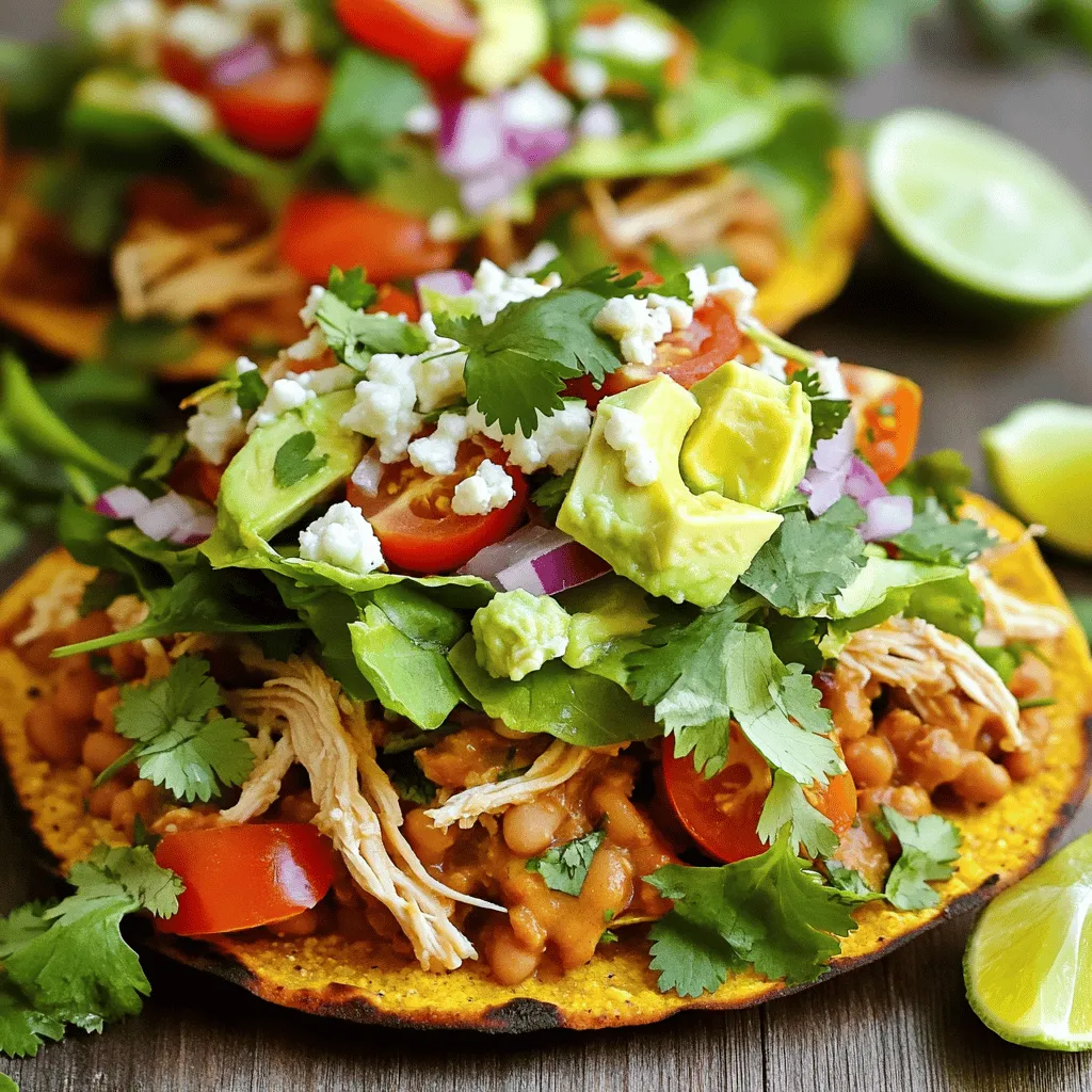 - 4 tostada shells - 2 cups shredded rotisserie chicken - 1 cup refried beans - 1 cup shredded lettuce - 1 cup diced tomatoes - ½ cup diced red onion - ½ cup crumbled queso fresco - 1 avocado, sliced - ¼ cup fresh cilantro, chopped - 1 lime, juiced You need tostada shells as the base. They are crunchy and hold all the toppings well. Rotisserie chicken offers great flavor and saves time. You can use store-bought or homemade refried beans for a tasty layer. Fresh toppings like lettuce, tomatoes, and onion add crunch and color. Avocado brings creaminess, while queso fresco adds a salty touch. Fresh cilantro gives a pop of flavor, and lime juice boosts freshness. - 1 teaspoon ground cumin - 1 teaspoon chili powder - Salt and pepper to taste - Olive oil (for drizzling) Spices like cumin and chili powder bring warmth and depth to the chicken. Adjust salt and pepper for your taste. A drizzle of olive oil adds richness to the tostadas. You can also add other toppings like jalapeños, radishes, or hot sauce for extra kick. These choices let you personalize your tostadas to your liking. Feel free to get creative and make them your own! First, set your oven to 375°F (190°C). This heat gets our tostada shells nice and crisp. While the oven warms, grab a baking sheet. Place your tostada shells on the sheet in a single layer. Bake them for about 5 to 7 minutes. You want them to be crispy and lightly golden. Keep an eye on them; they can go from perfect to burnt quickly! Now, let’s work on the chicken. In a medium bowl, take 2 cups of shredded rotisserie chicken. Add 1 teaspoon of ground cumin and 1 teaspoon of chili powder for flavor. Squeeze in the juice of 1 lime, and sprinkle in salt and pepper to taste. Mix everything well until the chicken is coated with the spices. This step is key; it brings out the best in your chicken! Grab your baked tostada shells. Start by spreading about 2 tablespoons of refried beans on each shell. This adds a creamy layer and helps hold everything together. Next, pile on the seasoned rotisserie chicken. Make sure to cover the beans well. Now, layer on fresh toppings! Add shredded lettuce, diced tomatoes, and diced red onion evenly across each tostada. For a creamy touch, lay slices of avocado on top. Finish with crumbled queso fresco and chopped cilantro for extra flavor. If you like, drizzle a little olive oil over each tostada for added richness. Serve them right away, garnished with lime wedges for that zesty kick! To make your tostadas crispy, bake them right. Preheat the oven to 375°F (190°C). Place tostada shells on a baking sheet. Bake for 5-7 minutes, or until they are golden and crunchy. This method makes sure they hold all your toppings well. If you want a quick fix, try frying them. Heat some oil in a pan and fry each shell for about 1-2 minutes. This adds a nice crunch, but watch them closely. They can burn fast! You can change the flavor of your tostadas easily. Want more heat? Add more chili powder or a dash of cayenne pepper. Love garlic? Mix in some garlic powder with the chicken. If you don’t have certain items, swap them out! Use black beans instead of refried beans. You can even try shredded beef or turkey. The key is to keep the flavors bold and fun. Make your tostadas look great with simple garnishes. A sprinkle of fresh cilantro adds color and flavor. You can add lime wedges on the side for a zesty kick. When serving, place them on a colorful plate. It makes the meal more inviting. You could also serve them with a side of salsa or guacamole for extra flavor. Your guests will love the look and taste! {{image_2}} You can make a tasty vegetarian tostada by using plant-based options. Try using shredded jackfruit or lentils as your meat replacement. Both options bring great texture and flavor. Add black beans for extra protein and fiber. Use fresh veggies like bell peppers and corn for crunch. Top with avocado, cilantro, and a squeeze of lime for a fresh zing. If you want a change from rotisserie chicken, there are many protein options. You can use shredded beef, pork, or even turkey. Each choice will give your tostadas a new flavor. For a lighter meal, consider grilled shrimp or fish. Both will add a fun twist to your meal. Just remember to season them well to enhance their taste. Get creative with your toppings to make your tostadas unique. Try adding roasted corn or spicy jalapeños for a kick. You can mix in a tangy salsa or a creamy avocado sauce for extra flavor. Don’t forget to sprinkle some feta or goat cheese on top for richness. Each topping can change the taste and make your meal special. To keep your tostadas fresh, store them in an airtight container. Place a layer of paper towels between the tostadas to absorb moisture. This method helps to maintain crunch. You can keep them in the fridge for up to three days. If you have leftover toppings, store them separately. Use small containers to keep them fresh. To reheat tostadas, preheat your oven to 375°F (190°C). Place the tostadas on a baking sheet. Heat them for about 5 minutes, or until they are crispy again. This method keeps the texture nice. You can also use a toaster oven if you prefer. Avoid using the microwave, as it can make them soggy. You can freeze assembled tostadas, but they may lose some texture. Wrap each tostada tightly in plastic wrap, then place them in a freezer-safe bag. They can last up to two months in the freezer. When you are ready to eat, thaw them in the fridge overnight. Reheat them in the oven for the best results. To make rotisserie chicken tostadas, follow these key steps: - Preheat your oven to 375°F (190°C). - Bake the tostada shells for 5-7 minutes until crispy. - Mix shredded rotisserie chicken with cumin, chili powder, lime juice, salt, and pepper. - Spread refried beans on each baked tostada shell. - Top with the seasoned chicken and fresh veggies. This process creates a tasty and quick meal. You can finish with avocado, queso fresco, and cilantro for extra flavor. Yes, you can use other types of chicken! Some good options include: - Grilled chicken - Poached chicken - Leftover roast chicken These options can add different flavors to your tostadas. Just make sure to shred or chop the chicken into small pieces for easy topping. Tostadas go well with many sides. Here are some popular choices: - Mexican rice - Black beans - Corn salad - Fresh salsa These sides complement the flavors of the tostadas. They make your meal even more enjoyable! Rotisserie chicken tostadas combine easy ingredients and simple steps for great meals. Tostada shells, chicken, and beans create a tasty base. Fresh toppings add zing, while spices boost flavor. This dish is easy to customize. You can swap proteins or try different toppings. Store leftovers wisely and use smart reheating tips. Make it your own and enjoy! Eating well can be simple and fun.