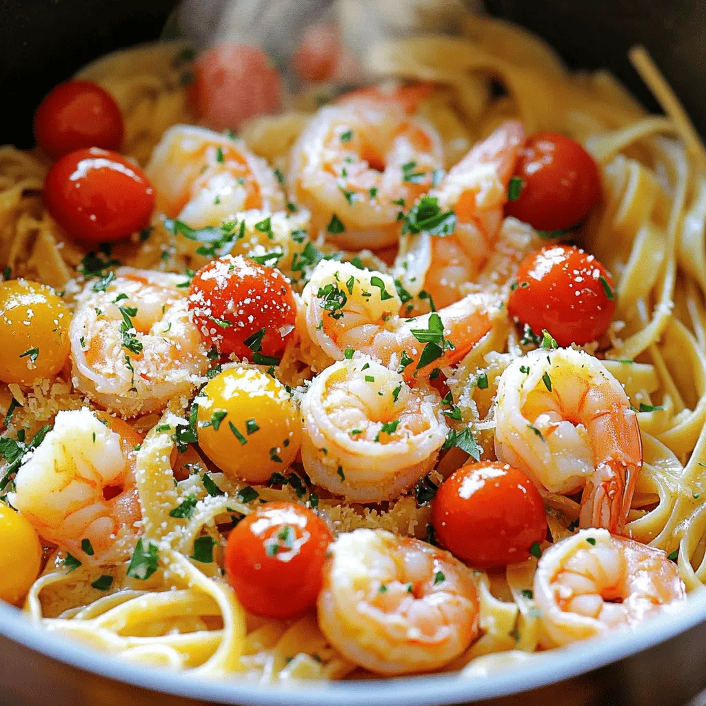 To make the One Pot Garlic Butter Shrimp Pasta, you need these simple ingredients: - 8 oz linguine pasta - 1 lb medium shrimp, peeled and deveined - 4 tablespoons unsalted butter - 4 cloves garlic, minced - 1 cup cherry tomatoes, halved - 1 cup vegetable or chicken broth - 1 teaspoon red pepper flakes - 1 lemon, zested and juiced - Salt and pepper, to taste - Fresh parsley, chopped (for garnish) - Grated Parmesan cheese (optional) These ingredients come together to create a dish that is both quick and flavorful. The shrimp adds protein, while the pasta provides a hearty base. Fresh garlic and tomatoes bring brightness to each bite. The butter adds richness, making every mouthful satisfying. You can customize the flavors to suit your taste. If you like more heat, add extra red pepper flakes. Want it creamier? Consider a splash of cream or more butter. Each ingredient plays a role in making this dish a winner. When shopping, look for fresh shrimp. They should smell like the ocean, not fishy. Choose ripe cherry tomatoes for sweetness. Fresh parsley adds color and a fresh taste on top. Now you have everything you need to create this one-pot meal in no time! - Melting butter and sautéing garlic: Start by melting 2 tablespoons of butter in a large pot over medium heat. Once it melts, add 4 cloves of minced garlic and 1 teaspoon of red pepper flakes. Sauté for about 1 minute until the garlic smells great. - Adding tomatoes and cooking: Next, stir in 1 cup of halved cherry tomatoes. Cook them for 2-3 minutes until they soften. This adds freshness and flavor to your dish. - Cooking linguine with broth and spices: Add 8 ounces of uncooked linguine pasta to the pot. Pour in 1 cup of vegetable or chicken broth, along with the lemon zest, salt, and pepper. Bring this mixture to a boil. - Cooking shrimp separately: While the pasta simmers, heat the remaining 2 tablespoons of butter in another pan over medium-high heat. Add 1 pound of peeled and deveined shrimp. Cook them for 2-3 minutes on each side until they turn pink and opaque. - Mixing shrimp with pasta: Once the pasta is done, combine the cooked shrimp with the pasta in the large pot. Toss everything gently to mix well. - Adjusting seasoning and adding lemon juice: Squeeze in the juice of 1 lemon and taste to see if you need more salt or pepper. This step brightens the dish. - Serving suggestions: Serve your pasta hot. Garnish with fresh chopped parsley and add grated Parmesan cheese if you like. This adds a nice touch and extra flavor to your meal. - Adjusting the heat for optimal cooking: Start on medium heat when you melt the butter. This helps the garlic release its flavor without burning. Once you add the broth and pasta, lower the heat to let it simmer. This keeps the pasta from overcooking. - Ensuring shrimp remains tender: Shrimp cooks fast. Cook them just until they turn pink and opaque. If you cook them too long, they can turn rubbery. Aim for about 2-3 minutes per side. - Tips for al dente pasta: Check your pasta a couple of minutes before the package says it’s done. Al dente means it should be firm but not hard. Taste it to see if it has a slight bite. - Alternatives for butter: If you want a lighter dish, you can use olive oil instead of butter. It gives a nice flavor and is healthier. - Using different pasta types: You can swap linguine for spaghetti, fettuccine, or even penne. Just keep cooking times in mind, as they may vary. - Options for broth varieties: While vegetable broth works well, chicken broth adds more flavor. You can also use seafood broth for an extra seafood boost. {{image_2}} You can easily change the taste of your One Pot Garlic Butter Shrimp Pasta. Try adding different vegetables like spinach, bell peppers, or zucchini. These add color and nutrients. You can also toss in asparagus or peas for a fresh twist. When it comes to herbs and spices, feel free to experiment. Basil, oregano, or thyme work well with shrimp. For a kick, add more red pepper flakes or even a dash of smoked paprika. These small changes keep the dish exciting. If you need a gluten-free option, use gluten-free pasta. There are great brands available that taste fantastic. You can also make this dish healthier. Swap butter for olive oil to cut down on saturated fat. For more veggies, increase the amount of cherry tomatoes or add broccoli. To lower calories, reduce the cheese or skip it entirely. These simple changes can make your meal delicious and fit your diet. To keep your One Pot Garlic Butter Shrimp Pasta fresh, follow these tips: - Cool it down: Let the pasta cool to room temperature. - Use airtight containers: Store leftovers in a container with a tight lid. - Refrigerate: Place the container in the fridge for up to 3 days. - Avoid freezing: Freezing can change the texture of the pasta and shrimp. When reheating, you want to keep the pasta tasty and the shrimp tender. Here’s how: - Stovetop method: Heat a pan on low. Add a splash of broth or water. - Microwave method: Place pasta in a microwave-safe bowl. Cover it to avoid drying out. - Heat gently: Warm until just heated through, stirring occasionally. - Add flavor: Squeeze a bit of lemon juice before serving to boost the taste. How long does it take to cook shrimp in the pasta? Cooking shrimp in the pasta takes about 10-12 minutes. While the pasta simmers, it absorbs flavor. The shrimp cooks in just 2-3 minutes in a separate pan. When they turn pink and opaque, they are done. Can I use frozen shrimp for this recipe? Yes, you can use frozen shrimp. Just thaw them first. Place them in cold water for about 15-20 minutes. This helps them cook evenly and stay tender. What can I substitute for linguine? If you don’t have linguine, you can use spaghetti or fettuccine. You can also try gluten-free pasta. Just adjust the cooking time as needed. This blog post covered a tasty shrimp pasta dish. You learned about the key ingredients, step-by-step instructions, and helpful tips. I shared serving ideas and variations to keep your meals exciting. Remember, cooking is all about joy and exploration. You can adjust flavors, try different ingredients, and store leftovers for later. I hope you feel inspired to make this dish and add your personal touch. Enjoy your cooking adventure!