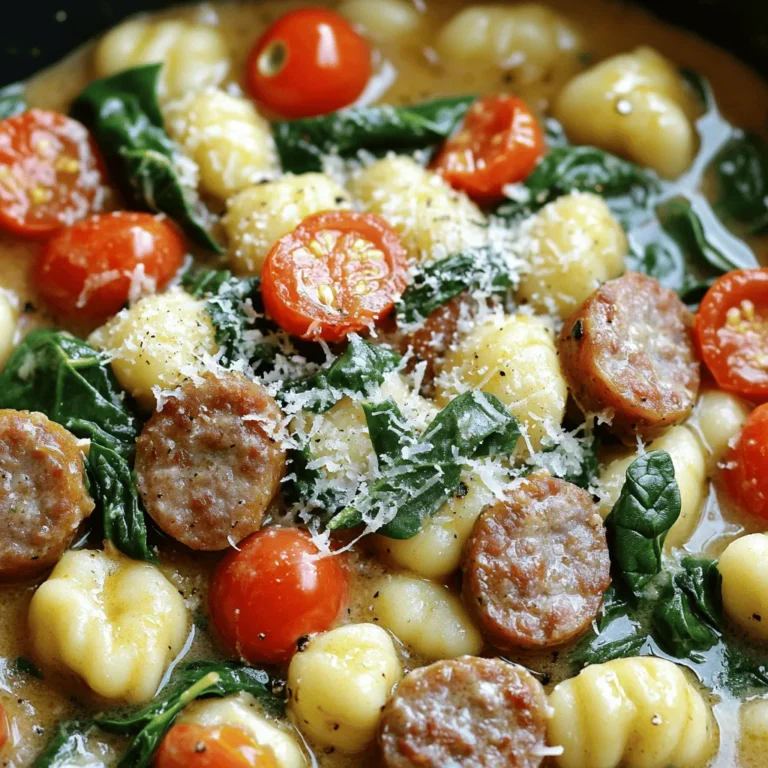To make One-Pot Creamy Tuscan Sausage Gnocchi, gather these items: - 1 pound Italian sausage (mild or spicy) - 1 tablespoon olive oil - 3 cloves garlic, minced - 1 small onion, finely chopped - 1 cup cherry tomatoes, halved - 2 cups fresh spinach - 1 teaspoon dried oregano - 1 teaspoon dried basil - 1 cup heavy cream - 1 cup chicken broth - 1 pound potato gnocchi - 1 cup grated Parmesan cheese - Salt and pepper to taste - Fresh basil leaves for garnish (optional) If you do not have Italian sausage, you can use turkey or chicken sausage. For a vegetarian option, try using mushrooms or a veggie sausage. Olive oil can be swapped with butter for a richer taste. If cherry tomatoes aren't available, any diced tomatoes can work. You can also replace heavy cream with half-and-half or coconut cream for a dairy-free version. Using fresh herbs gives a bright flavor. If fresh herbs are hard to find, dried herbs will work well too. For dried herbs, use about one-third the amount of fresh. For this recipe, dried oregano and basil really enhance the dish. If you have fresh basil, add it at the end for a burst of flavor. Fresh spinach is best, but frozen spinach can also be used if needed. Just make sure to thaw and drain it first. Start by gathering all your ingredients. You will need: - 1 pound Italian sausage - 1 tablespoon olive oil - 3 cloves garlic, minced - 1 small onion, finely chopped - 1 cup cherry tomatoes, halved - 2 cups fresh spinach - 1 teaspoon dried oregano - 1 teaspoon dried basil - 1 cup heavy cream - 1 cup chicken broth - 1 pound potato gnocchi - 1 cup grated Parmesan cheese - Salt and pepper to taste - Fresh basil leaves for garnish Chop the onion and garlic. Halve the cherry tomatoes. This will make cooking easier. Heat the olive oil in a large pot over medium heat. Add the Italian sausage. Break it apart with a spoon. Cook it until it turns brown. This takes about 5-7 minutes. Next, add the chopped onion and minced garlic. Sauté them until the onion looks clear. This should take about 3-4 minutes. Now, stir in the halved cherry tomatoes, dried oregano, and dried basil. Cook for another 3-4 minutes. The tomatoes should soften and mix well with the sausage. Pour in the heavy cream and chicken broth. Stir everything together. Bring the mixture to a gentle simmer. Add the potato gnocchi to the pot. Stir it in gently. Cook the gnocchi for 2-3 minutes until it floats. This shows they are done. Once the gnocchi is ready, stir in the fresh spinach. It should wilt quickly. Remove the pot from heat. Mix in the grated Parmesan cheese. Stir until it melts. Season with salt and pepper to taste. Serve your creamy Tuscan sausage gnocchi right away. Garnish with extra Parmesan and fresh basil if you like. Enjoy! To make this dish creamy and rich, use heavy cream. It blends well with other ingredients. Stir it in slowly to avoid curdling. If you want a lighter version, try half-and-half. It won't be as thick, but it still tastes great. Taste is key. After adding salt and pepper, keep tasting. You might want more herbs or spices. If you like it spicy, add red pepper flakes. For a fresh flavor, add lemon juice. Personalize it to fit your taste! Gnocchi cooks quickly. Watch it closely to avoid overcooking. When they float, they are ready. This means they are light and fluffy. Stir gently to mix them with the sauce. This keeps them intact and helps them soak up flavor. {{image_2}} You can make this dish even better by adding extra vegetables. Try bell peppers, zucchini, or mushrooms. These veggies bring color and flavor. Chop them up and add them to the pot with the sausage. Cook them until they soften. You can also add peas or broccoli for a nice crunch. Fresh herbs like parsley or thyme can brighten the dish, too. If you love heat, spice up your gnocchi! Use spicy Italian sausage instead of mild. You can also add crushed red pepper flakes for extra kick. Start with a small amount and taste as you go. This way, you control the spice level. Adding a splash of hot sauce at the end can also give it a nice heat. For a vegetarian version, swap the sausage for mushrooms or lentils. You can use plant-based sausage if you like. Also, try adding chickpeas for protein. Use vegetable broth instead of chicken broth for flavor. This keeps it rich and creamy while still being meat-free. Use gnocchi made from cauliflower or sweet potatoes for a twist. Store leftover One-Pot Creamy Tuscan Sausage Gnocchi in an airtight container. This keeps it fresh. Let it cool to room temperature before sealing. It is best to eat leftovers within three days. If you wait longer, the gnocchi may become mushy. To reheat, place the gnocchi in a pot over low heat. Stir occasionally. Add a splash of chicken broth or cream to keep it creamy. Heat until warm, about five to seven minutes. You can also use a microwave. Heat in short bursts, stirring in between. You can freeze One-Pot Creamy Tuscan Sausage Gnocchi. Portion it into freezer-safe bags or containers. Remove air to prevent freezer burn. This dish can last up to three months in the freezer. To enjoy, thaw it overnight in the fridge. Then, reheat as mentioned above. Yes, you can use any type of sausage. I love Italian sausage for its rich flavor. If you prefer, you can try chicken, turkey, or even a plant-based option. Just remember, the taste will change based on your choice. For a spicier dish, opt for hot sausage. If you like milder flavors, stick with sweet sausage. You can use milk or a non-dairy milk. For a thicker texture, try cream cheese or Greek yogurt. You could also mix milk with a bit of melted butter. This will give you some creaminess without the heaviness. Adjust the amount based on your taste. Each option brings a unique flavor to your dish. Gnocchi cooks very quickly. It usually takes about 2 to 3 minutes. They are done when they float to the top of the pot. Keep an eye on them to avoid overcooking. Overcooked gnocchi can become mushy, and we want them tender yet firm. Enjoy them fresh for the best taste! This blog post covered key ingredients, step-by-step cooking, and handy tips. You learned how to make creamy gnocchi that suits your taste. Plus, I shared variations for personal flair and detailed storage tips. Always remember, cooking is about joy and creativity. With these steps, you can make a dish unique to you. Enjoy every bite and feel proud of your cooking journey!