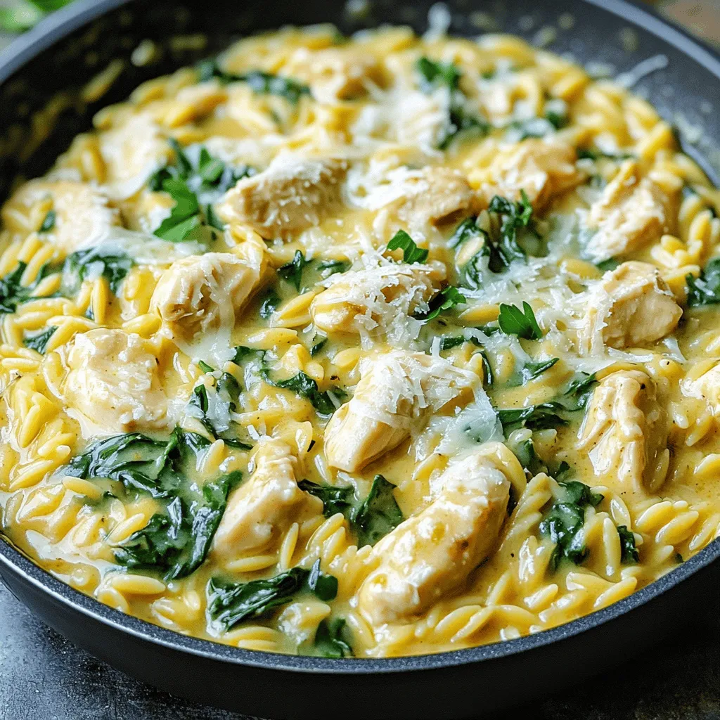 To make Creamy Garlic Butter Chicken Orzo Skillet, you need some key ingredients. Here’s what you should gather: - 1 lb (450g) chicken breast, diced - 1 cup orzo pasta - 4 tablespoons unsalted butter - 4 cloves garlic, minced - 1 onion, finely chopped - 2 cups chicken broth - 1 cup heavy cream - 1 cup spinach, chopped - 1/2 cup grated Parmesan cheese - Salt and pepper to taste - 1 teaspoon dried thyme - 1 teaspoon paprika - Fresh parsley, chopped (for garnish) Each ingredient plays a vital role in creating a rich and creamy dish. The chicken breast provides a hearty protein base, while the orzo pasta adds a unique texture. Unsalted butter and garlic create a savory depth. Onion adds sweetness. Chicken broth brings all the flavors together, and heavy cream gives the dish its creamy quality. Spinach adds color and nutrients, while Parmesan cheese enhances the taste. Seasonings like salt, pepper, thyme, and paprika round out the flavors. Fresh parsley not only garnishes the dish but also adds a pop of freshness. By using these ingredients, you set the stage for a delightful meal that’s both comforting and full of flavor. Start by melting 2 tablespoons of butter in a large skillet over medium heat. Once the butter is hot, add 1 pound of diced chicken breast. Season the chicken with salt, pepper, dried thyme, and paprika. Cook the chicken for about 5 to 7 minutes. You want it golden brown and fully cooked. After cooking, remove the chicken from the skillet and set it aside. In the same skillet, add the remaining 2 tablespoons of butter. Let it melt. Next, add 1 finely chopped onion and 4 minced garlic cloves. Sauté these for about 2 to 3 minutes. The goal is to make them fragrant and translucent. This step adds a depth of flavor to your dish. Now it’s time to add 1 cup of orzo pasta. Stir the pasta to coat it with the garlic butter for about 1 to 2 minutes. Pour in 2 cups of chicken broth and bring everything to a gentle simmer. Cover the skillet and let it cook for about 10 minutes. Check the orzo; it should be al dente. After that, stir in 1 cup of heavy cream. This creates a rich, creamy sauce. Add the cooked chicken back into the skillet, along with 1 cup of chopped spinach and 1/2 cup of grated Parmesan cheese. Mix everything well. Cook until the spinach wilts and the cheese melts, which takes about 2 to 3 minutes. Taste it and adjust the seasoning with salt and pepper if needed. Your dish is now ready to serve! To cook chicken perfectly, start with fresh chicken breast. Cut it into bite-sized pieces. Season it well with salt, pepper, thyme, and paprika. This helps to build flavor. Cook it until golden brown, about 5-7 minutes. Make sure not to overcrowd the pan. This allows the chicken to sear properly. If cooked right, the chicken stays juicy and tender. For a creamy texture, use heavy cream. After adding it to the skillet, simmer gently. This lets the flavors blend well without curdling. Stir often to mix the cream with the broth. Adding Parmesan cheese boosts creaminess and flavor. Make sure it melts completely into the sauce. This will create a rich and velvety coating for the orzo and chicken. The right seasonings make all the difference. I love using thyme and paprika for warmth. Garlic adds a nice punch, while salt and pepper enhance all flavors. You can also try a pinch of Italian herbs for extra depth. Fresh parsley on top adds a pop of color and freshness. Don't be shy to adjust seasonings to suit your taste! {{image_2}} You can boost the taste of your creamy garlic butter chicken orzo skillet by adding vegetables. Some great options are: - Bell peppers - Zucchini - Mushrooms - Broccoli Simply chop them up and add them when you cook the onion and garlic. This adds color and nutrients. You can even use frozen veggies for a quick fix. They cook down well in the creamy sauce. If you want to switch up the protein, you have choices. Here are some ideas: - Shrimp - Turkey - Tofu For shrimp, add them in the last few minutes of cooking. If using turkey, make sure it's cooked through before mixing it in. Tofu works great for a vegetarian option. Just sauté it until golden before adding. To make this dish vegetarian, remove the chicken and use vegetable broth instead of chicken broth. You can also add more veggies like: - Peas - Carrots - Kale This keeps it hearty and satisfying. Don’t forget to adjust the seasonings to keep the flavor strong. Add some extra cheese for richness if you like! To store leftovers, first, let the dish cool completely. Then, place the Creamy Garlic Butter Chicken Orzo Skillet in an airtight container. Make sure to seal it well to keep out air. You can store it in the fridge for up to three days. If you're not eating it soon, consider freezing it. When you want to enjoy leftovers, reheat them on the stove. Add a splash of chicken broth or cream to keep it creamy. Stir gently over low heat. This helps the dish warm evenly without drying out. You can also use the microwave, but cover it to trap moisture. If you freeze the dish, use a freezer-safe container. It can last up to three months in the freezer. When ready to eat, thaw it overnight in the fridge. Then, reheat as mentioned before. Freezing may change the texture slightly, but it will still taste great. You can make this dish in about 30 minutes. It only takes 10 minutes to prep and 20 minutes to cook. This quick timing makes it perfect for a weekday dinner. You can have a warm, tasty meal ready in no time. Yes, you can use whole wheat orzo. It adds a nice nutty flavor and boosts the fiber. Just keep in mind that it may take a few extra minutes to cook. Check the package for cooking times to get it just right. If you want to skip heavy cream, use half-and-half or a mix of milk and butter. You can also try coconut cream for a dairy-free option. Each choice will change the taste a bit, but the dish will still be creamy. Yes, this dish is great for meal prep. You can make it ahead and store it in the fridge. It keeps well in an airtight container for up to three days. Just reheat it gently on the stove or in the microwave. Enjoy your tasty meal all week! This blog post covered a simple and tasty recipe for Creamy Garlic Butter Chicken Orzo Skillet. We discussed key ingredients like chicken, orzo, and seasonings. I shared step-by-step instructions, tips for cooking, and ways to add your twist. You can store leftovers easily and enjoy them later. Remember, this dish is flexible and suits many diets. Try it out, and see how you can make it your own. Happy cooking!