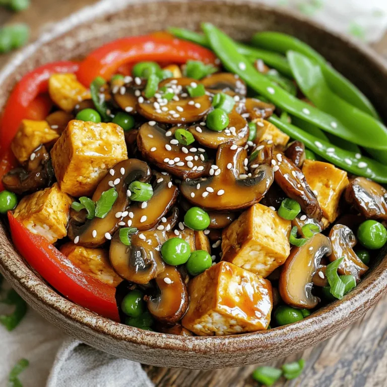 - 14 oz firm tofu, cubed - 8 oz button mushrooms, sliced - 1 red bell pepper, sliced - 1 cup snap peas, trimmed - 2 green onions, chopped - 3 cloves garlic, minced - 1-inch ginger, grated - 3 tablespoons soy sauce - 1 tablespoon sesame oil - 1 tablespoon cornstarch mixed with 2 tablespoons water - 2 tablespoons vegetable oil - Salt and pepper to taste - Sesame seeds for garnish In this recipe, I use firm tofu for its great texture. It holds up well in the stir-fry. Button mushrooms add a nice, earthy flavor. The red bell pepper adds sweetness and color. Snap peas give a crisp bite and bright green look. Lastly, green onions add freshness. For flavoring, I always add garlic and ginger. They give depth to the dish. Soy sauce adds umami, while sesame oil brings a nutty touch. The cornstarch mixed with water helps thicken the sauce, making it nice and glossy. To season, I use vegetable oil for frying. Salt and pepper enhance the taste. Sesame seeds are perfect for garnish, adding crunch and a nice finish to the dish. To start, you need to press the tofu. This helps to remove extra moisture. Place the cubed tofu between two plates. Add a weight on top for about 10 minutes. This will make your tofu firmer and better for frying. Next, heat a large skillet over medium-high heat. Add vegetable oil to the skillet. Once hot, add the pressed tofu cubes. Fry the tofu until it turns golden brown. This takes about 5 to 7 minutes. After browning, remove the tofu and set it aside. In the same skillet, add the sliced mushrooms, bell pepper, and snap peas. Stir-fry these vegetables for about 4 to 5 minutes. You want them to soften but still be crisp. Now, add the minced garlic and grated ginger to the mix. Stir quickly for about 1 minute to avoid burning. This step adds a nice flavor to the dish. Return the browned tofu to the skillet. Pour in the soy sauce and sesame oil. Mix well to combine all the ingredients. Next, make the sauce thicker. Pour in the cornstarch slurry you prepared earlier. Stir well for about 1 to 2 minutes. This will help the sauce coat everything nicely. Finally, season with salt and pepper to taste. Add the chopped green onions just before serving. Serve hot, garnished with sesame seeds for a lovely touch. Tofu can be a bit tricky to get right. Pressing tofu is key. It helps remove excess moisture. This step makes it crispier and less watery. You can do this by placing cubed tofu between two plates. Add a weight on top for about 10 minutes. This simple step can change the dish. When frying tofu, use medium-high heat. This helps achieve that golden brown color. Fry for roughly 5-7 minutes on each side. Keep an eye on it to avoid burning. You can boost the flavor with extra spices. Try adding crushed red pepper for heat. A splash of lime juice can add freshness too. You might also enjoy a dash of hoisin sauce for sweetness. Choosing the right oil matters. While vegetable oil works well, sesame oil adds a nutty taste. You can also use grapeseed oil for a light flavor. Garnishing can make your dish pop. Sprinkle sesame seeds on top for crunch. Chopped green onions add color and taste. You can even add a few slices of red pepper for a bright look. For serving, try placing the stir-fry on a bed of rice. You can use brown rice for added nutrients. Serve it in a colorful bowl to make it eye-catching. {{image_2}} You can change the vegetables in this stir-fry easily. Try using broccoli, carrots, or zucchini. Each brings a new taste and crunch. You can also swap proteins. If you want meat, use chicken or shrimp. For a different plant-based option, use tempeh. These swaps keep the dish fresh and fun. If you need a gluten-free meal, switch soy sauce for tamari. This keeps the flavor while meeting dietary needs. To make it vegan, double-check all your ingredients. Ensure sauces and oils do not have animal products. This way, everyone can enjoy the meal, no matter their diet. Add some spices to give your stir-fry an Asian-inspired twist. A dash of chili flakes or five-spice powder can elevate the flavor. You can also mix in other cuisines. For a Mexican flair, add cumin and cilantro. These twists make the dish unique and exciting. To keep your Minute Mushroom Tofu Stir-Fry fresh, store leftovers in airtight containers. This helps prevent moisture loss and keeps flavors intact. Always let the stir-fry cool down before sealing the container. This way, it won't create steam that can make it soggy. You can keep the stir-fry in the fridge for up to three days. After this time, the taste may change, and the texture can suffer. If you want to save your stir-fry for later, freezing is a great choice. To freeze it, let your dish cool completely, then place it in freezer-safe bags or containers. Make sure to remove excess air to prevent freezer burn. Your stir-fry can last in the freezer for up to three months. When you're ready to eat, thaw it overnight in the fridge. To reheat, use a skillet over medium heat, stirring often until hot. This keeps the tofu and veggies from getting mushy. Cooking this dish is fast and easy. It takes 10 minutes to prep the ingredients and 15 minutes to cook. So, you can enjoy a tasty meal in just 25 minutes. Yes, you can swap tofu for other proteins. Here are some great options: - Chicken - Tempeh - Shrimp - Beef - Seitan These choices can change the flavor and texture a bit, but they are all tasty! To keep your stir-fry fresh, here are some tips: - Use a skillet over medium heat. - Add a splash of water or soy sauce. - Stir often to warm it evenly. This way, the dish stays tasty and the veggies keep their crunch! This blog post covers how to make a tasty mushroom tofu stir-fry. We explored key ingredients like firm tofu, mushrooms, and bell peppers. Then, I shared step-by-step instructions for preparing and cooking. I also included tips to improve tofu texture and flavor. In conclusion, cooking this dish is simple and fun. Feel free to mix and match ingredients to suit your taste. Enjoy creating your own stir-fry masterpiece!
