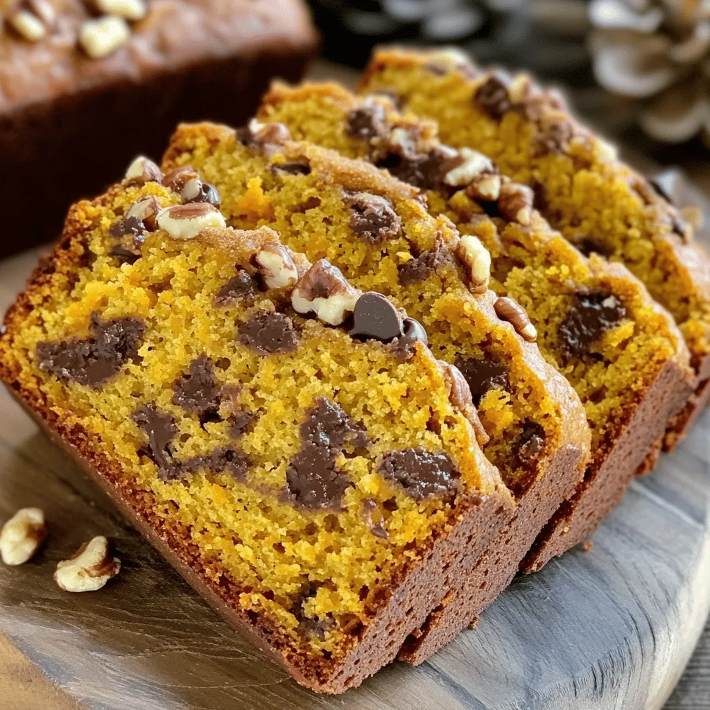 To make Easy Pumpkin Chocolate Chip Bread, you need the following ingredients: - 1 ½ cups all-purpose flour - 1 teaspoon baking soda - ½ teaspoon baking powder - ½ teaspoon salt - 1 teaspoon ground cinnamon - ½ teaspoon ground nutmeg - ½ teaspoon ground ginger - ½ cup vegetable oil - 1 cup canned pumpkin puree - 1 cup granulated sugar - 2 large eggs - 1 teaspoon vanilla extract - 1 cup semi-sweet chocolate chips - ½ cup chopped walnuts (optional) These ingredients blend together to create a rich, moist bread. The pumpkin adds a nice texture and flavor. The spices like cinnamon, nutmeg, and ginger give warmth and depth. The chocolate chips bring a sweet touch that pairs perfectly with the pumpkin. You can skip the walnuts if you want a nut-free option. Make sure to use fresh baking soda and baking powder to ensure good rise in your bread. This combination makes a delicious treat for any time of the year, but especially in fall. - Preheat your oven to 350°F (175°C). - Grease a 9x5 inch loaf pan or use parchment paper. - In a medium bowl, whisk together the flour, baking soda, baking powder, salt, cinnamon, nutmeg, and ginger. Set this aside. - In a large bowl, mix the vegetable oil, pumpkin puree, sugar, eggs, and vanilla extract. Blend until smooth. - Gradually add the dry mix to the wet mix. Stir gently until just combined. - It’s okay if the batter has a few lumps; overmixing is not good. - Fold in the chocolate chips and walnuts, if you like. Make sure they spread evenly. - Pour the batter into the prepared loaf pan. Use a spatula to smooth the top. - Bake in the oven for 60-70 minutes. Check doneness by inserting a toothpick in the center. - If it comes out clean, your bread is ready! Let it cool in the pan for 10 minutes. After that, transfer it to a wire rack to cool completely. How to avoid overmixing Mix the wet and dry ingredients gently. When you combine them, stir just until you see no dry flour. It’s okay to have some lumps. Overmixing makes the bread dense. Ensuring even baking Place the loaf pan in the center of the oven. This helps hot air circulate evenly. Make sure to check the bread near the end of baking. Insert a toothpick in the center. If it comes out clean, the bread is done. Best ways to present the bread Slice the bread and serve it warm. You can add a pat of butter on top. For a nice touch, sprinkle some cinnamon on each slice. This adds flavor and looks great. Pairing options for this pumpkin bread Enjoy it with a cup of coffee or tea. Cream cheese spread is a tasty option too. You can also serve it with maple syrup for a sweet twist. Using expired ingredients Check the dates on your baking powder and spices. Fresh ingredients make a big difference. Old ingredients can affect rising and flavor. Not measuring accurately Use measuring cups and spoons for best results. Too much flour or sugar can ruin your bread. Always level off dry ingredients for an accurate measure. {{image_2}} For a gluten-free version, you can use almond flour or coconut flour. These flours work well in this recipe. You may need to add a binding agent, such as xanthan gum, for the best texture. Start with 1 teaspoon of xanthan gum for every cup of flour. This will help the bread hold together better. To make this bread vegan, replace the eggs with flaxseed meal or applesauce. Use 1 tablespoon of flaxseed mixed with 2.5 tablespoons of water for each egg. This mixture works great as a binder. For a non-dairy option, use almond or coconut milk instead of regular milk. You can also replace the vegetable oil with coconut oil for a richer taste. You can add more spices like cloves or allspice to boost the flavor. A teaspoon of vanilla extract enhances the sweetness, too. If you want to mix things up, try adding dried cranberries or pecans along with the chocolate chips. These additions will give your bread a unique twist that everyone will love! To keep your Easy Pumpkin Chocolate Chip Bread fresh, wrap it tightly in plastic wrap or aluminum foil. This helps keep moisture in. Store the wrapped bread at room temperature for up to three days. If you notice any mold, discard it right away. For longer storage, freeze your bread. First, let it cool completely. Then, slice it if you prefer individual servings. Wrap each slice in plastic wrap and place them in a freezer-safe bag. Make sure to remove any excess air. Your bread can last in the freezer for about three months. When you're ready to enjoy it, simply thaw it at room temperature. To reheat your bread, you have a couple of good options. For a quick fix, slice the bread and pop it in the microwave for about 15 to 20 seconds. If you prefer a crispy outside, preheat your oven to 350°F (175°C). Place the whole loaf or slices on a baking sheet and warm for about 10 minutes. Enjoy it warm for the best taste! How long does Easy Pumpkin Chocolate Chip Bread last? This bread stays fresh for about 3 to 5 days at room temperature. Keep it in a sealed bag. If you want it to last longer, store it in the fridge for up to a week. Can I use fresh pumpkin instead of canned? Yes, you can use fresh pumpkin. Just cook it, cool it, and mash it until smooth. This gives the bread a fresh taste. What can I pair this bread with for breakfast? This bread is great with butter or cream cheese. You can also enjoy it with coffee or tea. Some like it with a sprinkle of cinnamon or nuts on top. Can I make this recipe in mini loaf pans? Absolutely! Just divide the batter into mini loaf pans. Bake for about 30 to 40 minutes. Check with a toothpick to make sure they are done. What temperature should the bread be when it’s done? The bread is done when it reaches about 200°F (93°C) inside. A toothpick should come out clean when you test it. How to adjust sweetness or spice levels? To make it sweeter, add a bit more sugar. If you want less sweetness, reduce the sugar a little. For spice, add more cinnamon or nutmeg to suit your taste. Can I add other ingredients like oats or coconut? Yes, you can add oats for texture. Coconut also works well! Just be sure to keep the total dry ingredients balanced. This blog post covered how to make delicious Easy Pumpkin Chocolate Chip Bread. You learned about the key ingredients and specific measurements. We discussed the step-by-step process for baking and shared helpful tips to avoid common mistakes. I also offered variations for gluten-free and vegan diets. Baking is fun and rewarding. With these instructions, you can impress family and friends with your skills. Enjoy your tasty creation and explore different flavors. Happy baking!