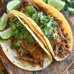 - 2 lbs beef chuck roast - 1/4 cup honey - 1/4 cup soy sauce (or coconut aminos for a gluten-free version) - 1/4 cup apple cider vinegar - 4 cloves garlic, minced - 1 tablespoon ground cumin - 1 tablespoon smoked paprika - 1 teaspoon ground coriander - 1 teaspoon chili powder - Salt and pepper to taste - 1 medium onion, diced - 1 cup beef broth When you cook with beef chuck roast, you get rich flavor and great texture. The honey adds a sweet touch, while the soy sauce gives a nice salty kick. Apple cider vinegar helps balance the flavors, making the dish bright and lively. Garlic adds depth, and the spices create a warm, inviting aroma that fills your kitchen. - Fresh cilantro - Lime wedges - Corn or flour tortillas Garnishes can really elevate your tacos. Fresh cilantro adds a pop of color and fresh taste. Lime wedges offer a zesty twist that brightens the dish. Choose corn or flour tortillas based on your preference—both work well! These ingredients make each taco a little party in your mouth. Start by trimming any fat from the beef chuck roast. This helps the meat cook better and stay tender. After trimming, season the beef well with salt and pepper. This simple step adds flavor to your barbacoa. In a medium bowl, mix together the honey, soy sauce, apple cider vinegar, and minced garlic. Add ground cumin, smoked paprika, ground coriander, and chili powder. Stir everything well to create a smooth marinade. This sauce brings a sweet and savory flavor to your beef. Layer the diced onion at the bottom of your slow cooker. Place the seasoned beef on top of the onions. Pour the honey garlic sauce over the beef. Next, carefully add beef broth around the edges. Avoid washing off the marinade from the beef. Cover and cook on low for 8 hours, or on high for 4 to 5 hours. The beef should be fork-tender when done. Once the beef is cooked, remove it from the slow cooker. Use two forks to shred the beef into bite-sized pieces. Return the shredded beef to the honey garlic sauce in the slow cooker and stir to coat. While the beef rests, warm the tortillas in a dry skillet over medium heat until they are lightly charred. To assemble the tacos, place a generous amount of the honey garlic barbacoa on each tortilla. Garnish with chopped cilantro, and serve with lime wedges on the side. Enjoy your delicious tacos! - Best practices for slow cooking: Always use a good quality cut of beef, like chuck roast. This cut has enough fat to keep the meat juicy. Start by seasoning the beef with salt and pepper. Layer onions at the bottom of your slow cooker for added flavor. Cook it low and slow for the best results. - Ensuring fork-tender beef: To get beef that falls apart easily, make sure you cook it for a full 8 hours on low. If you're in a hurry, you can cook it on high for 4-5 hours. Always check for tenderness. If it’s not fork-tender, give it more time. - Marinating time suggestions: For richer flavors, marinate the beef overnight. If you're short on time, even 30 minutes can work. The longer the beef sits in the honey-garlic sauce, the more the flavors will soak in. - Adjusting sweetness or spice: If you prefer sweeter tacos, add more honey. For a spicier kick, mix in chopped jalapeños or a splash of hot sauce. Always taste the sauce before cooking. Adjust it to your liking for the best outcome. - Rustic serving suggestions: Serve the tacos on a wooden board. This adds charm and makes it feel cozy. Lay out lime wedges and chopped cilantro in small bowls for a fun touch. - Creative garnish options: Fresh cilantro is a must for a pop of color and flavor. You can also add diced onions or crumbled queso for extra texture. Lime wedges bring brightness and balance to the dish. {{image_2}} You can easily change a few ingredients for this recipe. If you need a gluten-free option, use coconut aminos instead of soy sauce. It gives a nice sweet and savory flavor too. If beef isn't your thing, try chicken or pork. These meats cook well and absorb all the tasty flavors. Do you like a little heat? Add some diced jalapeños or a splash of hot sauce! These spices make your tacos exciting. If you want them sweeter, add more honey or even some fruit. Pineapple or mango can work great in this dish. These tweaks keep your tacos fresh and fun! After enjoying your tacos, store leftovers in an airtight container. Place the beef in one container and tortillas in another. This keeps them fresh. In the fridge, the beef lasts about 3 to 4 days. Keep an eye on the smell and look for any signs of spoilage. To freeze, let the beef cool completely. Then, place it in a freezer-safe bag. Remove as much air as possible before sealing. The beef can stay good for up to 3 months. When you’re ready to eat, thaw it overnight in the fridge. Reheat it in the microwave or on the stove for best results. When it’s time to enjoy your tacos again, warm the tortillas in a skillet. This adds a nice texture. Heat the shredded beef gently on the stove or in the microwave. Keep stirring to avoid hot spots. Once warmed, assemble your tacos with fresh cilantro and lime. Enjoy every bite! Barbacoa is a method of cooking meat. It comes from Mexico and means "barbecue." Traditionally, cooks would wrap meat in leaves and slow-cook it in a pit. This method makes the meat very tender and full of flavor. Today, people often use beef, lamb, or goat for barbacoa. The meat gets seasoned with spices, like cumin and chili powder, to enhance the taste. Yes, you can cook this dish on high heat. If you use high heat, cook for 4-5 hours. However, cooking on low heat gives better results. It takes about 8 hours on low. The low heat lets the flavors mix well and makes the meat more tender. Cooking on high can make the meat less juicy and a bit tougher. You can tell the beef is done when it is fork-tender. This means you should be able to pull it apart easily with a fork. The beef should look dark and rich in color after cooking. If you find it hard to shred, it may need more cooking time. Always check the texture to ensure it is just right. Both corn and flour tortillas have their perks. Corn tortillas are gluten-free and have a nice, earthy taste. They hold up well with juicy fillings. However, they can break easily. Flour tortillas are soft and chewy, making them great for wrapping. They also stand up to heavier fillings well. Choose based on your taste and the texture you prefer. You learned how to make delicious barbacoa tacos with simple ingredients and easy steps. Start with tender beef, mix it with a tasty honey garlic sauce, and slow cook it to perfection. I shared tips for cooking and storage, plus fun ways to customize your dish. Now you can enjoy barbacoa tacos anytime and impress your friends and family. This dish is perfect for gatherings or cozy nights at home. Enjoy your cooking adventure, and savor every bite!