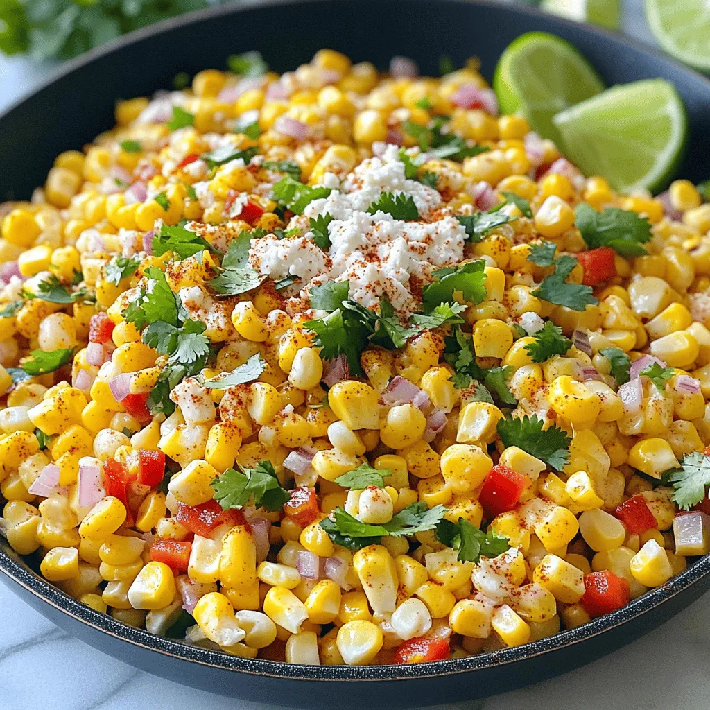 - 4 cups corn kernels (fresh, frozen, or canned) - 1 red bell pepper, diced - 1 jalapeño, seeded and minced - 1 small red onion, chopped - 3 cloves garlic, minced The main ingredients make this dish colorful and tasty. Corn gives sweetness, while the bell pepper adds crunch. The jalapeño brings heat, and the onion adds flavor. Garlic rounds it out with a rich taste. - 1 teaspoon chili powder - ½ teaspoon cumin - ½ teaspoon smoked paprika - Salt and pepper to taste These seasonings give the dish its bold flavor. Chili powder adds warmth, cumin brings earthiness, and smoked paprika provides depth. Salt and pepper enhance all the tastes. - 2 tablespoons olive oil - ¼ cup mayonnaise - ½ cup cotija cheese, crumbled - Fresh cilantro, for garnish - Lime wedges, for serving Olive oil helps cook the veggies. Mayonnaise adds creaminess and richness. Cotija cheese gives a salty kick that melts in your mouth. Fresh cilantro brightens the dish, and lime wedges add zing when served. Each element makes this dish a true delight. - Step 1: Heat the pan with olive oil over medium-high heat. Start by pouring olive oil into your large skillet. Let it heat up, but don't let it smoke. This step helps give a nice base flavor to your dish. - Step 2: Add chopped onion and sauté until translucent. - Step 3: Incorporate garlic, red bell pepper, and jalapeño. Next, toss in the chopped onion. Cook for about 3-4 minutes until it turns clear. Then, add the minced garlic, diced red bell pepper, and jalapeño. Stir and cook for another 2-3 minutes. This makes the veggies tender and flavorful. - Step 4: Stir in corn kernels and cook until charred. - Step 5: Season with spices and mix well. Now, it's time for the corn! Add 4 cups of corn kernels to the skillet. Cook for about 5 minutes, stirring occasionally. You want them to get a nice char. After that, sprinkle in the chili powder, cumin, smoked paprika, salt, and pepper. Stir well to blend all the spices. - Step 6: Stir in mayonnaise after removing from heat. Once everything is well mixed, remove the skillet from the heat. Now, add the mayonnaise and stir until all the corn and veggies are coated. This step makes the dish creamy and rich. - Step 7: Top with cotija cheese and garnish with cilantro. Sprinkle the crumbled cotija cheese over the top. Finish with fresh cilantro for a burst of color and flavor. Serve warm with lime wedges on the side. A squeeze of lime adds a fresh zing that brightens this dish. Enjoy your One-Pan Mexican Street Corn Skillet! - Use fresh corn for the best taste and texture. - If using frozen corn, thaw it in the fridge overnight. - Drain canned corn well before using it in your skillet. Cooking corn is simple. You want it sweet and crisp. Fresh corn adds a lovely crunch. If you can't find fresh corn, frozen is a good backup. Just remember to thaw it well. Canned corn can work too, but make sure to drain it first. This avoids extra moisture in your dish. - Add more spices like garlic powder or cayenne for extra heat. - Homemade mayonnaise gives a fresher taste than store-bought. To make your dish pop, think about flavor. You can add garlic powder, cayenne, or even smoked salt for a twist. If you make your own mayo, it can taste brighter. Store-bought is fine, but homemade gives a special touch. - Aim for a nice char on the corn for added depth. - Cook the veggies until they are just tender but still crisp. Getting the right char is key. Cook the corn until it starts to brown. This brings out a deep flavor. For the veggies, cook them just enough. You want them soft but not mushy. This keeps your skillet lively and exciting. {{image_2}} You can make this dish even heartier by adding protein. Chicken, shrimp, or beans work well. If you choose chicken, use cooked, shredded chicken. Add it in after you cook the corn. For shrimp, sauté them in the pan until pink. Then mix them in with the corn. If you prefer beans, black beans or pinto beans are great choices. Rinse canned beans and stir them in at the end. To make this dish vegan, you can swap the mayonnaise and cotija cheese. Use a vegan mayo instead of regular mayo. This keeps the creamy texture while staying plant-based. For cotija cheese, try using crumbled tofu or a nut-based cheese. Both options add a nice flavor and texture without dairy. You can change the flavor of your skillet by adjusting the spices. If you like more heat, add extra jalapeño or a pinch of cayenne pepper. For a smoky flavor, increase the smoked paprika. You might also try adding lime zest or fresh herbs like oregano. These small changes can create a new taste experience with each meal. To keep your One-Pan Mexican Street Corn Skillet fresh, let it cool. Next, transfer it to an airtight container. You can refrigerate it for up to three days. When you want to eat it again, check for any signs of spoilage before reheating. For freezing, place the cooled skillet in a freezer-safe container. Make sure to seal it tightly. This dish can last up to three months in the freezer. When you are ready to enjoy it, thaw it overnight in the fridge. Reheat it in a pan over low heat, stirring often. This will help keep the corn tender. When stored in the fridge, your dish stays good for about three days. In the freezer, it maintains quality for about three months. After that, the flavors may fade. Always check for texture and smell before serving leftovers. You can try several cheeses if you don’t have cotija. Good options include: - Feta cheese: It has a similar crumbly texture. - Queso fresco: This cheese is milder but works well. - Parmesan cheese: It adds a different flavor but is still tasty. Each of these cheeses can bring a unique twist to your dish. Yes, you can prepare this dish in advance. Here’s how: - Cook the skillet as usual, but stop just before adding the mayonnaise and cheese. - Let it cool, then store it in the fridge. - When ready to serve, reheat it gently. Stir in the mayonnaise and cheese right before serving. This method keeps the dish fresh and tasty. To reheat, use these methods for the best results: - Stovetop: Place in a skillet over medium heat. Stir often to prevent sticking. - Microwave: Use a microwave-safe dish, cover it, and heat in short bursts. Stir between each burst. Both methods help keep the texture nice and creamy. This blog detailed how to make a delicious One-Pan Mexican Street Corn Skillet. You learned about the key ingredients, step-by-step instructions, and tips for perfecting the dish. I also shared ways to store leftovers and variations to fit your taste. Now you can enjoy a tasty, easy meal that fits any occasion. Don’t hesitate to experiment with flavors and ingredients. Your kitchen is ready for this flavorful adventure!