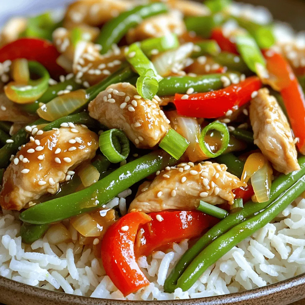 - 1 lb (450g) chicken breast, thinly sliced - 2 cups fresh green beans, trimmed - 1 red bell pepper, sliced - 1 yellow onion, sliced - 3 tablespoons soy sauce - 1 tablespoon honey - 1 tablespoon sesame oil - 2 cloves garlic, minced - 1 tablespoon ginger, grated - Toasted sesame seeds - Sliced green onions In this dish, I use chicken breast, which gives a tender bite. Fresh green beans add a nice crunch. The red bell pepper and yellow onion bring color and sweetness. I season the chicken with soy sauce, honey, and sesame oil for depth. Garlic and ginger give it a punch of flavor. For garnishes, I love toasted sesame seeds and sliced green onions. They add a great finish to the meal. These ingredients come together quickly and easily, making this stir fry a perfect weeknight dinner. Each bite is packed with flavor and freshness. You'll enjoy the balance of protein and veggies, all in one dish! - Start by marinating the chicken. - In a large bowl, mix the chicken with 1 tablespoon of soy sauce, salt, and pepper. - Let it sit for about 10 minutes. - While the chicken marinates, chop the vegetables. - Slice the red bell pepper and yellow onion. - Trim the green beans to prepare them for cooking. - Heat 1 tablespoon of vegetable oil in a large wok over medium-high heat. - Once the oil is hot, add the marinated chicken. - Cook the chicken for about 5-7 minutes. - Look for a nice brown color and ensure it is cooked through. - When done, remove the chicken from the pan and set it aside. - In the same wok, add another tablespoon of vegetable oil. - Toss in the sliced onion, minced garlic, and grated ginger. - Sauté for about 2 minutes until fragrant. - Next, add the green beans and sliced red bell pepper. - Stir frequently and cook for 4-5 minutes until the veggies are tender-crisp. - Now, return the cooked chicken to the wok. - Add the remaining soy sauce, honey, and sesame oil. - Stir everything together to mix well. - Pour in the cornstarch slurry to thicken the sauce. - Mix until the sauce thickens, which takes about 1-2 minutes. - Your stir fry is ready to enjoy! To get the perfect stir fry texture, use high heat. This helps to sear the meat and veggies quickly. Stir the ingredients often. This keeps them from burning and ensures even cooking. To avoid overcooking vegetables, add them at the right time. Start with the onions, garlic, and ginger. After a minute, add the green beans and red bell pepper. Cook them just until they are tender-crisp. This keeps their bright colors and crunch. If you want an alternative protein, try tofu or beef. Tofu absorbs flavors well and is a great plant-based option. If you choose beef, slice it thinly. This helps it cook fast and stay tender. You can also swap in other vegetables. Broccoli, snap peas, or bell peppers work well. Use whatever you have on hand. This makes the dish flexible and fun! To adjust sweetness, add more honey or soy sauce. Taste as you go to find the right balance. If you want more saltiness, add a bit more soy sauce. For heat, add spices like crushed red pepper or chili paste. Start with a little and increase to your liking. This adds a nice kick to the dish! {{image_2}} You can change the veggies in this stir fry. Use what is fresh and in season. Try zucchini, broccoli, or snap peas. They add different flavors and colors. Adding leafy greens can give your dish a boost. You can mix in spinach or bok choy for extra nutrients. Just add them near the end of cooking. This keeps them bright and tender. Want some spice? Add chili paste or sriracha to your sauce. This gives your dish a nice kick. You can also use fresh herbs. Cilantro adds a fresh taste that brightens the dish. Toss in some basil for a sweet twist. These flavors make your stir fry pop. You don't have to use a wok. Oven-baking can also work well. Spread the marinated chicken and veggies on a baking sheet. Roast them until everything is cooked through. Grilling chicken gives it a nice smoky flavor. Just marinate the chicken and grill it until golden. Then mix it with the veggies for a fun twist. These methods keep your meal exciting and new. To keep your chicken and green bean stir fry fresh, use airtight containers. Glass or plastic containers work well. Make sure to let the stir fry cool before sealing it. Store leftovers in the fridge. They can last for up to three days. To reheat stir fry, the stove top is best. Heat a pan over medium heat. Add a splash of water or oil to prevent sticking. Stir often until the dish is hot. You can also use the microwave. Place the stir fry in a microwave-safe bowl. Cover it with a lid or plate. Heat for 1-2 minutes, stirring halfway through. You can freeze chicken and green bean stir fry. Place it in a freezer-safe bag or container. Try to remove as much air as possible. This helps prevent freezer burn. The stir fry can last for up to three months in the freezer. To thaw, place the frozen stir fry in the fridge overnight. For quick thawing, use the microwave's defrost setting. After thawing, reheat on the stove or microwave until warm. Enjoy your meal! You can use frozen green beans in this stir fry. Just thaw them first. To thaw, place the beans in a bowl of cold water for about 10 minutes. Drain them well. When cooking, add the thawed beans later in the stir fry process. This helps them stay crisp. Yes, you can use chicken thighs. They have a richer flavor than breasts. Thighs take a bit longer to cook, around 8-10 minutes. Make sure they reach an internal temperature of 165°F. This ensures they are safe to eat. Rice is a great side dish. Jasmine or basmati rice works well. Noodles are also tasty. Try rice noodles or soba noodles. Both soak up the stir fry sauce nicely. You can even serve it with cauliflower rice for a healthy twist. Store your stir fry in an airtight container. It will last for 3 to 4 days in the fridge. Make sure to cool it down before sealing. Always check for any off smells or changes in color before eating. If it looks or smells bad, throw it away. You can create a tasty Chicken and Green Bean Stir Fry with simple steps. We covered key ingredients, like chicken, fresh veggies, and sauces that enhance flavor. The cooking process is easy, from marinating chicken to sautéing vegetables. Remember, you can swap ingredients and adjust flavors to suit your taste. Store leftovers properly to enjoy later. This dish is fun to make and share. Now, it’s time for you to try it out and impress your friends and family! Enjoy cooking!