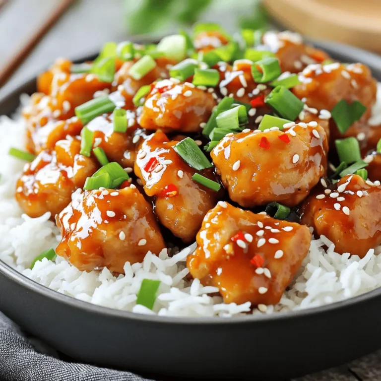 - 2 pounds boneless, skinless chicken thighs - 1 cup soy sauce - 1/2 cup honey - 2 tablespoons rice vinegar - 1 tablespoon sesame oil - 1 tablespoon grated fresh ginger - 3 cloves garlic, minced To create a rich flavor, chicken thighs work best. They stay moist during cooking. The soy sauce gives the dish its salty, umami taste. Honey adds sweetness, balancing the salt. Rice vinegar brings a slight tang. Sesame oil adds a nutty aroma. Grated ginger and minced garlic enhance the overall taste. - 1 teaspoon red pepper flakes (adjust for spice preference) - 4 green onions, chopped (for garnish) - Sesame seeds (for garnish) Red pepper flakes give heat. You can adjust them for your taste. Green onions add a fresh crunch and color. Sesame seeds provide a nice finish. They add visual appeal and a light crunch. - Steamed jasmine rice Serve your General Tso’s Chicken over steamed jasmine rice. The rice absorbs the sauce well. You can also add a side of steamed broccoli or snap peas for extra color and nutrition. This makes a complete meal that feels special yet simple. First, you need to cut the chicken thighs into bite-sized pieces. This helps the chicken cook evenly and soak up the flavors. Place the cut chicken into the crockpot. Make sure to spread it out evenly for the best cooking results. Next, let’s make the sauce. In a bowl, combine these ingredients: - 1 cup soy sauce - 1/2 cup honey - 2 tablespoons rice vinegar - 1 tablespoon sesame oil - 1 tablespoon grated fresh ginger - 3 cloves garlic, minced - 1 teaspoon red pepper flakes (adjust for your spice level) Whisk everything together well. This step ensures a smooth and tasty sauce. Now, pour the sauce over the chicken in the crockpot. Make sure all the chicken gets coated. This adds great flavor! Cover the crockpot and set the temperature. Cook it on low for 5-6 hours or high for 3-4 hours. The chicken should be tender and fully cooked when done. About 30 minutes before serving, we need to thicken the sauce. Mix 1 tablespoon of cornstarch with 2 tablespoons of water in a small bowl. This mix is called a slurry. Stir the slurry into the crockpot and switch to high heat. This will help the sauce thicken nicely. Once everything is cooked, it’s time to serve! Spoon the General Tso’s Chicken over steamed jasmine rice. This adds a nice base and makes it filling. Finally, don’t forget to garnish! Top with chopped green onions and a sprinkle of sesame seeds for a fresh touch. Enjoy your flavorful dinner delight! To make your General Tso's Chicken shine, you can adjust the spice. Red pepper flakes add heat. If you like it spicy, add more flakes. For a sweeter taste, add more honey. If it’s too sweet, a splash of soy sauce will help. Taste as you go to find your perfect mix. The right cooking time gives you the best chicken. For tender meat, cook on low for 5-6 hours. If you’re short on time, use high heat for 3-4 hours. Chicken thighs work best as they stay juicy. Avoid using chicken breast; it can dry out. Set your crockpot to low for a long cook or high for a quicker meal. After cooking, let it cool before cleaning. Use warm, soapy water to wash the pot. Avoid abrasive cleaners to keep it scratch-free. Your crockpot will last longer with good care. {{image_2}} For a healthier version of Crockpot General Tso's Chicken, consider these options: - Use low-sodium soy sauce to cut down on salt. - Swap chicken for tofu or a mix of your favorite vegetables. These changes keep the dish tasty and light. Tofu soaks up flavors well, making it a great choice. You can use bell peppers, carrots, or snap peas for added crunch. To add more flavor to your dish, try these ideas: - Toss in vegetables like bell peppers or broccoli for extra color and nutrition. - Experiment with herbs and spices such as basil or cilantro for a fresh twist. Adding veggies not only boosts nutrition but also enhances the dish's texture. Fresh herbs can brighten the flavors and make the meal more exciting. Fusing different cuisines can create a fun twist on this classic dish: - Incorporate Asian ingredients like hoisin sauce or Sriracha for depth. - Serve with various types of rice or noodles, like brown rice or rice noodles. These changes can transform your meal. Mixing flavors can lead to new favorites. Serving with different carbs can also add a unique touch to your dinner. To store leftovers, let the chicken cool down first. I usually leave it on the counter for about 30 minutes. After cooling, place the chicken in an airtight container. Make sure to press out excess air before sealing. Store it in the fridge for up to four days. Use clear labels to mark the date. This way, you won't forget how old it is. When reheating, I find the microwave works best. Place the chicken in a microwave-safe dish. Cover it with a damp paper towel to keep moisture in. Heat for 1 to 2 minutes, stirring halfway through. You can also reheat on the stove. Just warm it in a pan over medium heat. Stir often to keep it from sticking. This helps keep the flavor and texture just right. To freeze General Tso's Chicken, let it cool completely. Then, portion it into freezer bags. Squeeze out as much air as you can before sealing. This helps prevent freezer burn. You can freeze it for up to three months. When you're ready to eat, thaw it in the fridge overnight. For a quick method, use the microwave on the defrost setting. After thawing, reheat it as mentioned above. Enjoy your tasty meal! Yes, you can use chicken breast. Chicken thighs have more fat and flavor. They stay moist and tender during cooking. Chicken breast is leaner and may dry out. If you prefer breast, cook for a shorter time. Adjust the cooking time to avoid dryness. General Tso's Chicken pairs well with many sides. Here are some great ideas: - Steamed jasmine rice - Fried rice - Stir-fried vegetables - Egg rolls - Noodles - Asian slaw These sides balance the sweet and spicy flavors of the chicken. To add more spice, try these tips: - Use extra red pepper flakes. Start with one more teaspoon. - Add fresh sliced chili peppers for heat. - Include a dash of hot sauce in the sauce mix. Be careful not to overpower the dish. Test the spice level as you go. Yes, you can use an Instant Pot! Here’s how: 1. Sauté the chicken in the pot for a few minutes. 2. Mix the sauce and pour it over the chicken. 3. Seal the lid and set to high pressure for 10 minutes. 4. Quick release after cooking. 5. Thicken the sauce with cornstarch slurry if desired. Instant Pot makes it quick and easy while keeping the flavors intact. In this article, we explored the ingredients and steps to make delicious General Tso's Chicken. You learned about key ingredients like chicken thighs and sauces, as well as essential spices. We detailed the cooking process in a crockpot, including thickening the sauce and serving tips. Remember, you can adjust flavors and even create variations for healthier options. Whether you add veggies or try new flavors, this dish is flexible. Enjoy experimenting and making it your own!