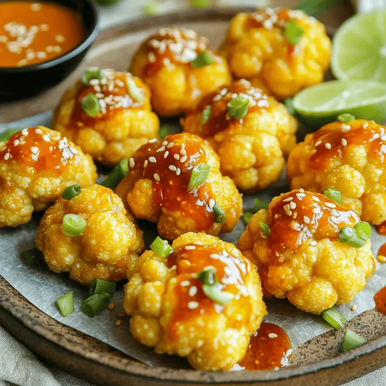 - 1 large head of cauliflower, cut into bite-sized florets - 1/2 cup all-purpose flour or gluten-free flour - 1/2 cup almond milk or any plant-based milk - 1 teaspoon garlic powder - 1 teaspoon onion powder - 1/2 teaspoon salt - 1/4 teaspoon black pepper - 1/2 cup sweet chili sauce - 1 tablespoon sesame oil - 2 green onions, chopped - Toasted sesame seeds Gather these ingredients to make your Air Fryer Sweet Chili Cauliflower Bites. The cauliflower forms the base of this tasty dish. It’s crunchy and absorbs flavors well. You can use all-purpose flour or gluten-free flour for the batter. Almond milk gives it a nice creaminess. Next, the seasoning adds flavor. Garlic powder and onion powder are key here. They bring out the best in the cauliflower. Salt and black pepper balance the flavors, making each bite delicious. Sweet chili sauce adds a sweet and spicy kick, while sesame oil gives a nutty aroma. Finally, for garnishes, chopped green onions add freshness. Toasted sesame seeds add crunch and look great. Each ingredient plays an important part in creating a flavorful and visually appealing dish. Make sure to have everything ready before you start cooking. This will keep your kitchen organized and your cooking smooth. Enjoy the process! - First, rinse the cauliflower under cold water to remove dirt. - Next, dry the cauliflower completely with a clean kitchen towel. - Cut the cauliflower into bite-sized florets. Make sure they are even for cooking. - In a mixing bowl, combine 1/2 cup of all-purpose flour, 1 teaspoon garlic powder, 1 teaspoon onion powder, 1/2 teaspoon salt, and 1/4 teaspoon black pepper. - Slowly whisk in 1/2 cup of almond milk. Mix until the batter is smooth and lump-free. - Preheat your air fryer to 400°F (200°C) for about 5 minutes. - Dip each cauliflower floret into the batter. Let the excess batter drip off. - Place the coated florets in a single layer in the air fryer basket. - Air fry for 12 to 15 minutes. Shake the basket halfway through for even cooking. - In a small saucepan, warm 1/2 cup of sweet chili sauce over low heat. - Add 1 tablespoon of sesame oil and stir until combined. - Once the cauliflower bites are done, transfer them to a bowl. Pour the warm sweet chili sauce over the bites. Toss gently to coat. - Place the sweet chili cauliflower bites on a serving platter. - Sprinkle chopped green onions and toasted sesame seeds on top. - For a nice touch, serve with extra sweet chili sauce on the side. Add lime wedges for color and zest! To get the best results, ensure even cooking. Cut the cauliflower florets into uniform sizes. This way, they will cook at the same rate. When air frying, adjust the cooking time for your preferred crispiness. For softer bites, aim for 12 minutes. For extra crunch, go for 15 minutes. Always shake the basket halfway through cooking. This helps the florets cook evenly. If you want a gluten-free option, swap all-purpose flour for gluten-free flour. This keeps the dish tasty while meeting dietary needs. For a dairy-free choice, use almond milk or any plant-based milk. This makes the recipe friendly for many diets while still being delicious. To take the flavor up a notch, add spices to the batter. A pinch of cayenne pepper can add heat. You can also try smoked paprika for a smoky taste. For variety, experiment with different sauces. Instead of sweet chili sauce, try teriyaki or sriracha. This gives you many ways to enjoy this dish. {{image_2}} You can easily make this dish vegan. Instead of regular flour, use gluten-free flour if needed. For the batter, swap almond milk with any plant-based milk. This change keeps the taste great while fitting into dietary needs. You can also switch up the flavors. Try using different sauces like teriyaki or sriracha for a new twist. Adding herbs like cilantro or spices such as paprika can give more depth to the dish. Each option brings its own unique taste. If you don’t own an air fryer, you can bake the cauliflower bites in the oven. Preheat your oven to 425°F (220°C). Spread the coated florets on a baking sheet. Bake for about 20-25 minutes, flipping halfway through. Another option is deep-frying, which gives a crispy finish. Use hot oil in a deep pot and fry until golden. To keep your cauliflower bites fresh, cool them completely. Place the bites in an airtight container. Make sure to separate layers with parchment paper. This method helps them stay crispy. Store them in the fridge for up to three days. For the best results, reheat in the air fryer. Set it to 350°F (175°C) for about 5-7 minutes. This method keeps the bites crispy. If using the oven, preheat to 350°F (175°C). Bake for 10-15 minutes, flipping halfway through. You can freeze cooked cauliflower bites. Place them in a single layer on a baking sheet and freeze until solid. Then, transfer them to a freezer bag. They will last up to three months. To reheat, thaw in the fridge overnight. Then, use the air fryer or oven to warm them back up. Making Air Fryer Sweet Chili Cauliflower Bites takes about 25 minutes. - Prep time: 10 minutes - Cooking time: 15 minutes This quick recipe fits into any busy schedule. Yes, you can easily make this recipe gluten-free. - Substitute all-purpose flour with gluten-free flour. This change keeps the taste yummy without gluten. You can serve these bites with many tasty sides. - Try rice or quinoa as a base. - Pair them with a fresh salad. - Offer extra sweet chili sauce for dipping. These sides enhance your meal and add variety. To keep your cauliflower bites crispy, store them right. - Use an airtight container for storage. - Avoid stacking the bites; this helps them stay crunchy. Reheat them in the air fryer to revive the crispiness. Absolutely! Fresh cauliflower is a great choice. - Fresh florets have a better taste and texture. - Frozen cauliflower can save time but may be softer. Choose what works best for you; both options taste amazing! This blog post shared how to make delicious Air Fryer Sweet Chili Cauliflower Bites. We covered key ingredients, step-by-step instructions, tips for cooking, and variations for different diets. Don’t forget the garnishes for extra taste and flair! These bites are easy to make and great for sharing. Try them for your next meal or snack. With simple steps, you can create a tasty dish everyone will love. Enjoy exploring these flavors and tips to make your cauliflower bites the best they can be.