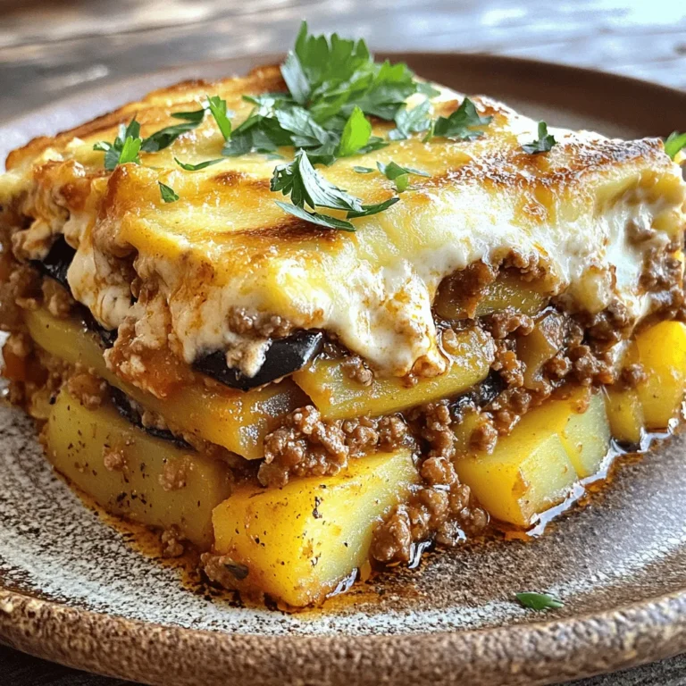 To make a delicious Greek moussaka, gather these key ingredients: - 3 large eggplants, sliced into 1/4 inch rounds - 1 lb ground beef or lamb - 1 large onion, diced - 3 cloves garlic, minced - 1 can (14 oz) crushed tomatoes - 2 tablespoons tomato paste - 1 teaspoon cinnamon - 1 teaspoon dried oregano - 1 teaspoon salt - 1/2 teaspoon black pepper - 1/4 cup olive oil - 3 medium potatoes, peeled and sliced into rounds - 1 1/2 cups béchamel sauce - 1/2 cup grated Parmesan cheese - 1/2 cup shredded mozzarella cheese - Fresh parsley, for garnish These ingredients create a rich and layered dish. The eggplants add depth and texture. The ground meat brings savory flavors, while the spices add warmth. You can get creative with optional ingredients. Consider adding: - Zucchini slices for extra veggies - A sprinkle of nutmeg in the béchamel sauce - A dash of red wine for a bolder sauce - Chopped olives for a briny kick These options can give your moussaka a unique twist. For the béchamel sauce, you will need: - 1/4 cup butter - 1/4 cup flour - 2 cups milk - Salt to taste - Nutmeg (optional) This creamy sauce tops the moussaka, adding richness and smoothness. It binds the layers and enhances the dish's flavor. Start by slicing three large eggplants into 1/4 inch rounds. Lay the slices on a baking sheet. Sprinkle them with salt. Let them sit for about 30 minutes. This step helps draw out moisture. After 30 minutes, rinse and pat them dry. Peel three medium potatoes and slice them into rounds. Boil the potato slices in salted water for 5 to 7 minutes. They should be slightly tender but not fully cooked. Drain the potatoes and set them aside for later. In a large skillet, heat 2 tablespoons of olive oil over medium heat. Add the diced onion and minced garlic. Sauté until the onion is soft and fragrant. Then, add 1 pound of ground beef or lamb. Cook it until browned. Next, stir in a can of crushed tomatoes, 2 tablespoons of tomato paste, 1 teaspoon of cinnamon, 1 teaspoon of dried oregano, 1 teaspoon of salt, and 1/2 teaspoon of black pepper. Let this mixture simmer for 10 to 15 minutes until it thickens. In a large baking dish, layer half of the potato slices on the bottom. Next, add half of the meat mixture on top of the potatoes. Follow this with half of the cooked eggplant slices. Repeat these layers, finishing with the remaining eggplant on top. If you're making homemade béchamel, start by melting 1/4 cup of butter in a saucepan. Stir in 1/4 cup of flour to form a paste. Gradually whisk in 2 cups of milk, stirring until it thickens. Season with salt and nutmeg if you like. Once ready, pour the béchamel evenly over the top eggplant layer. Preheat your oven to 350°F (175°C). Sprinkle 1/2 cup of grated Parmesan cheese and 1/2 cup of shredded mozzarella cheese evenly over the béchamel. Bake the moussaka for about 45 minutes. It should be golden brown and bubbling. To get the best eggplants, slice them into rounds. Use three large eggplants for this dish. After slicing, sprinkle salt on them. Let them sit for 30 minutes. This helps draw out moisture and bitterness. Rinse the slices and pat them dry. This way, they will cook better and absorb less oil. For a creamy béchamel sauce, start by melting butter in a pan. Use 1/4 cup of butter. Add 1/4 cup of flour to make a paste. Stir well to avoid lumps. Gradually whisk in 2 cups of milk. Keep stirring until the sauce thickens. Add salt and a pinch of nutmeg for flavor. A creamy sauce makes the moussaka rich and delightful. Cheese plays a big role in flavor. I recommend using a mix for the best taste. Grated Parmesan adds a nice sharpness. Shredded mozzarella gives a stretchy, gooey texture. Together, they create a perfect topping for your moussaka. You can also try adding feta for a bit of tang. {{image_2}} You can make a tasty vegetarian moussaka by swapping meat for lentils or mushrooms. Use 1 cup of cooked lentils or 2 cups of chopped mushrooms. Sauté them with onion and garlic for flavor. This keeps the dish hearty and satisfying. You can also add zucchini and bell peppers for extra veggies. Layer them just like eggplant. If you prefer a different meat, use ground turkey or chicken. They will give a lighter flavor. Mix them with the same spices and tomatoes. You can also try a blend of meats. This adds depth to the taste. For a richer flavor, consider using lamb, as it pairs well with spices like cinnamon. To make gluten-free moussaka, use cornstarch instead of flour for the béchamel sauce. You can also skip the béchamel entirely. Instead, use a dairy-free cream or yogurt. For the potatoes, ensure they are fresh and sliced thin. This keeps the layers light and delicious. Always check labels for gluten in sauces or pastes. To store leftover moussaka, first let it cool. Once cool, cover it tightly with plastic wrap or aluminum foil. You can also place it in an airtight container. This helps keep it fresh and prevents odors from other foods. Store it in the fridge for up to three days. If you want to freeze moussaka, let it cool completely first. Cut it into portions for easy reheating later. Wrap each piece tightly in plastic wrap, then in aluminum foil. This double wrapping helps prevent freezer burn. You can freeze moussaka for up to three months. When ready to eat, thaw it in the fridge overnight. To reheat moussaka, preheat your oven to 350°F (175°C). Place it in a baking dish and cover with foil. This keeps it moist while heating. Bake for about 20-25 minutes or until hot. If you prefer the top crispy, remove the foil for the last 5 minutes. You can also reheat individual portions in the microwave for 2-3 minutes. Just make sure to cover it to avoid drying out. Moussaka comes from Greece. It has roots in the Middle East. Many countries have their own versions. The Greek style uses eggplant, meat, and béchamel sauce. This dish shows the mix of cultures in the region. Moussaka lasts about 3 to 5 days in the fridge. Make sure to store it in an airtight container. This keeps it fresh and tasty. I always recommend reheating it gently before serving. Yes, Moussaka is great to make in advance! You can prepare it a day before. Just cover it well and keep it in the fridge. When ready, bake it just before serving for best flavor. Moussaka pairs well with a Greek salad. You can also serve it with tzatziki sauce. A side of crusty bread is nice too. These sides add freshness and balance to the rich flavors. Absolutely! You can use zucchini instead of eggplant. Ground turkey or chicken works instead of beef or lamb. For béchamel, store-bought is fine if you’re short on time. Cooking is all about making it work for you! Greek moussaka is a tasty dish that combines layers of eggplant, meat, and creamy béchamel. We covered key ingredients and cooking steps to make the perfect moussaka at home. Don’t forget to try variations like vegetarian or gluten-free options. Store leftovers properly for the best taste later. Remember, cooking is all about creativity. With a little practice, you can make a delicious moussaka that impresses everyone at your table. Enjoy your cooking journey!