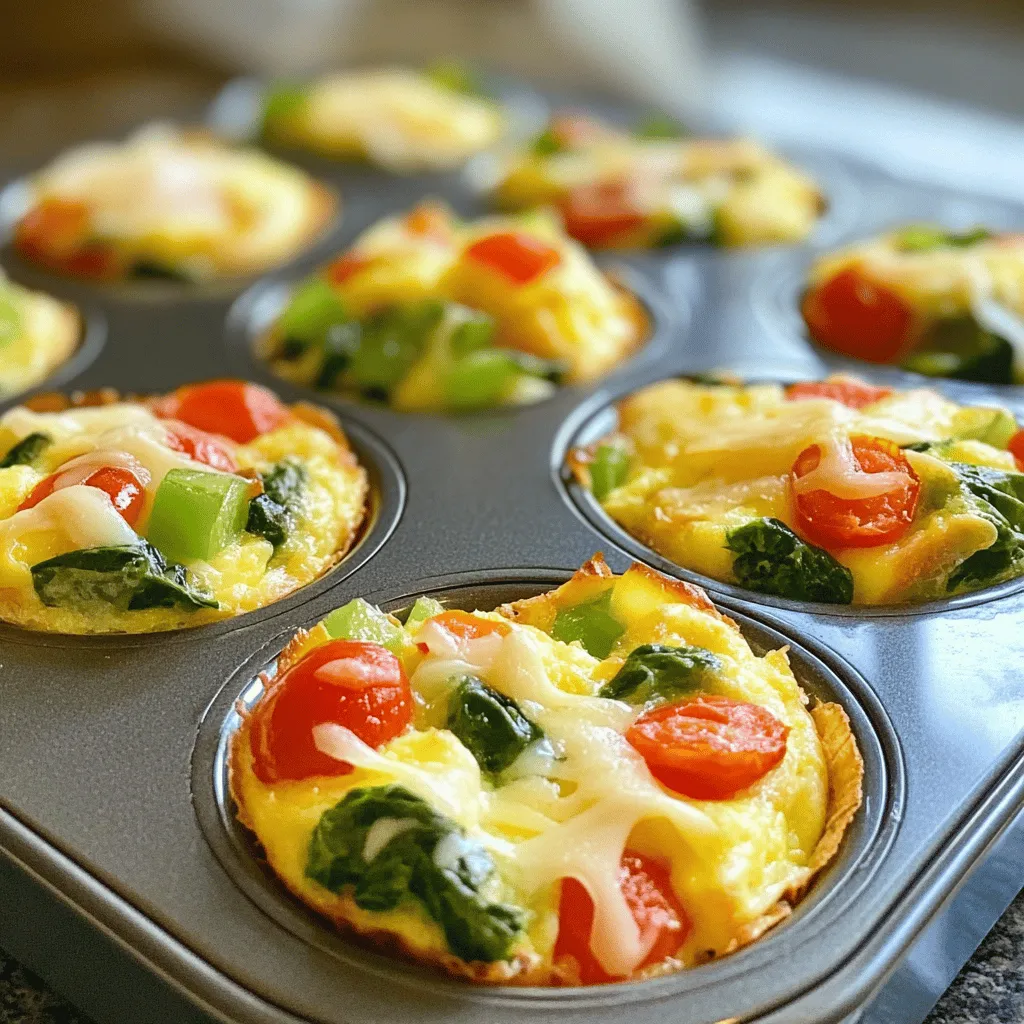 To make tasty breakfast egg muffins, gather these main items: - 6 large eggs - 1/2 cup milk (or a plant-based alternative) - 1 cup spinach, chopped - 1/2 cup bell peppers, diced (red or yellow for color) - 1/2 cup cherry tomatoes, halved - 1/4 cup red onion, finely chopped - 1/2 cup shredded cheese (cheddar or mozzarella) - Salt and pepper to taste These ingredients work well together. The eggs serve as the base. The milk makes them fluffy. The veggies add color and nutrients. You will enjoy the flavors as they blend in the oven. If you want to boost the taste, try these optional seasonings: - 1/2 teaspoon garlic powder - 1/2 teaspoon onion powder These spices add depth and richness. You can mix them in with the other ingredients. Feel free to adjust the amounts based on your taste. You can switch things up with these fun variations: - Meat-filled muffins: Add cooked bacon, sausage, or ham. - Veggie-only muffins: Use other veggies like zucchini or mushrooms. - Cheese and herb combos: Try feta cheese and fresh herbs like dill or basil. These ideas let you customize your muffins. You can create a unique flavor for each batch. Enjoy experimenting to find your favorites! Start by preheating your oven to 350°F (175°C). This step is key for even baking. Next, lightly grease a muffin tin with cooking spray or oil. This helps the muffins pop out easily after baking. Make sure to cover each cup well. Gather all your ingredients and tools. This keeps things organized and makes cooking fun. In a large mixing bowl, crack 6 large eggs. Add 1/2 cup of milk. You can use plant-based milk if you prefer. Whisk these together until they look smooth. Next, stir in 1 cup of chopped spinach and 1/2 cup of diced bell peppers. Then, add 1/2 cup of halved cherry tomatoes and 1/4 cup of finely chopped red onion. Finally, stir in 1/2 cup of shredded cheese. You can pick cheddar or mozzarella. If you like extra flavor, toss in 1/2 teaspoon of garlic powder and onion powder. Season with salt and pepper to taste. Make sure everything is mixed well. Pour the egg mixture into the muffin tin. Fill each cup about 3/4 full. This gives the muffins room to rise. Place the muffin tin in the oven and bake for 18-20 minutes. They are done when they puff up and feel set in the center. After baking, let the muffins cool for a few minutes. Use a silicone spatula or fork to gently remove them from the tin. Enjoy your breakfast egg muffins warm or save them for later! To get the best texture in your egg muffins, follow these tips. First, whisk the eggs and milk thoroughly. This step adds air and makes the muffins fluffy. Use fresh eggs for the best taste. Make sure to fill each muffin cup only 3/4 full. This way, they have room to puff up as they bake. Lastly, let them cool slightly before removing from the tin. This helps keep their shape. You can make these muffins extra tasty with simple add-ins. Try adding cooked bacon or sausage for a meaty kick. Fresh herbs like parsley or basil enhance the taste too. If you want a spicy twist, add diced jalapeños or a dash of hot sauce. For a cheesy boost, mix in feta or goat cheese. Experiment with different veggies like mushrooms, zucchini, or broccoli to find your favorite mix. Using the right tools makes cooking easier. A good non-stick muffin tin helps with easy removal. Silicone spatulas work great for lifting the muffins out. You might also want mixing bowls and a whisk for blending. An oven thermometer ensures your oven is at the right temperature. Using these tools will help you create perfect breakfast egg muffins every time. {{image_2}} You can add meat for extra flavor. Try using cooked sausage, ham, or bacon. Chop the meat into small pieces. Mix it into the egg base along with the veggies. This makes a hearty muffin that keeps you full longer. If you prefer veggies, go all out! Use a mix of your favorites. Zucchini, mushrooms, or kale work well. Just make sure they are chopped small. This version is light and healthy. You can also add spices like paprika for more taste. Cheese adds creaminess and flavor. Try different kinds like feta, goat cheese, or pepper jack. Mix in fresh herbs like basil, parsley, or dill. This gives the muffins a fresh kick. You can experiment with the cheese and herbs to find your favorite blend. To keep your breakfast egg muffins fresh, place them in an airtight container. You can store them in the fridge for up to five days. If you want to keep them longer, freezing is your best option. Make sure they cool completely before storing. When you're ready to enjoy your muffins again, reheating is simple. You can use a microwave or an oven. In the microwave, heat for about 30-45 seconds. Check to see if they are warm. If not, heat for another 15 seconds. For the oven, preheat it to 350°F (175°C) and bake for about 10-12 minutes. This keeps them nice and fluffy. To freeze your breakfast egg muffins, wrap each muffin tightly in plastic wrap. Then, place them in a freezer-safe bag or container. Label the bag with the date. They can last up to three months in the freezer. When you want to eat them, move them to the fridge the night before. This way, they thaw slowly and taste great when reheated. Yes, you can use egg substitutes. Some good options include silken tofu or chickpea flour. Use about 1/4 cup of egg substitute for each egg. This keeps the same flavor and texture in your muffins. It’s a great choice for those who want a plant-based option. Breakfast Egg Muffins last about 4 to 5 days in the fridge. Store them in an airtight container to keep them fresh. Make sure they cool down before placing them in the fridge. This helps prevent sogginess and keeps them tasty. Cheddar and mozzarella are great choices for flavor. You can also try feta for a tangy twist. Goat cheese adds a creamy texture. Mix and match your favorite cheeses to find the perfect combo for your taste buds. Breakfast egg muffins are easy to make and full of flavor. We covered main ingredients, optional seasonings, and ways to add your twist. I shared step-by-step instructions for mixing and baking. Plus, I offered tips for texture and storage. These muffins are a tasty way to start your day. With simple prep and fun variations, you can enjoy them fresh or frozen. Get creative and find your perfect mix of ingredients. Now, it’s time to make your breakfast muffins shine!