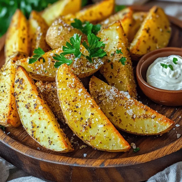 - 4 medium-sized russet potatoes - 3 tablespoons olive oil - 4 cloves garlic, minced - 1 teaspoon Italian seasoning - ½ teaspoon paprika - ½ teaspoon salt - ¼ teaspoon black pepper - ½ cup grated Parmesan cheese - Fresh parsley, chopped (for garnish) For these Air Fryer Garlic Parmesan Potato Wedges, you need simple and fresh ingredients. Start with russet potatoes. They have a fluffy texture when cooked. Olive oil adds a nice crisp. Garlic brings a strong flavor. Italian seasoning gives it a herby touch. Paprika adds a mild kick. Salt and black pepper will enhance everything. You also need grated Parmesan cheese. It melts well and adds a rich taste. Finally, fresh parsley adds a pop of color. When you plate these wedges, the green looks great against the golden potatoes. These ingredients come together to create a dish that is not just tasty but also visually appealing. Each element plays a vital role in making these potato wedges a crispy treat you'll love. 1. Preheat the air fryer to 400°F (200°C) for five minutes. This helps make the wedges crispy. 2. Wash and scrub four medium-sized russet potatoes. Clean them well to remove dirt. 3. Cut the potatoes into wedges. Make sure they are similar in size for even cooking. 1. In a large bowl, mix three tablespoons of olive oil, four minced garlic cloves, one teaspoon of Italian seasoning, half a teaspoon of paprika, half a teaspoon of salt, and a quarter teaspoon of black pepper. 2. Toss the potato wedges in the oil mixture. Ensure all the wedges are coated well. 3. Sprinkle half a cup of grated Parmesan cheese over the wedges. Toss again to cover them completely. 1. Place the potato wedges in the air fryer basket in a single layer. Avoid crowding the basket for best results. 2. Cook the wedges for 12-15 minutes. Flip them halfway through cooking for even crispiness. 3. Check for a golden brown and crispy texture. They should look delicious and smell great before you take them out. To get the best crispness, cut your potato wedges evenly. This helps them cook at the same rate. If some wedges are thicker, they will take longer to cook. Aim for wedges that are about the same size, around one inch thick. Flipping the wedges halfway through cooking makes a big difference. This step ensures both sides get crispy and golden. So, set a timer to remind you to turn them! You can boost the flavor with extra seasonings. Consider adding cayenne pepper for heat or a sprinkle of lemon zest for brightness. You can also use smoked paprika for a smoky kick. When serving, think about dips. Garlic aioli, ranch dressing, or classic ketchup work great. A good dip can take these wedges to the next level! Make your dish pop with some garnishing. Sprinkle extra Parmesan and fresh parsley on top before serving. The vibrant green of parsley adds color and freshness. For gatherings, serve the potato wedges on a big platter. Pair them with small bowls of dips for guests to enjoy. This makes the dish look inviting and fun! {{image_2}} You can have fun with flavors when making these potato wedges. One popular twist is to create a spicy garlic Parmesan version. Just add some cayenne pepper or red pepper flakes to your seasoning mix. This spice adds heat and makes each bite exciting. Another idea is to try herb-infused wedges. Mix in dried herbs like rosemary, thyme, or oregano. These herbs bring a fresh taste and aroma that pairs perfectly with garlic and Parmesan. Feel free to mix and match until you find your favorite flavor combo! While russet potatoes work well, you can also use sweet potatoes. Sweet potatoes give a slightly sweeter taste and a lovely orange color. They add a fun twist to the classic recipe. Just remember, sweet potatoes might need a bit less cooking time. You can also try other potato types like Yukon gold or red potatoes. These potatoes have a creamy texture and hold their shape well. They can add a new taste and look to your dish. If you want to make this dish vegan, there are great alternatives for Parmesan cheese. Nutritional yeast is a fantastic option. It gives a cheesy flavor without using dairy. You can also find vegan Parmesan at many stores. For those who need gluten-free options, rest easy! This recipe is already gluten-free as is. Just make sure your seasonings are gluten-free as well. Enjoy these tasty potato wedges without worry! To keep your garlic Parmesan potato wedges fresh, store them in the fridge. Use airtight containers to prevent air from making them soggy. These wedges can last up to 3 days in the fridge. Always let them cool down before sealing them in a container. This helps keep them crispy and tasty. When it's time to enjoy leftovers, you want to keep them crispy. The best way to reheat them is in the air fryer. Set your air fryer to 375°F (190°C) and cook for about 5-8 minutes. Check to make sure they don’t burn. This method makes them crispy again, just like when they were fresh. You can freeze both uncooked and cooked wedges. If you freeze uncooked wedges, spread them out on a tray first. This stops them from sticking together. Once they are frozen, transfer them to a freezer bag. For cooked wedges, let them cool and then store them in an airtight container. To thaw frozen wedges, take them out of the freezer and leave them in the fridge overnight. This helps keep their texture nice. If you’re in a hurry, you can thaw them in the microwave, but this may make them a bit soft. I recommend air frying potato wedges for 12 to 15 minutes at 400°F (200°C). This cook time gives you a nice, crispy texture. Make sure to flip the wedges halfway through. This helps them cook evenly and get golden brown all over. Yes, you can use frozen potato wedges. However, they may need a longer cook time. Start with 15 to 20 minutes at 400°F (200°C). Check them often to avoid burning. Frozen wedges may not get as crispy as fresh ones. If you want extra crunch, spray them lightly with oil before cooking. Garlic Parmesan potato wedges taste great with many dips. Here are some popular options: - Garlic aioli - Ketchup - Ranch dressing - Marinara sauce - Spicy mayo These sauces enhance the flavor and make each bite even better. Feel free to mix and match based on your taste! This blog post showed you how to make tasty air-fried potato wedges. You learned the right ingredients, step-by-step instructions, and helpful tips to get them crispy. I shared variations, like spicy garlic options and dietary swaps, to fit your needs. Remember to store leftovers correctly and heat them for the best taste. Enjoy experimenting with flavors and dips, and impress your friends at gatherings. With these easy steps, great wedges await you!