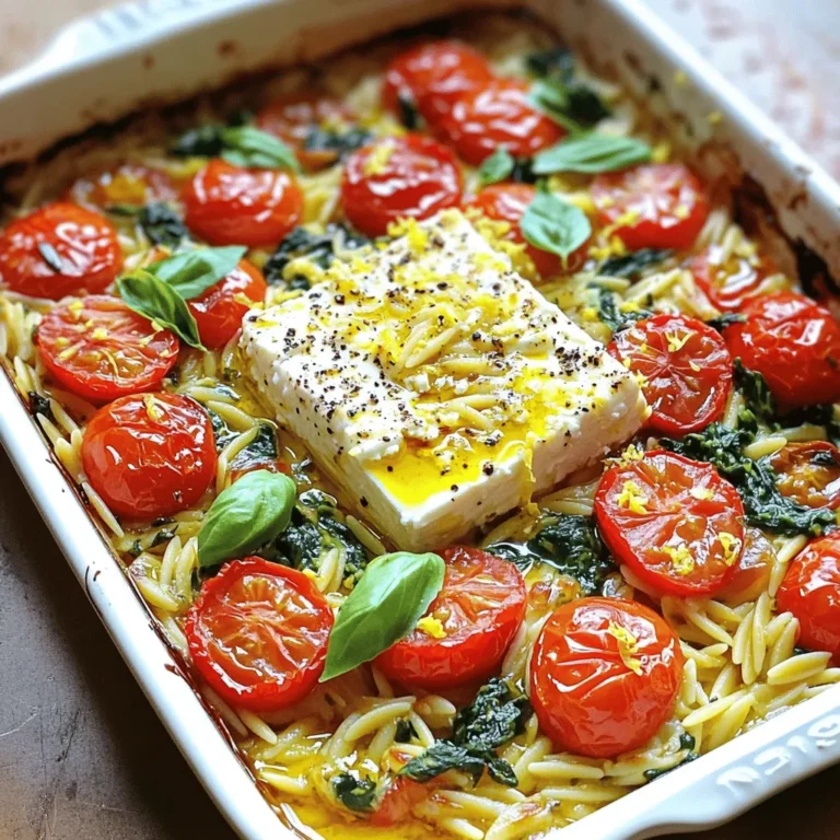 - 8 oz orzo pasta - 8 oz feta cheese - 2 cups cherry tomatoes, halved - 3 cloves garlic, minced - 1/4 cup olive oil - 1 teaspoon dried oregano - 1 teaspoon salt - 1/2 teaspoon black pepper - 2 cups fresh spinach - 1/4 cup fresh basil, chopped - Zest and juice of 1 lemon Baked feta orzo with roasted tomatoes shines with simple and fresh ingredients. The orzo pasta acts as a great base. It cooks up soft and chewy. Feta cheese melts beautifully, adding creaminess. Cherry tomatoes roast until sweet and juicy. They burst with flavor in every bite. The seasoning brings everything together. Garlic adds a punch. Olive oil helps brown and flavor the dish. Dried oregano gives a nice herb taste. Don't forget salt and pepper! They enhance the flavors of all the ingredients. Fresh spinach makes the dish vibrant. It wilts down gently and adds color. Basil adds a fresh kick at the end. Lemon zest and juice brighten the dish. They give a pop of freshness, balancing the creamy flavors. Gather these ingredients for a dish that is both easy and delightful. You will love how well they work together! 1. Preheat your oven to 400°F (200°C). This step helps cook everything evenly. 2. In a large baking dish, combine the halved cherry tomatoes and minced garlic. 3. Drizzle with half of the olive oil. 4. Season with dried oregano, salt, and black pepper. Toss everything well. 1. Make a well in the center of the tomatoes. 2. Place the block of feta cheese in the well you created. 3. Drizzle the remaining olive oil over the feta. 4. Sprinkle a pinch of salt and pepper on top of the cheese. 1. Bake your dish in the oven for about 25 minutes. Watch for blistered tomatoes and golden feta. 2. While it bakes, cook the orzo pasta according to the package instructions until al dente. Drain and set it aside. 3. Once the feta and tomatoes are done, take the dish out. 4. Gently mash the feta with a fork. Mix it with the tomatoes and their juices. 5. Add the cooked orzo and fresh spinach to the baking dish. 6. Squeeze in the lemon juice and add the zest. Stir gently until everything is mixed. 7. Return the dish to the oven for an extra 5-7 minutes. This will wilt the spinach nicely. 8. Remove from the oven and garnish with fresh chopped basil before serving. - Importance of al dente for orzo: Cook orzo until it is firm yet tender. This means it should have a slight bite when you chew it. If you overcook it, the orzo will become mushy. To achieve the perfect texture, check the package instructions but start tasting it a minute or two before the time is up. - How to mash feta correctly: Once the feta is baked, use a fork to mash it gently. This method allows you to combine it with the tomatoes without turning it into a paste. You want to keep some texture in the feta to enhance the dish. - Adding additional seasonings: While the recipe calls for oregano, feel free to experiment with other herbs. Thyme or rosemary can add a nice touch. You can also sprinkle in some red pepper flakes for heat or add a splash of balsamic vinegar for a sweet tang. - Suggestions for balancing flavors: If the dish tastes too salty, add a bit more lemon juice. The acidity can help cut through the saltiness. On the other hand, if it feels too acidic, a pinch of sugar can balance the flavors well. - Serving suggestions: For a rustic touch, serve the orzo directly from the baking dish. This adds a homey feel. If you prefer a more formal look, spoon the orzo onto individual plates. - Enhancing with garnishes: A sprinkle of fresh basil on top adds color and freshness. You can also drizzle some high-quality olive oil or a few toasted pine nuts for extra crunch and flavor. {{image_2}} You can change the pasta type in this dish. Try using penne, fusilli, or even whole wheat pasta. Each type brings a unique texture. If you want a fun twist, use quinoa or rice for a gluten-free option. Feta cheese is a star in this recipe, but you can swap it out. Try goat cheese for a tangy flavor or cream cheese for a smooth texture. If you need a dairy-free option, use tofu or a nut-based cheese instead. Adding protein can make this dish heartier. Grilled chicken, shrimp, or chickpeas work well. Just toss them in with the orzo and spinach for extra goodness. You can also add more veggies. Bell peppers, zucchini, or mushrooms will boost flavor and color. Just roast them with the tomatoes for a lovely mix. If you're looking for vegan options, simply replace the feta with a plant-based cheese. You can also skip the cheese and add nutritional yeast for a cheesy flavor. For a gluten-free meal, use gluten-free pasta. Make sure to check labels for any hidden gluten in other ingredients. This way, everyone can enjoy this tasty dish! Store leftovers in a sealed container. Use glass or plastic containers with tight lids. This keeps the dish fresh for up to three days. Make sure to cool it down before sealing. This helps prevent moisture buildup. To reheat orzo, use the microwave or stovetop. For the microwave, place the orzo in a bowl. Add a splash of water. Heat it in short bursts, stirring often. For stovetop, add a little olive oil to a pan. Heat over low, stirring frequently. This keeps the orzo moist and tasty. You can freeze Baked Feta Orzo for later use. Place it in an airtight container. It lasts up to two months in the freezer. To thaw, move it to the fridge overnight. Reheat it gently using the methods above for best results. Can I make this recipe ahead of time? Yes, you can prepare the orzo and bake the feta and tomatoes ahead. Store them separately in the fridge. When ready to serve, mix them and heat in the oven. What can I pair this dish with? This dish goes well with grilled chicken or fish. You can also serve it with a fresh salad for a complete meal. What to do if orzo is overcooked? If your orzo is overcooked, rinse it with cold water. This stops the cooking and firms it up a bit. Then, mix it quickly with the other ingredients. How to fix overly salty feta? To fix overly salty feta, soak it in water for 30 minutes. This will draw out some salt. Drain well before using. Caloric content per serving Each serving contains about 450 calories. This includes the orzo, feta, and tomatoes. Breakdown of main nutrients - Protein: 15g - Carbohydrates: 60g - Fat: 20g - Fiber: 3g - Sugar: 4g This blog post covered the key components to create a delicious orzo dish. We explored the main ingredients like orzo pasta, feta cheese, and cherry tomatoes. I shared step-by-step instructions for easy preparation, baking, and tips on enhancing flavors. You learned about variations and how to store leftovers properly. In closing, this dish offers flexibility and enjoyment for any meal. Dive in, try it out, and make it your own!