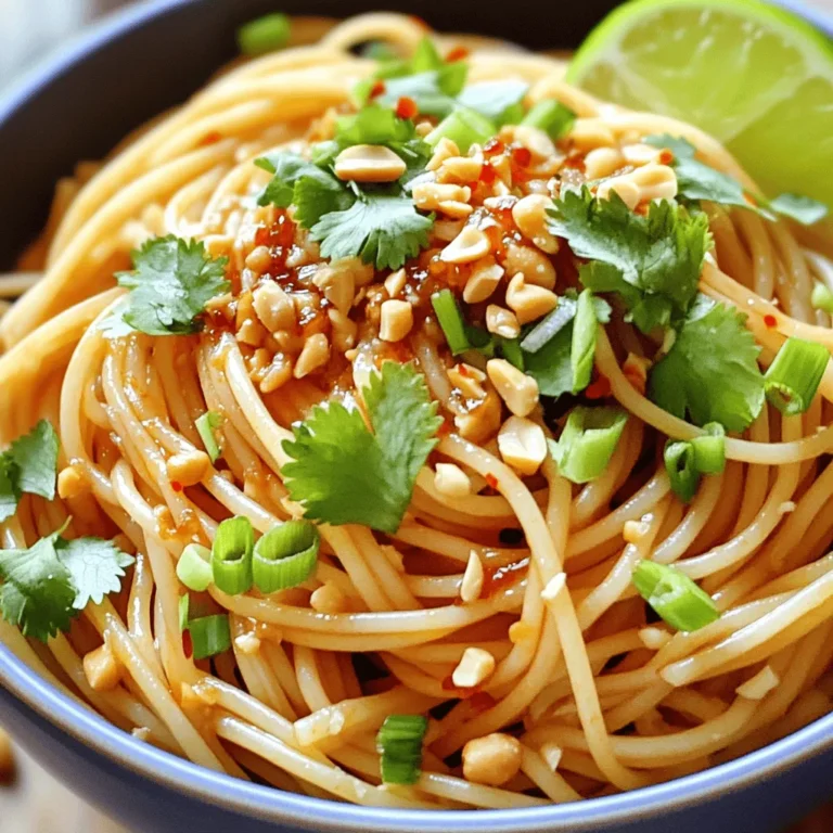 To make Chili Crisp Garlic Noodles, gather these simple items: - 8 oz (225 g) spaghetti or noodles of choice - 3 tablespoons chili crisp (or spicy oil) - 4 cloves garlic, minced - 2 tablespoons soy sauce - 1 tablespoon sesame oil - 1 tablespoon fresh lime juice - 1 teaspoon sugar - 1/4 cup green onions, chopped - 1/4 cup fresh cilantro, chopped (optional) - Salt and pepper to taste - Crushed peanuts or sesame seeds for garnish (optional) If you don't have an item, use these swaps: - Use rice noodles or udon instead of spaghetti. - Try a different oil if you lack chili crisp; use regular olive oil and add red pepper flakes. - Swap lime juice with lemon juice for a different zing. - If you want less soy sauce, use tamari for a gluten-free option. These garnishes can add flair to your dish: - Chopped fresh cilantro adds color and taste. - Crushed peanuts give a nice crunch. - Sesame seeds offer a nutty flavor. - Extra chili crisp can turn up the heat. Feel free to customize this recipe! Start by boiling a large pot of salted water. You want it to bubble up nicely. Once it’s boiling, add 8 oz of spaghetti or your favorite noodles. Cook them until they are al dente, like the package says. After that, save 1/2 cup of the pasta water. Drain the noodles and set them aside. This part is quick and easy! Now it's time to bring in the flavor. Heat 1 tablespoon of chili crisp in a large skillet over medium heat. Once it’s hot, add 4 minced garlic cloves. Sauté the garlic for 1-2 minutes. Watch it closely! You want it fragrant and lightly golden, but not burnt. That garlic aroma will make your kitchen smell amazing! In a small bowl, mix your sauce. Combine 2 tablespoons of soy sauce, 1 tablespoon of sesame oil, and 1 tablespoon of fresh lime juice. Add in 1 teaspoon of sugar and a little salt and pepper. Stir it well until everything blends together. This sauce will add a perfect balance to your noodles. Time to combine! Add the drained noodles to the skillet with the garlic. Pour your sauce over the noodles. Toss everything together. If it seems too dry, add some of that reserved pasta water bit by bit. Keep mixing until you see a nice, saucy finish. Now for the fun part—serving! Plate your noodles in a big bowl. Top them with chopped green onions and, if you like, some cilantro. For a little crunch, sprinkle crushed peanuts or sesame seeds on top. Feel free to drizzle extra chili crisp for more heat! Use chopsticks to eat for an authentic touch. Enjoy your delicious creation! To cook your noodles just right, start with a big pot of salted water. Bring it to a boil. Add the noodles and follow the package instructions. I like to check them a minute early to keep them al dente. This way, they won’t get mushy when tossed with sauce. Remember to save half a cup of pasta water before draining. This starchy water helps to make your dish creamy. For the best taste, balance the heat from the chili crisp with the other flavors. The soy sauce adds saltiness, while the lime juice brings brightness. The sugar helps tone down the spice. Taste your sauce before mixing it with the noodles. Adjust it by adding more lime or chili crisp, if needed. Fresh herbs like green onions and cilantro add color and freshness, making the dish pop. To save time, prep all your ingredients first. Mince the garlic and chop the green onions ahead of time. You can even measure out the sauce ingredients in advance. Another trick is to use a microwave to cook the noodles. Just add them to a bowl with water and microwave until cooked. This method cuts down on pot cleanup. Enjoy your quick and tasty meal without the fuss! {{image_2}} You can easily make these noodles vegetarian or vegan. Simply use a plant-based chili crisp. Many brands offer this option. For a vegan sauce, check that your soy sauce is gluten-free and vegan. You can use agave syrup instead of sugar for sweetness. Fresh lime juice adds a bright touch without any animal products. You still get all the great flavors! While spaghetti works great, feel free to switch things up. You can use rice noodles for a gluten-free option. Soba noodles add a nutty taste. Udon noodles provide a chewy texture that’s very satisfying. Experiment with any noodle you love. Just remember to cook them as per the package instructions. Want more protein in your meal? You can add cooked chicken or shrimp to the noodles. Tofu is a fantastic choice for a vegetarian option. Simply cube it and sauté until golden. Edamame or chickpeas also work well for a protein boost. These additions make your dish more filling and nutritious. Plus, they mix well with the flavors! To store your Chili Crisp Garlic Noodles, let them cool first. Place them in an airtight container. This keeps them fresh for up to three days in the fridge. If you want to enjoy them later, avoid adding garnishes before storing. When you're ready to eat, take the noodles out of the fridge. Add a splash of water to a pan and heat over medium. Stir gently to warm them up. This helps to keep the noodles from drying out. You can also use the microwave. Heat in short bursts of 30 seconds, stirring in between. If you want to freeze your noodles, follow these steps. Let them cool completely and place them in a freezer bag. Remove as much air as possible before sealing. The noodles can last up to three months in the freezer. To use, thaw them in the fridge overnight. Reheat as mentioned above for the best taste. Yes, you can make these noodles gluten-free. Use gluten-free spaghetti or rice noodles. Check the soy sauce label and choose a gluten-free version, like tamari. This way, you can still enjoy the rich flavors without the gluten. To adjust the spice level, use less chili crisp in the recipe. You can also add more for extra heat. If you want a milder dish, skip the chili crisp entirely. Balancing the sauce with more lime juice or sugar can also help tone down the heat. These noodles pair well with many sides. Here are a few tasty options: - Steamed broccoli or bok choy - Fresh cucumber salad - Crispy spring rolls - Grilled chicken or shrimp Each of these complements the rich, spicy flavors of the noodles. Enjoy mixing and matching! You now have a full guide on making Chili Crisp Garlic Noodles. We've covered ingredients, step-by-step cooking methods, and helpful tips. You can choose ingredients that fit your needs or diet. Remember to store any leftovers well for later. Experiment with different noodles and flavors to find your perfect dish. Questions about spice or sides? The FAQ section has you covered. Enjoy this simple and tasty meal anytime!