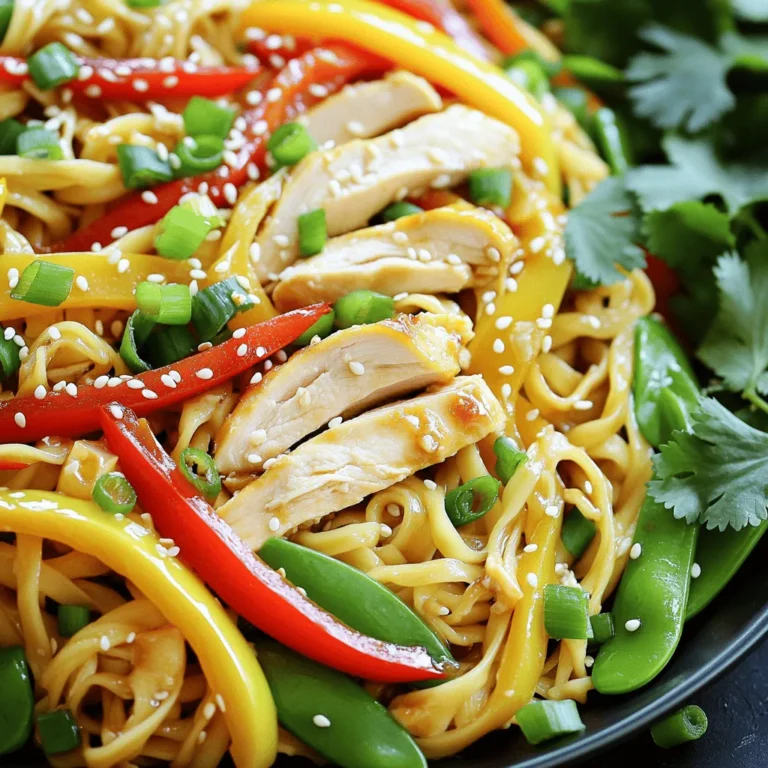- 300g boneless chicken breast, sliced thinly - 200g egg noodles (or your choice of noodles) - 1 bell pepper (red or yellow), sliced - 1 cup snap peas, cleaned - 4 green onions, chopped - 3 cloves garlic, minced - 1 inch ginger, grated - 4 tablespoons teriyaki sauce - 1 tablespoon soy sauce - 1 tablespoon sesame oil - 1 tablespoon vegetable oil - Salt and pepper to taste - Sesame seeds, for garnish - Fresh cilantro, for garnish (optional) This dish shines with simple, fresh ingredients. The chicken breast gives a great protein boost. I like using egg noodles for their soft texture. You can swap them for any noodle you prefer. The bell pepper and snap peas add a nice crunch and color. The teriyaki sauce is key. It brings that sweet and savory flavor to the dish. Soy sauce adds depth, while sesame oil gives a nutty finish. Don't skip the sesame seeds and cilantro! They add a nice crunch and freshness. Gather these ingredients, and you're ready to make a tasty meal. To cook the noodles, start by boiling a large pot of water. Add a generous pinch of salt to the water. This helps the noodles taste better. Once the water is boiling, add 200g of egg noodles. Cook them according to the package instructions, usually around 6-8 minutes, until they are al dente. Drain the noodles in a colander and set them aside for later. For the chicken marinade, gather your ingredients. You will need 300g of thinly sliced boneless chicken breast, 2 tablespoons of teriyaki sauce, and a pinch of salt and pepper. In a bowl, mix the chicken with the teriyaki sauce and season with salt and pepper. Let the chicken marinate for about 15 minutes. This step adds flavor and tenderness. Now, let’s prepare for stir-frying. Heat 1 tablespoon of vegetable oil in a large skillet or wok over medium-high heat. Once the oil is hot, add 3 minced cloves of garlic and 1 inch of grated ginger. Stir-fry them for about 30 seconds until you smell their wonderful aroma. Then, add the marinated chicken to the skillet. Cook the chicken for 5-7 minutes until it turns golden brown and is fully cooked. It's time to bring in the veggies. After the chicken is cooked, add 1 sliced bell pepper and 1 cup of cleaned snap peas to the skillet. Stir-fry these for about 3-4 minutes, allowing them to soften but still remain crisp. Next, add the drained noodles to the skillet. Pour in the remaining 2 tablespoons of teriyaki sauce and 1 tablespoon of soy sauce. Toss everything together until the noodles are well combined and heated through. To finish off your dish, stir in 4 chopped green onions. Drizzle 1 tablespoon of sesame oil over the top for added flavor. Taste your dish and adjust the seasoning as needed with salt and pepper. Your Chicken Teriyaki Noodles are now ready to serve! To achieve tender chicken, start with thin slices. This helps the meat cook evenly. Marinate the chicken in teriyaki sauce for at least 15 minutes. This adds flavor and keeps the chicken juicy. For the best stir-frying technique, use high heat. Heat your skillet or wok before adding oil. This prevents sticking and burns. Keep the ingredients moving. Stir often to cook everything evenly. You can use different sauces or spices to boost flavor. Try adding a splash of sriracha for heat. If you like sweetness, add a bit of honey. These changes can give your dish a unique twist. Garnishes add beauty and taste. Use sesame seeds for crunch. Fresh cilantro gives a bright touch. You could also add chopped peanuts for a different texture. Prep ingredients ahead of time. Slice the chicken and veggies in the morning. Store them in the fridge until you’re ready to cook. This saves you time when you’re hungry. Using ready-made sauces can speed up your cooking. Store-bought teriyaki sauce works great. Just remember to taste and adjust as necessary. This keeps your dish flavorful without extra effort. {{image_2}} You can swap out chicken for other proteins. Beef adds a rich flavor. Use thin strips of sirloin for a tasty twist. Shrimp cooks fast and adds a nice seafood touch. Just sauté it briefly in the skillet. Tofu is a great meatless option. Firm tofu absorbs flavors well and gives a nice texture. If you want to change the noodles, there are many options. Rice noodles are light and soak up sauce nicely. They’re perfect for a gluten-free meal. Zucchini noodles offer a fresh, low-carb choice. You can spiralize zucchini quickly. Just make sure to cook them for a short time. To make a meatless version, skip the chicken. You can add more veggies, like mushrooms or carrots, for depth. Use plant-based sauces to keep it vegan. Try coconut aminos as a soy sauce substitute. It adds a sweet, savory flavor without the soy. This allows everyone to enjoy the dish, no matter their diet. Store your Chicken Teriyaki Noodles in an airtight container. This keeps them fresh. They last up to three days in the fridge. Make sure to let them cool before sealing. This helps avoid condensation. Always check for any signs of spoilage before eating. You can freeze leftovers if you want to keep them longer. To freeze, place the noodles and chicken in a freezer-safe bag. Remove as much air as possible before sealing. They can last up to three months in the freezer. When ready to eat, thaw overnight in the fridge. Reheat gently in a skillet. Add a splash of water or sauce to keep them moist. Meal prep makes cooking easy on busy days. You can cook the noodles and chicken ahead of time. Store them separately to keep the noodles from getting soggy. Use glass containers or BPA-free plastic ones. This way, you can grab a quick meal anytime. Just reheat and enjoy your Chicken Teriyaki Noodles! To add heat, try using chili flakes or a hot sauce. You can also mix in sriracha for a nice kick. Just add it to the teriyaki sauce before cooking. Start with a small amount, then taste and adjust as needed. This way, you can find the right level of spice for your taste. Yes! Feel free to swap in your favorite veggies. Broccoli, carrots, or bok choy work great. You can even use frozen stir-fry mixes if you’re in a hurry. Just make sure they cook quickly for the best texture. Store leftovers in an airtight container. Keep them in the fridge for up to three days. If you want to keep them longer, freeze them. Just make sure to cool them first. When you want to eat, thaw in the fridge overnight, then reheat on the stove or in the microwave. This dish takes about 35 minutes total. You need about 15 minutes to prep the ingredients. Cooking the noodles and stir-frying the chicken takes around 20 minutes. It’s quick and perfect for a busy weeknight meal. Chicken Teriyaki Noodles can be a healthy choice. They offer lean protein from the chicken and fiber from the veggies. You can control the amount of sauce, which helps manage sugar and sodium. Just balance your plate with plenty of vegetables for added nutrition. In this blog post, we explored making Chicken Teriyaki Noodles. We covered the main ingredients, like chicken and veggies, and the essential seasonings and sauces. You learned step-by-step instructions for cooking the noodles and stir-frying the chicken. We also shared useful tips and variations to make this dish your own. Final thoughts: This recipe is fun and flexible. You can adapt it to fit your taste. Enjoy cooking and experimenting with new flavors!