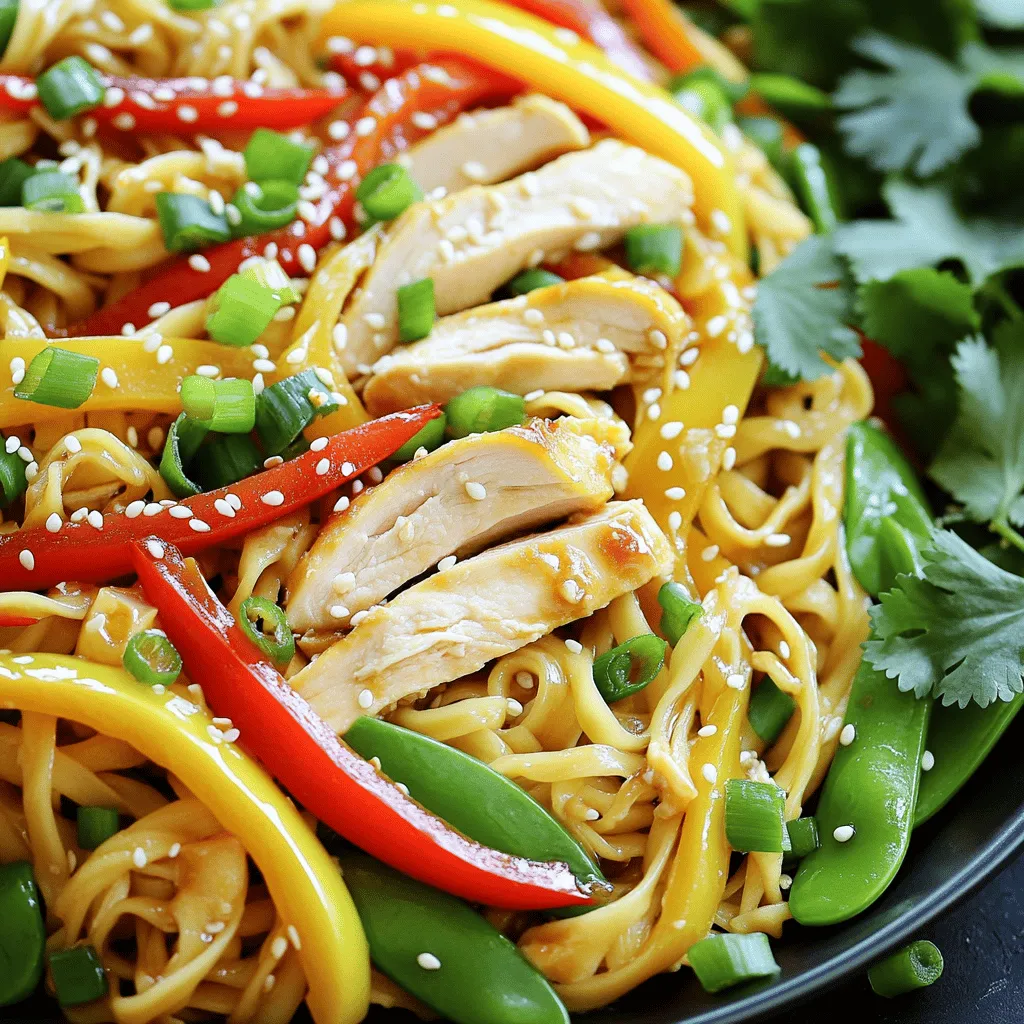 - 300g boneless chicken breast, sliced thinly - 200g egg noodles (or your choice of noodles) - 1 bell pepper (red or yellow), sliced - 1 cup snap peas, cleaned - 4 green onions, chopped - 3 cloves garlic, minced - 1 inch ginger, grated - 4 tablespoons teriyaki sauce - 1 tablespoon soy sauce - 1 tablespoon sesame oil - 1 tablespoon vegetable oil - Salt and pepper to taste - Sesame seeds, for garnish - Fresh cilantro, for garnish (optional) This dish shines with simple, fresh ingredients. The chicken breast gives a great protein boost. I like using egg noodles for their soft texture. You can swap them for any noodle you prefer. The bell pepper and snap peas add a nice crunch and color. The teriyaki sauce is key. It brings that sweet and savory flavor to the dish. Soy sauce adds depth, while sesame oil gives a nutty finish. Don't skip the sesame seeds and cilantro! They add a nice crunch and freshness. Gather these ingredients, and you're ready to make a tasty meal. To cook the noodles, start by boiling a large pot of water. Add a generous pinch of salt to the water. This helps the noodles taste better. Once the water is boiling, add 200g of egg noodles. Cook them according to the package instructions, usually around 6-8 minutes, until they are al dente. Drain the noodles in a colander and set them aside for later. For the chicken marinade, gather your ingredients. You will need 300g of thinly sliced boneless chicken breast, 2 tablespoons of teriyaki sauce, and a pinch of salt and pepper. In a bowl, mix the chicken with the teriyaki sauce and season with salt and pepper. Let the chicken marinate for about 15 minutes. This step adds flavor and tenderness. Now, let’s prepare for stir-frying. Heat 1 tablespoon of vegetable oil in a large skillet or wok over medium-high heat. Once the oil is hot, add 3 minced cloves of garlic and 1 inch of grated ginger. Stir-fry them for about 30 seconds until you smell their wonderful aroma. Then, add the marinated chicken to the skillet. Cook the chicken for 5-7 minutes until it turns golden brown and is fully cooked. It's time to bring in the veggies. After the chicken is cooked, add 1 sliced bell pepper and 1 cup of cleaned snap peas to the skillet. Stir-fry these for about 3-4 minutes, allowing them to soften but still remain crisp. Next, add the drained noodles to the skillet. Pour in the remaining 2 tablespoons of teriyaki sauce and 1 tablespoon of soy sauce. Toss everything together until the noodles are well combined and heated through. To finish off your dish, stir in 4 chopped green onions. Drizzle 1 tablespoon of sesame oil over the top for added flavor. Taste your dish and adjust the seasoning as needed with salt and pepper. Your Chicken Teriyaki Noodles are now ready to serve! To achieve tender chicken, start with thin slices. This helps the meat cook evenly. Marinate the chicken in teriyaki sauce for at least 15 minutes. This adds flavor and keeps the chicken juicy. For the best stir-frying technique, use high heat. Heat your skillet or wok before adding oil. This prevents sticking and burns. Keep the ingredients moving. Stir often to cook everything evenly. You can use different sauces or spices to boost flavor. Try adding a splash of sriracha for heat. If you like sweetness, add a bit of honey. These changes can give your dish a unique twist. Garnishes add beauty and taste. Use sesame seeds for crunch. Fresh cilantro gives a bright touch. You could also add chopped peanuts for a different texture. Prep ingredients ahead of time. Slice the chicken and veggies in the morning. Store them in the fridge until you’re ready to cook. This saves you time when you’re hungry. Using ready-made sauces can speed up your cooking. Store-bought teriyaki sauce works great. Just remember to taste and adjust as necessary. This keeps your dish flavorful without extra effort. {{image_2}} You can swap out chicken for other proteins. Beef adds a rich flavor. Use thin strips of sirloin for a tasty twist. Shrimp cooks fast and adds a nice seafood touch. Just sauté it briefly in the skillet. Tofu is a great meatless option. Firm tofu absorbs flavors well and gives a nice texture. If you want to change the noodles, there are many options. Rice noodles are light and soak up sauce nicely. They’re perfect for a gluten-free meal. Zucchini noodles offer a fresh, low-carb choice. You can spiralize zucchini quickly. Just make sure to cook them for a short time. To make a meatless version, skip the chicken. You can add more veggies, like mushrooms or carrots, for depth. Use plant-based sauces to keep it vegan. Try coconut aminos as a soy sauce substitute. It adds a sweet, savory flavor without the soy. This allows everyone to enjoy the dish, no matter their diet. Store your Chicken Teriyaki Noodles in an airtight container. This keeps them fresh. They last up to three days in the fridge. Make sure to let them cool before sealing. This helps avoid condensation. Always check for any signs of spoilage before eating. You can freeze leftovers if you want to keep them longer. To freeze, place the noodles and chicken in a freezer-safe bag. Remove as much air as possible before sealing. They can last up to three months in the freezer. When ready to eat, thaw overnight in the fridge. Reheat gently in a skillet. Add a splash of water or sauce to keep them moist. Meal prep makes cooking easy on busy days. You can cook the noodles and chicken ahead of time. Store them separately to keep the noodles from getting soggy. Use glass containers or BPA-free plastic ones. This way, you can grab a quick meal anytime. Just reheat and enjoy your Chicken Teriyaki Noodles! To add heat, try using chili flakes or a hot sauce. You can also mix in sriracha for a nice kick. Just add it to the teriyaki sauce before cooking. Start with a small amount, then taste and adjust as needed. This way, you can find the right level of spice for your taste. Yes! Feel free to swap in your favorite veggies. Broccoli, carrots, or bok choy work great. You can even use frozen stir-fry mixes if you’re in a hurry. Just make sure they cook quickly for the best texture. Store leftovers in an airtight container. Keep them in the fridge for up to three days. If you want to keep them longer, freeze them. Just make sure to cool them first. When you want to eat, thaw in the fridge overnight, then reheat on the stove or in the microwave. This dish takes about 35 minutes total. You need about 15 minutes to prep the ingredients. Cooking the noodles and stir-frying the chicken takes around 20 minutes. It’s quick and perfect for a busy weeknight meal. Chicken Teriyaki Noodles can be a healthy choice. They offer lean protein from the chicken and fiber from the veggies. You can control the amount of sauce, which helps manage sugar and sodium. Just balance your plate with plenty of vegetables for added nutrition. In this blog post, we explored making Chicken Teriyaki Noodles. We covered the main ingredients, like chicken and veggies, and the essential seasonings and sauces. You learned step-by-step instructions for cooking the noodles and stir-frying the chicken. We also shared useful tips and variations to make this dish your own. Final thoughts: This recipe is fun and flexible. You can adapt it to fit your taste. Enjoy cooking and experimenting with new flavors!