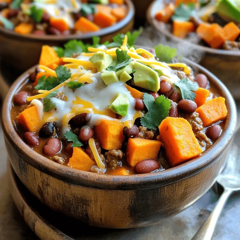 - 1 lb ground beef (or turkey) - 1 large sweet potato, peeled and diced - 1 can (14.5 oz) diced tomatoes (with juices) - 1 can (15 oz) kidney beans, drained and rinsed - 1 can (15 oz) black beans, drained and rinsed - 1 medium onion, chopped - 2 garlic cloves, minced - 1 bell pepper (any color), chopped - 1 cup beef broth In this chili recipe, I use ground beef or turkey as the main protein. Sweet potatoes add a sweet touch and keep the dish healthy. Canned tomatoes bring moisture and flavor. Both kidney beans and black beans add texture and protein. Chopped onion, minced garlic, and bell pepper enhance the overall taste. - 2 tablespoons chili powder - 1 teaspoon ground cumin - 1 teaspoon smoked paprika - Salt and pepper to taste For spices, I use chili powder for heat and flavor. Ground cumin adds warmth, while smoked paprika gives a nice depth. Salt and pepper balance the flavors. I recommend tasting as you go, adjusting the spices to your liking. - Shredded cheese - Avocado - Cilantro - Sour cream Toppings make this chili extra special. Shredded cheese adds creaminess. Diced avocado brings freshness. Cilantro adds a burst of flavor, and sour cream offers a cool contrast. These toppings let you customize each bowl to your taste. 1. Browning the ground meat: Start by heating a large skillet over medium heat. Add 1 pound of ground beef (or turkey) to the skillet. Cook it for about 5 to 7 minutes. Use a spatula to break the meat into small pieces as it cooks. Once it is brown and cooked through, drain any excess fat. 2. Preparing vegetables and beans: While the meat cooks, take a large cutting board. Peel and dice 1 large sweet potato. Chop 1 medium onion and 1 bell pepper. Mince 2 garlic cloves. Open the cans of kidney beans and black beans. Drain and rinse them well. 1. Combining ingredients in the slow cooker: In your slow cooker, combine the diced sweet potato, canned diced tomatoes (with juices), kidney beans, black beans, chopped onion, minced garlic, and bell pepper. 2. Setting cooking time and temperature: Next, stir in 2 tablespoons of chili powder, 1 teaspoon of ground cumin, 1 teaspoon of smoked paprika, and salt and pepper to taste. Add the cooked ground meat to the slow cooker. Mix everything together until well combined. Pour in 1 cup of beef broth and stir again. Cover the slow cooker with its lid. Set it on low for 6 to 8 hours or high for 4 hours. 1. Adjusting seasoning: After cooking, taste the chili. If it needs more flavor, add more salt or spices. If the chili is too thick, add a splash of beef broth to reach the right consistency. 2. Serving suggestions: Serve your chili in bowls. Top each bowl with shredded cheese, diced avocado, fresh cilantro, and a dollop of sour cream. Enjoy it with crusty bread or tortilla chips for a filling meal! To make your beef sweet potato chili burst with flavor, follow these tips: - Seasoning: Start with salt and pepper. Add chili powder, ground cumin, and smoked paprika. These spices bring warmth and depth. - Cooking Tips: Brown the ground beef well before adding it to the slow cooker. This step enhances the flavor. Use a spatula to break it into small pieces as it cooks. You can also add some chopped jalapeños for a kick. If you like smoky flavors, consider adding a few drops of liquid smoke. Pair your chili with simple sides to create a complete meal: - Sides: Serve with crusty bread or tortilla chips. Both add a nice crunch. - Presentation Tips: Ladle the chili into bowls. Top with shredded cheese, diced avocado, fresh cilantro, and a dollop of sour cream. This adds color and makes it look tasty. Make sure your bowls are warm. It keeps the chili hot longer. Enjoy your hearty meal! {{image_2}} Ground beef alternatives You can swap ground beef for ground turkey. This makes the chili leaner. You might also try plant-based ground meat for a vegetarian option. Each choice gives a different flavor and texture. Bean choices Feel free to use other beans! Black beans and kidney beans are great, but you can also use pinto beans or chickpeas. Each bean brings its own taste, making your chili unique. How to make it spicier or milder To add heat, mix in diced jalapeños or a dash of hot sauce. You can also use cayenne pepper to boost spiciness. If you want a milder chili, skip the hot sauce and reduce the chili powder. Flavor variations You can change the flavor by adding different spices. Try adding oregano or a hint of cinnamon for warmth. A squeeze of lime at the end brightens the dish. Adding corn can also add sweetness and texture. To keep your beef sweet potato chili fresh, let it cool first. Use airtight containers for storage. This way, it can last in the fridge for up to four days. If you want to store it longer, consider freezing it. Use freezer-safe bags or containers. Make sure to label them with the date. This helps you use it within three months for the best taste. When you're ready to enjoy leftovers, there are good ways to reheat chili. The stovetop is great for quick reheating. Just put it in a pot over medium heat and stir until warm. You can also use the microwave. Place it in a microwave-safe bowl and cover it. Heat it in short intervals, stirring in between. If you have a lot of chili, consider reheating it in batches. For longer storage, freeze your chili after it cools. Just thaw it in the fridge overnight before reheating. Enjoy your chili again with fresh toppings! Can I make this chili vegetarian? Yes, you can easily make this chili vegetarian. Just swap the ground beef for a plant-based meat alternative or use extra beans. You can also add more veggies like zucchini or corn for extra flavor and nutrition. How do I thicken the chili? To thicken the chili, you can mash some of the beans or sweet potatoes. Another option is to add a tablespoon of cornstarch mixed with water. Cook it for a bit longer to allow it to thicken up. What if I have less time? Can I cook it on high? If you are short on time, you can cook the chili on high for about 4 hours. Just remember to check it often. Make sure all the ingredients are cooked through before serving. How many calories per serving? This chili has about 300 calories per serving. This can vary based on the beef you use and any toppings you add. Can I reduce sodium content? Yes, you can reduce the sodium by using low-sodium broth and canned beans. Rinse the beans well to wash off extra salt. This recipe combines simple ingredients to create a hearty chili. Ground meat, sweet potatoes, and beans bring rich flavor. You can enhance taste with spices like chili powder and cumin. You have many options for toppings to personalize your dish. Remember, cooking is flexible. Feel free to adjust spice levels or try new toppings. With proper storage, enjoy leftovers for days. Easy reheating makes enjoying this meal even simpler. Dive in, and make this chili your own unique creation.