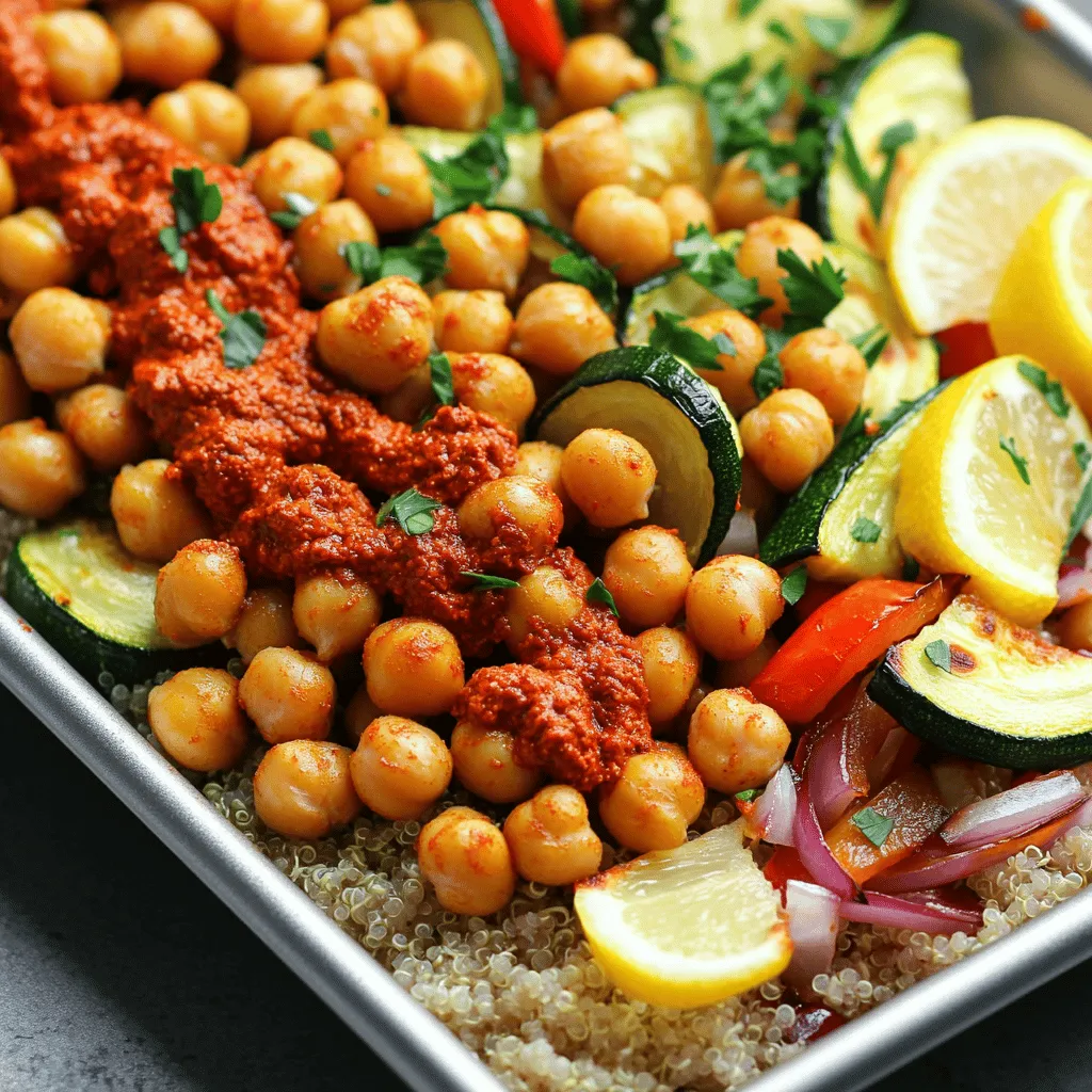 - 2 (15 oz) cans chickpeas - 4 tablespoons harissa paste - 2 tablespoons olive oil - 1 teaspoon smoked paprika - 1 teaspoon garlic powder - 1 teaspoon onion powder - Salt and pepper to taste - 1 red bell pepper - 1 zucchini - 1 red onion - 2 cups cooked quinoa or couscous - Fresh parsley - Lemon wedges The heart of my sheet-pan smoky harissa chickpea bowls lies in the ingredients. You start with chickpeas, which are packed with protein and fiber. They soak up the spicy harissa paste, giving them a wonderful kick. I love to use canned chickpeas for convenience. Just drain and rinse them for the best taste. The harissa paste adds heat and depth. Adjust it based on your spice comfort. If you want a milder dish, feel free to use less. Next, the seasoning enhances the flavor. Smoked paprika gives a lovely smoky touch. Garlic and onion powders add a savory layer. Don’t forget to add salt and pepper to balance everything. Fresh veggies add crunch and color. The red bell pepper brings sweetness. Zucchini is soft and tender when cooked. The red onion adds a bit of zest. Finally, serve your bowls over a base of cooked quinoa or couscous. They soak up all the flavors. Finish with fresh parsley and lemon wedges. The lemon brightens every bite and makes it extra fresh. This combination not only fills you up but also excites your taste buds. Enjoy the vibrant flavors on your plate! - Preheat your oven to 425°F (220°C). - In a large bowl, combine the chickpeas with harissa paste, olive oil, smoked paprika, garlic powder, onion powder, salt, and pepper. Mix well until the chickpeas are coated. - Dice the red bell pepper, slice the zucchini into half-moons, and slice the red onion. - Spread the chickpeas evenly on a large sheet pan. - Add the diced red bell pepper, zucchini, and sliced red onion. Drizzle with olive oil and sprinkle with salt and pepper. Toss gently to coat. - Roast everything in the preheated oven for 25-30 minutes. Stir halfway through to ensure even cooking. The chickpeas should be crispy, and the veggies should be tender. - While the chickpeas and veggies roast, cook your quinoa or couscous according to the package instructions. - Once everything is cooked, spoon the quinoa or couscous into bowls. Top with the smoky harissa chickpeas and roasted vegetables. - Finish by garnishing with chopped parsley and serving with lemon wedges on the side. The lemon adds a bright touch! To get even cooking, spread the chickpeas and veggies in a single layer. This helps them cook evenly. Stir them halfway through cooking. This ensures that nothing burns. For crispy chickpeas, make sure they are dry before mixing with harissa paste. Too much moisture can lead to soggy chickpeas. Use a clean towel to pat them dry after rinsing. You can modify harissa paste to fit your taste. If you want less heat, use less paste. You can also mix in some yogurt or sour cream to cool it down. Try adding other spices for unique flavors. Cumin, coriander, or even curry powder can change the taste. Use these spices alongside harissa for depth. Get creative when serving these bowls! Use colorful bowls to make the dish pop. You can layer the quinoa, chickpeas, and veggies for a nice look. Add more color and flavor with toppings. Cherry tomatoes, radishes, or avocado slices can brighten up the dish. A sprinkle of feta cheese adds a salty bite, too! {{image_2}} You can switch up the chickpeas. Try black beans or lentils for a new taste. Each legume adds its own flavor and texture to the dish. Seasonal veggies are a great way to mix things up. Use squash in the fall or asparagus in the spring. Fresh, local produce makes your meal tastier and healthier. Feel free to use different dressings. A tahini sauce adds creaminess, while yogurt can bring a cool touch. You can also drizzle with balsamic glaze for a sweet contrast. Want a kick? Add sriracha or a hot sauce for extra heat. The right sauce can make your meal feel more rich and satisfying. This recipe is already vegan and gluten-free, making it easy for many diets. Want more protein? Add grilled chicken or tofu for a heartier meal. You can also toss in nuts or seeds for a crunchy finish. These tweaks can help you meet your dietary needs while keeping the meal delicious. To store your smoky harissa chickpea bowls, let them cool first. Place the leftovers in airtight containers. Glass or plastic containers work great. Make sure they are sealed well to keep flavors fresh. You can freeze this dish if you want to save some for later. Divide the chickpeas and veggies into portions. Use freezer-safe bags or containers. Remove as much air as possible to avoid freezer burn. When you are ready to eat, thaw overnight in the fridge. Reheat in the oven or microwave until hot. These bowls stay fresh in the fridge for about 3 to 5 days. Check for any signs of spoilage before eating. If you see mold or an off smell, it’s best to toss it. Proper storage helps maintain the great taste and texture. Harissa paste is a spicy chili paste from North Africa. It blends roasted red peppers, spices, and garlic. The flavor is deep, smoky, and slightly sweet. You can adjust the heat by choosing a milder or spicier harissa. Common ingredients include: - Dried chili peppers - Garlic - Olive oil - Spices like cumin and coriander Using harissa elevates the smoky harissa chickpea bowls. It adds warmth and depth, making each bite exciting. Yes, you can prep this recipe ahead of time. Cook the chickpeas with harissa and roast the veggies. Store them in the fridge for up to three days. When ready to serve, heat them in the oven or microwave. You can also cook the quinoa or couscous in advance. Just keep them separate until serving. This makes meal prep easy and quick for busy days. These bowls are versatile and pair well with many sides. Here are some great options: - Roasted sweet potatoes - Simple green salad - Grilled pita bread - Creamy yogurt sauce Adding lemon wedges brightens the dish and enhances flavors. You can also serve with fresh herbs for extra color. Boosting nutrition is simple! Here are some tips: - Add cooked quinoa or bulgur for more fiber. - Top with avocado for healthy fats. - Include leafy greens like spinach for vitamins. - Stir in nuts or seeds for extra crunch and protein. These additions make the smoky harissa chickpea bowls even more satisfying and healthy. This blog post covered a simple and tasty recipe for smoky harissa chickpea bowls. You learned about the key ingredients, preparation steps, and seasoning tips. I shared how to adjust flavors and make dish variations. You can also find ways to store and reheat your leftovers. In the end, this recipe offers lots of room for creativity and flavor. Enjoy making these bowls your own!