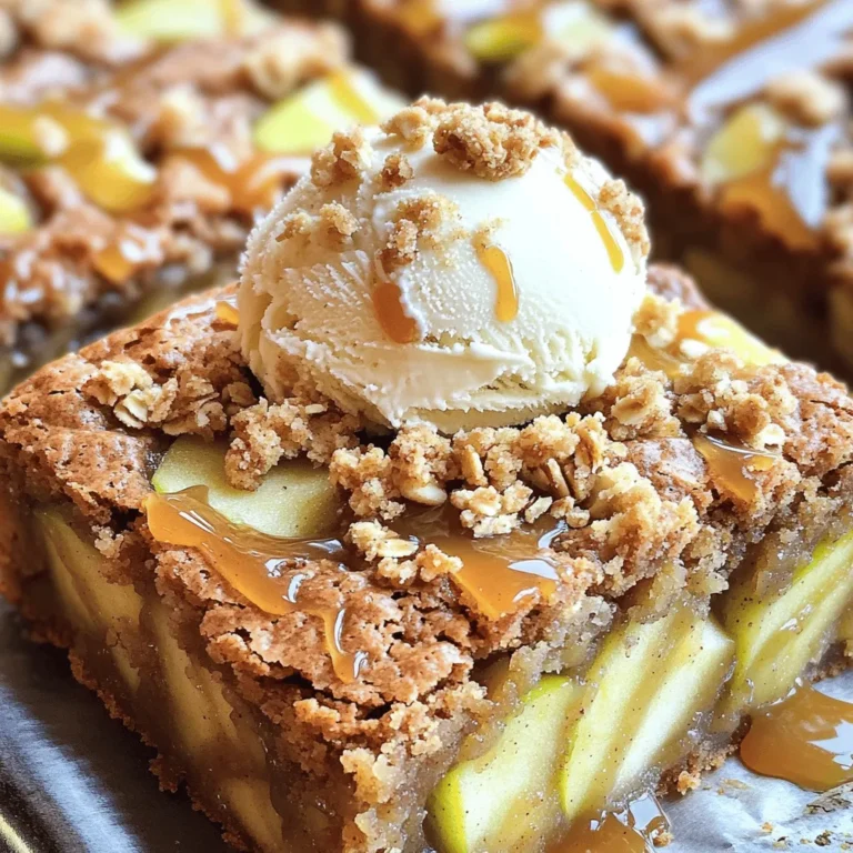 To make these blondies, you need a few key ingredients: - 1 cup unsalted butter (for browning) - 1 ½ cups brown sugar - 2 large eggs - 1 teaspoon vanilla extract - 2 cups all-purpose flour - 1 teaspoon baking powder - ½ teaspoon salt - 1 cup chopped apples (peeled and cored, such as Granny Smith) - ½ teaspoon cinnamon - ½ cup oats (for crumble) - ¼ cup chopped walnuts (optional) These ingredients come together to create a rich and tasty dessert. You can customize your blondies with some fun additions: - Use different apples, like Honeycrisp or Fuji, for varied flavors. - Swap walnuts for pecans or skip nuts altogether for nut-free blondies. - Replace regular flour with gluten-free flour for a gluten-free option. - Add chocolate chips or dried fruits for extra sweetness and texture. Think about what flavors you love! When measuring ingredients, accuracy is key. Here are a few tips: - Use a kitchen scale for precise measurements, especially for flour and sugar. - Spoon flour into your measuring cup and level it off with a knife. Avoid packing it down. - For brown sugar, press it firmly into the cup to get an accurate measure. - Always check the freshness of your baking powder and spices, like cinnamon, for the best flavor. Following these tips helps ensure your blondies turn out just right! Begin by melting 1 cup of unsalted butter in a medium saucepan over medium heat. Keep an eye on it as it melts. Stir often to prevent burning. The butter will foam up and turn golden brown. This process takes about 5-7 minutes. When it smells nutty, take it off the heat and let it cool for a few minutes. In a large bowl, combine the browned butter and 1 ½ cups of brown sugar. Beat them together until smooth. This step adds a rich flavor to your blondies. Then, add in 2 large eggs, one at a time. Mix well after each addition. Finally, stir in 1 teaspoon of vanilla extract for extra warmth. In another bowl, whisk together 2 cups of all-purpose flour, 1 teaspoon of baking powder, and ½ teaspoon of salt. This mix helps your blondies rise and stay soft. Gradually add this dry mix into the wet ingredients. Stir until just combined. Don’t over-mix; a few lumps are okay. Take 1 cup of chopped, peeled apples, like Granny Smith. Gently fold them into the blondie batter with ½ teaspoon of cinnamon. This adds a nice spice and fruity flavor to each bite. Make sure the apples are evenly mixed in. In a small bowl, mix ½ cup of oats, ¼ cup of chopped walnuts (if you like), and a pinch of salt. Add a tablespoon of flour to coat the oats. This will give your topping a nice texture. Stir it until everything is mixed well. Preheat your oven to 350°F (175°C). Grease and line a 9x9 inch square baking dish with parchment paper. Pour the blondie batter into the dish and spread it evenly. Sprinkle the crumble topping over the batter. Bake for 25-30 minutes. Check if the edges are golden brown and a toothpick comes out mostly clean with a few moist crumbs. Let them cool in the pan for 10 minutes before moving them to a wire rack. Cut into squares for serving. To make brown butter, melt unsalted butter in a saucepan over medium heat. Stir often to prevent burning. Watch closely as the butter foams. It will turn a golden brown and smell nutty. This process adds a rich flavor to your blondies. Once you see that golden color, remove it from the heat. Let it cool for a bit before using it in the recipe. To check if your blondies are done, insert a toothpick into the center. If it comes out mostly clean with a few moist crumbs, they are ready. The edges should be golden brown. If the toothpick has wet batter, bake for a few more minutes. Keep an eye on your oven timer, as baking times can vary. Serve your blondies warm for the best taste. Add a scoop of vanilla ice cream on top for a treat. Drizzle some caramel sauce over the ice cream for extra sweetness. You can also serve them with fresh apple slices on the side. This adds a nice crunch and freshness. Enjoy your delicious blondies! {{image_2}} You can switch up the apples in this recipe. Try pears, peaches, or even berries. Each fruit adds its own flavor. If you use berries, reduce the sugar a bit. They are sweeter than apples. You can also mix fruits for a fun twist. Just keep the same amount of fruit in the recipe. To make these blondies gluten-free, use a gluten-free flour blend. Many options work well, like almond or oat flour. Be sure to check the label to ensure it's safe for your needs. You might want to add a bit of xanthan gum. This helps the blondies hold together better. The taste will still be rich and delicious! For a nut-free version, skip the walnuts. You can replace them with seeds like pumpkin or sunflower. If you want a vegan option, substitute eggs with flax eggs. Mix one tablespoon of ground flaxseed with three tablespoons of water. Let it sit for a few minutes until it thickens. Also, use vegan butter instead of regular butter. This keeps the flavor rich while being plant-based. To keep your blondies fresh, store them in an airtight container. Place parchment paper between layers if stacking. This helps prevent sticking. Keep them at room temperature for up to three days. If you want to store them longer, refrigerate them for about a week. Just remember, blondies taste best when they’re fresh! You can freeze these blondies if you have leftovers. Cut them into squares and wrap each piece in plastic wrap. Then, place them in a freezer-safe bag. They will stay good for up to three months. When you are ready to eat, just thaw them in the fridge overnight. To enjoy your blondies warm, preheat your oven to 350°F (175°C). Place the blondies on a baking sheet. Warm them for about 5-10 minutes. You can also use the microwave. Heat them on low for 15-20 seconds. Just be careful not to overheat, or they will dry out. Enjoy your delicious blondies! The best apple for baking is the Granny Smith apple. It has a tart flavor that balances the sweetness of the dessert. Other good options include Honeycrisp and Fuji apples. These apples hold their shape well during baking and add great taste to your blondies. Yes, you can make this recipe ahead of time. You can prepare the batter and store it in the fridge for up to two days. You can also bake the blondies and keep them in an airtight container. They stay fresh for about three days at room temperature. You know the blondies are done when the edges are golden brown. Insert a toothpick into the center. If it comes out mostly clean with a few moist crumbs, they are ready. Do not overbake, as this can make them dry. Yes, you can substitute brown sugar with white sugar. However, the blondies will be less rich and may lack some flavor. Brown sugar adds moisture and a deeper taste. If you use white sugar, consider adding a tablespoon of molasses for extra flavor. Serve the blondies warm with a scoop of vanilla ice cream. You can drizzle caramel sauce on top for a sweet touch. Adding chopped nuts can give a nice crunch. Enjoy them plain for a simpler treat! We covered how to make delicious Brown Butter Apple Crumble Blondies. You learned about key ingredients and useful measurements. I shared step-by-step instructions to guide your baking. We explored tips for browning butter and checking doneness. You can even mix in different fruits or make gluten-free versions. Store leftovers easily or freeze them for later. These blondies are sure to please. Enjoy your baking journey and let your creativity shine!