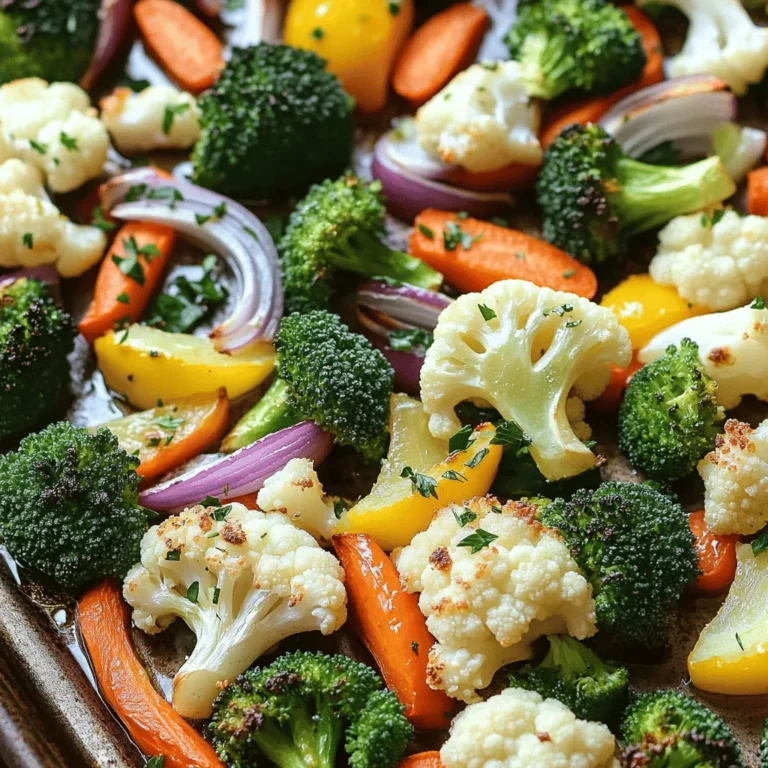 - 2 cups broccoli florets - 2 cups cauliflower florets - 1 cup baby carrots, halved - 1 bell pepper, sliced (any color) - 1 red onion, cut into wedges - 4 cloves garlic, minced - 3 tablespoons olive oil - 1 teaspoon dried thyme - 1 teaspoon smoked paprika - Salt and pepper to taste - Juice of 1 lemon - Fresh parsley, chopped for garnish Gathering the right ingredients is key. Fresh vegetables give the best taste and texture. I love using broccoli and cauliflower for their crunch and nutrition. Baby carrots add sweetness without much work. A bell pepper brings color and flavor. Red onion offers a bit of zing. For seasonings, garlic shines in this dish. It adds depth and aroma. Olive oil helps the veggies roast evenly and adds richness. Thyme and smoked paprika create a warm, earthy flavor. Salt and pepper balance the dish. You can add lemon juice for brightness. It lifts the flavors. Fresh parsley gives a pop of color and freshness on top. This combo makes a simple yet exciting side dish. First, preheat your oven to 425°F (220°C). This high heat helps the veggies roast well. Next, take a large mixing bowl. Add 2 cups of broccoli florets, 2 cups of cauliflower florets, and 1 cup of halved baby carrots. Then, toss in 1 sliced bell pepper and 1 cut red onion. After that, add 4 cloves of minced garlic. Pour in 3 tablespoons of olive oil. Then sprinkle 1 teaspoon of dried thyme and 1 teaspoon of smoked paprika over the veggies. Don’t forget to add salt and pepper to taste. Now, toss everything together until the vegetables are well coated with oil and seasonings. Spread the veggie mix on a large baking sheet. Make sure they are in a single layer. This helps them roast evenly. Put the sheet in the preheated oven. Bake for about 25 to 30 minutes. Stir the veggies halfway through. You want them tender and golden brown. Once done, take them out of the oven. Squeeze the juice of 1 lemon over the roasted veggies. Toss them gently to mix. Finish by garnishing with chopped parsley for a fresh touch. To make tasty oven garlic roasted veggies, start with fresh produce. For broccoli and cauliflower, look for vibrant colors and tight florets. Avoid any yellowing or wilting. When choosing bell peppers, pick ones that feel firm and heavy. Ripe peppers shine and have smooth skin. For onions, seek out those that are firm and dry, without any soft spots. Cutting your veggies well helps them roast evenly. For broccoli and cauliflower, cut them into similar-sized florets. Aim for about one inch in size. For baby carrots, halving them works best. Cut bell peppers into strips and red onions into wedges. This gives nice shapes for roasting. To boost flavor, try adding different herbs and spices. Fresh herbs like rosemary or basil add a nice touch. You can also use spices like cumin or chili powder for a kick. Always use high-quality olive oil for the best taste. The oil helps the veggies brown and crisp up nicely. Remember, quality matters when it comes to flavor! {{image_2}} You can change the vegetables based on what you have. Try seasonal swaps for fresh taste. For example, use zucchini in summer or Brussels sprouts in the fall. Root vegetables work great too. Carrots are a must, but add potatoes or sweet potatoes. They add a nice sweetness. You can play with the flavors by changing the seasonings. For a sweet taste, add honey or maple syrup. These will coat the veggies nicely and create a caramelized effect. If you like heat, sprinkle chili flakes on your veggies. They add a nice kick. Just a pinch can change the whole dish. You can also make garlic roasted veggies in an air fryer. Just set it to 400°F (200°C) for about 15-20 minutes. Check midway to shake the basket for even cooking. Grilling veggies is another fun option. Toss them in a grill basket with oil and spices. Grill on medium heat until they are tender and have nice char marks. This adds a smoky flavor that is hard to resist. After you make Oven Garlic Roasted Veggies, store them in an airtight container. This keeps them fresh. The veggies will last about 3 to 5 days in the fridge. Make sure they cool down before closing the container. This helps avoid moisture buildup. You can freeze roasted veggies for later meals. First, let them cool completely. Then, place them in a freezer-safe bag. Remove as much air as possible before sealing. They can stay fresh for about 2 to 3 months. To reheat, take them out of the freezer and warm them in the oven at 350°F (175°C) for about 15-20 minutes. This helps them become crispy again. Don’t let leftovers go to waste! You can use them in many ways. Add them to soups for extra flavor. Blend them into a veggie puree for a dip. Mix them into pasta dishes for a colorful meal. You can also toss them in salads for added crunch. The options are endless! The best temperature for roasting veggies is between 400°F to 425°F. I recommend using 425°F. This high heat helps the veggies cook fast and develop a nice golden color. At this temperature, they get tender and crispy. The heat also brings out their natural sweetness. Yes, you can use frozen vegetables, but they may not taste as good. Frozen veggies can lose some flavor and texture when roasted. They often release water, which can make them soggy. If you choose frozen, try to thaw them and pat them dry before roasting. This helps keep them crispy. You can tell roasted veggies are done when they are golden brown and tender. Look for some crispy edges. You can poke them with a fork; they should be soft inside. If they are still firm, roast them a bit longer. Make sure to check them often, so they don’t burn. Garlic roasted veggies pair well with many dishes. You can serve them with grilled chicken or fish. They also go great with rice or quinoa. For a quick meal, toss them into a salad or pasta. Add some cheese or nuts for extra flavor and texture. Roasting fresh vegetables is easy and rewarding. You learned about the best ingredients, step-by-step instructions, and useful tips. Try mixing your favorite veggies with herbs and spices. Explore different cooking methods for more flavor. Don't forget to store leftovers for future meals. Experiment with what you have, and enjoy creating tasty dishes. Remember, cooking is about fun and flavor, so get started today.
