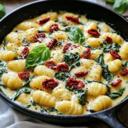 - 1 package (16 oz) gnocchi (fresh or frozen) - 1 cup sun-dried tomatoes in oil, chopped - 3 cloves garlic, minced - 2 cups fresh spinach, roughly chopped - 1 cup heavy cream - 1 cup grated Parmesan cheese - 1 tablespoon olive oil - 1 teaspoon Italian seasoning - Salt and pepper to taste - Fresh basil for garnish (optional) I love using gnocchi because it adds a soft, chewy texture. You can use fresh or frozen gnocchi. Both work well and save time. Sun-dried tomatoes bring a sweet and tangy flavor. They mix perfectly with garlic for a rich taste. Fresh spinach adds color and nutrition, making the dish bright and healthy. Heavy cream makes the sauce rich and creamy, while Parmesan cheese adds a savory depth. Olive oil helps sauté the garlic and brings all the flavors together. Italian seasoning gives a warm, herbal note. Salt and pepper balance the dish, enhancing every bite. If you can’t find gnocchi, you can use another pasta like penne or farfalle. For a lighter sauce, swap heavy cream with half-and-half or coconut milk. If you want a dairy-free version, use a dairy-free cheese. Instead of sun-dried tomatoes, you can use roasted red peppers for a different flavor. Fresh herbs like parsley or oregano can replace basil for garnish. These swaps can still offer a delicious meal while meeting your needs. To start, fill a large pot with salted water. Bring it to a boil. Once boiling, add the gnocchi. Cook according to the package instructions. You will know they are ready when they float to the top. This usually takes about 2-3 minutes for fresh gnocchi and a bit longer for frozen. Drain the gnocchi and set it aside. This step is key for a great texture. Next, take a large skillet and heat it over medium heat. Add the olive oil and let it warm up. Once hot, add minced garlic. Sauté for about one minute until it smells great. Be careful not to let it brown. After that, add the chopped sun-dried tomatoes. Cook them for 2-3 minutes. This allows the flavor to mix with the oil. You will notice a wonderful aroma filling your kitchen. Now, it’s time to make the sauce. Pour in the heavy cream and stir it with the garlic and tomatoes. Let it cook for about two minutes. This helps all the flavors blend together. Slowly add grated Parmesan cheese while stirring. Keep stirring until the cheese melts. This creates a rich and creamy sauce that is simply mouthwatering. Once the sauce is creamy, fold in the fresh spinach and cooked gnocchi. Season with Italian seasoning, salt, and pepper. Stir everything together, letting the spinach wilt and the gnocchi warm for about 3-4 minutes. To cook gnocchi just right, follow the package guide. Boil salted water in a large pot. Once it bubbles, add the gnocchi. They will float when ready. This means they are done! Drain them quickly to keep them fluffy. For a creamy sauce, use heavy cream. It blends well with the cheese. Stir the cream with sun-dried tomatoes and garlic. Heat gently to avoid curdling. Add Parmesan slowly while stirring. This keeps the sauce smooth and thick. Use Italian seasoning for a classic taste. It blends well with the tomatoes and cream. Don’t forget salt and pepper! Taste as you go. Fresh basil on top adds a pop of flavor. You can also try crushed red pepper for some heat. {{image_2}} You can make this gnocchi dish even heartier by adding protein. Chicken and shrimp work great here. For chicken, use cooked, diced chicken breast. Stir it in when you add the spinach. If you prefer shrimp, sauté them in olive oil until pink before adding the sun-dried tomatoes. This adds flavor and makes your meal more filling. If you want to keep it vegetarian, load up on veggies. Consider adding bell peppers, zucchini, or mushrooms. You can sauté them along with the garlic. This adds color and boosts nutrition. You can also add broccoli or peas for a fresh touch. The more veggies, the more flavors you will enjoy. Feel free to switch up the sauce for a new twist. A pesto sauce can add a fresh, herby flavor. Simply replace the heavy cream with basil pesto. Another option is a tomato sauce. Use a can of crushed tomatoes instead of cream for a lighter dish. You can even mix half cream and half tomato sauce for a unique blend. Store any leftover creamy sun-dried tomato gnocchi in an airtight container. Let it cool down first. This helps keep it fresh. You can keep it in the fridge for up to three days. Avoid leaving it out at room temperature for too long. To reheat, use a skillet over medium heat. Add a splash of cream or water to keep it creamy. Stir it gently until it warms up. This method helps keep the gnocchi soft. Avoid using the microwave as it can make the gnocchi tough. You can freeze this dish if you have extra. Place it in a freezer-safe container. Make sure to leave some space for expansion. It can last for up to three months in the freezer. To enjoy it later, thaw it in the fridge overnight before reheating. Yes, you can use other pasta types. Some good options are penne, fusilli, or farfalle. These shapes hold sauce well. Cook them according to the package instructions. The cooking time might change based on the pasta you choose. To make this dish dairy-free, swap heavy cream for coconut cream or a nut-based cream. Use nutritional yeast instead of Parmesan for a cheesy flavor. Make sure to check labels for dairy-free ingredients. This way, you keep the creamy texture without dairy. You can add cooked chicken or shrimp for protein. Fresh herbs like thyme or oregano will enhance the dish. Adding a pinch of red pepper flakes gives it a nice kick. Try roasted red peppers or artichokes for extra taste. You can also mix in other veggies, like mushrooms or zucchini, for more texture. This article covered all you need for a tasty gnocchi dish. You learned about key ingredients and some great substitutes. I shared step-by-step cooking tips and ways to make your sauce creamy. You also discovered tasty variations like proteins and vegetarian options. In the end, cooking gnocchi is fun and flexible. Feel free to mix things up and make it your own. With these tips, you can create a meal that's perfect for any occasion. Enjoy your cooking!