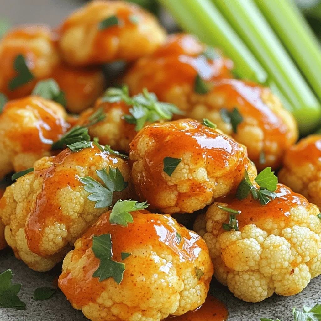 - Cauliflower florets - All-purpose or gluten-free flour - Buffalo sauce - Garlic powder - Onion powder - Smoked paprika - Plant-based milk - Fresh parsley (for garnish) - Celery sticks (for serving) The main ingredients for Air Fryer Buffalo Cauliflower are simple and easy to find. You will need cauliflower florets, which give this dish its crunch. You can choose all-purpose flour or gluten-free flour, depending on your needs. Buffalo sauce adds that spicy kick that makes this dish a favorite. Spices bring out great flavors. Garlic powder gives a nice depth, while onion powder adds sweetness. Smoked paprika gives a hint of smokiness that pairs well with the buffalo sauce. You can add plant-based milk to make the batter richer. Fresh parsley adds a pop of color and freshness as a garnish. Celery sticks serve as a crunchy side that balances the heat of the buffalo sauce. - In a bowl, combine: - 1 cup all-purpose flour (or gluten-free flour) - 1 teaspoon garlic powder - 1 teaspoon onion powder - 1 teaspoon smoked paprika - 1/2 teaspoon cayenne pepper (adjust to your taste) - Salt and pepper to taste - Whisk in 1 cup of water or plant-based milk until smooth. - Preheat your air fryer to 380°F (190°C) for about 3-5 minutes. - Lightly spray the basket with cooking spray or brush it with olive oil. - Arrange the battered florets in a single layer in the basket. - Cook for 12-15 minutes, shaking the basket halfway through for even cooking. - After cooking, toss the cauliflower in 1 cup of buffalo sauce until well coated. - Return the coated cauliflower to the air fryer and cook for an extra 3-5 minutes. - This will make the buffalo coating crispier. To get that perfect crunch, I suggest cooking in batches. This way, each floret gets enough hot air. If you overcrowd the basket, some pieces may end up soggy. Use cooking spray or a bit of oil to keep things non-stick. A light coat ensures they come out easily and stay crispy. Want more heat? Just add more cayenne pepper to the batter. Start with a little, then taste. This way, you can find the right spice level for you. If you want to make homemade buffalo sauce, mix hot sauce with melted butter. You can even add garlic or honey for a unique twist. Pair your buffalo cauliflower with dips like ranch or blue cheese. These cool dips balance the heat. For a fun touch, serve with celery sticks on the side. When plating, arrange the florets nicely and sprinkle fresh parsley on top. This makes your dish pop with color and looks great on any table. {{image_2}} You can easily make this buffalo cauliflower gluten-free. Just swap all-purpose flour for gluten-free flour. Many brands offer great blends that work well in batter. I love using almond or chickpea flour for added flavor and nutrition. Mix the gluten-free flour with the same spices. This way, you keep the same great taste. You can adjust the heat of your buffalo cauliflower. Want it spicy? Add more cayenne pepper. If you prefer it mild, skip the cayenne or use less. You can also try different hot sauces. Some sauces are tangy, while others bring more heat. Taste as you go to find your perfect level. Get creative with coatings for your cauliflower. Instead of batter, try using breadcrumbs for crunch. Panko breadcrumbs give a great texture. You can also mix in Parmesan cheese for a savory twist. Another option is to use a spice mix, like taco seasoning, for a fun flavor change. The choices are endless! To store cooked buffalo cauliflower, let it cool first. Place it in an airtight container. This keeps it fresh for up to three days. Use parchment paper to separate layers if you have many florets. This helps prevent sticking. Always label the container with the date. When reheating, aim to keep the crispiness. Use an air fryer for the best result. Preheat it to 350°F (175°C) and heat for about 5-7 minutes. You can also use an oven. Place the cauliflower on a baking sheet and bake at 350°F (175°C) for about 10 minutes. Avoid microwaving, as it makes the cauliflower soggy. Yes, you can freeze buffalo cauliflower! First, cool it completely. Then, spread the florets on a baking sheet in a single layer. Freeze for about an hour. Once frozen, transfer them to a freezer bag. This method prevents clumping. Frozen buffalo cauliflower lasts up to three months. When ready to eat, bake straight from the freezer for tasty results. The cooking time for air-frying buffalo cauliflower is about 12-15 minutes at 380°F (190°C). If your air fryer is smaller, you might need to cook in batches. This helps to keep the florets crispy. Always shake the basket halfway through cooking for even crisping. Yes, you can make buffalo cauliflower without flour. Use alternative batters like chickpea flour mixed with water or a blend of ground oats and spices. These options give you a delicious coating without gluten. You can also try cornstarch for a lighter texture. Air fryer buffalo cauliflower is a healthy snack. It has fewer calories and less fat than deep-fried options. Cauliflower is low in carbs and high in fiber. It also has vitamins C and K, which support your immune system. When you use less oil, you keep it even healthier. Enjoy it guilt-free! In this blog post, I shared how to make delicious buffalo cauliflower. We covered the key ingredients, from cauliflower florets to spices. You learned step-by-step instructions for preparation and cooking. I also offered tips for the perfect crisp and variations to suit your taste. Remember to store leftovers well and reheat for maximum crunch. This dish is not just tasty; it can also be a healthy snack. Try it out, and enjoy a flavorful experience with all the crunch you desire.