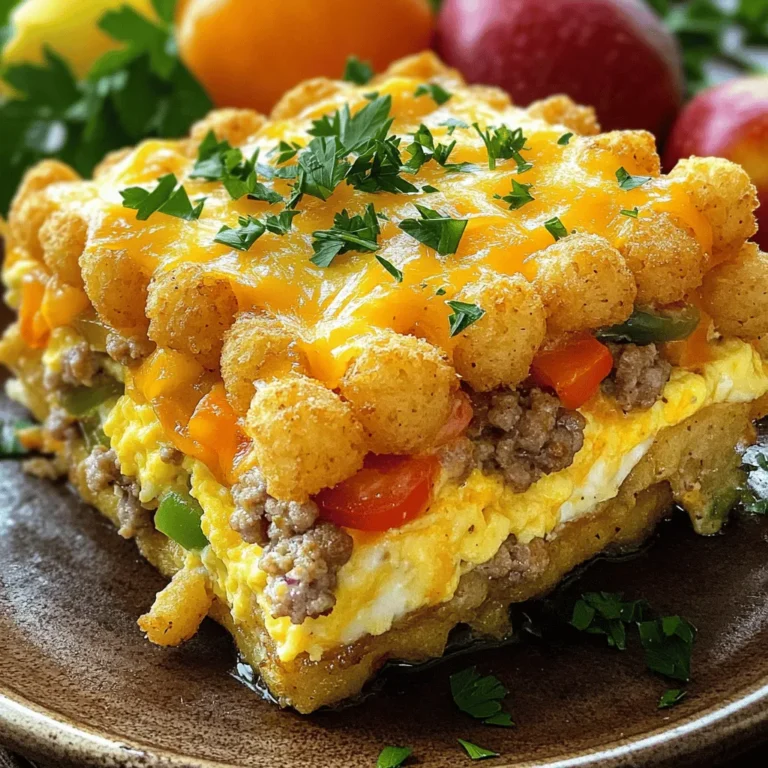 To make a tasty tater tot breakfast casserole, you need: - 32 oz frozen tater tots - 1 lb breakfast sausage (mild or spicy) - 8 large eggs - 2 cups milk (whole or 2%) - 1 cup shredded cheddar cheese - 1 cup diced bell peppers (mix of colors) - 1/2 cup diced onions - 1 teaspoon garlic powder - 1 teaspoon paprika - Salt and pepper to taste - Fresh parsley, chopped (for garnish) You can change some ingredients based on your taste or needs: - Swap breakfast sausage for turkey sausage or bacon. - Use almond milk or oat milk if you want dairy-free. - Try different cheeses like mozzarella or pepper jack for a twist. - Replace bell peppers with spinach or zucchini for a veggie boost. - If you don’t have garlic powder, fresh garlic works too. This casserole serves 8-10 people. Here’s a rough breakdown: - Calories: About 400 per serving - Protein: 20g - Carbohydrates: 30g - Fat: 25g - Fiber: 2g This dish is hearty and filling, perfect for breakfast or brunch. Adjust portions as needed based on your dietary goals. Start by preheating your oven to 375°F (190°C). This step ensures even cooking. While the oven heats, grab a large skillet. Set it over medium heat. Add the breakfast sausage to the skillet. Cook it until it turns brown and is fully cooked. Be sure to break it apart as it cooks. If there’s extra fat, drain it. Then, set the sausage aside. Next, find a large greased baking dish. A 9x13 inch dish works best. Take half of the frozen tater tots and spread them evenly on the bottom. This layer gives a nice base. Now, layer the cooked sausage on top of the tater tots. Next, add the diced bell peppers and onions. Make sure these are evenly spread out. In a large bowl, whisk together the eggs, milk, garlic powder, paprika, salt, and pepper. Pour this mixture over the sausage and veggies. This step adds flavor and moisture. Finally, place the rest of the tater tots on top and sprinkle with shredded cheddar cheese. Now it’s time to bake! Place the casserole in the oven. Bake for 45-50 minutes. Keep an eye on it. You want the casserole to be set in the middle. The cheese should be bubbly and golden brown. To check, gently shake the dish. If it jiggles in the center, it needs more time. Once done, let it cool for 5-10 minutes. This helps with slicing. Before serving, garnish with chopped fresh parsley. Enjoy this hearty breakfast! When cooking sausage, I always use medium heat. This helps it brown nicely. Break the sausage into small pieces as it cooks. This way, you get bites of sausage in every slice. If there is too much fat, drain it before adding to the casserole. This keeps the dish from being greasy. To make sure the casserole sets well, don't skip the baking time. Bake it until the middle is firm and the cheese is golden. If it jiggles too much, it needs more time. Let it cool for a few minutes before cutting. This helps it hold its shape better when you serve it. I love serving Tater Tot Breakfast Casserole warm on a plate. Add a sprinkle of fresh parsley for color. You can also pair it with fresh fruit, like berries or sliced oranges. Slices of avocado on the side add creaminess and healthy fats. This makes for a well-rounded breakfast that everyone will enjoy! {{image_2}} You can make a tasty vegetarian version of this dish. Just skip the sausage. Instead, add more veggies. Try mushrooms, spinach, or zucchini for great flavor. You can also add black beans for protein. This way, everyone can enjoy it, even without meat. Cheese is key for flavor. Feel free to swap cheddar for your favorite cheese. Mozzarella adds a nice stretch, while feta gives a tangy kick. You can also mix in more veggies. Broccoli, corn, or even jalapeños give a fun twist. The options are endless. If you love heat, add chili powder or diced jalapeños. This will give your casserole a southwest flair. You can also replace some veggies with roasted peppers. Top with avocado or salsa for a fresh touch. This spicy twist will wake up your taste buds. After enjoying your Tater Tot Breakfast Casserole, let it cool down. Transfer any leftovers to an airtight container. This keeps the casserole fresh and tasty. You can store it in the fridge for up to four days. Make sure to label the container with the date. This way, you won’t forget how long it has been there. To reheat the casserole, preheat your oven to 350°F (175°C). Place slices of the casserole in a baking dish. Cover it with foil to keep it moist. Heat for about 20 minutes or until it is warm. You can also use the microwave. Place a slice on a microwave-safe plate. Heat for 1-2 minutes. Check that it is heated all the way through before enjoying again. If you want to save some for later, freezing is a great option. Cut the casserole into individual portions. Wrap each piece tightly in plastic wrap, then place them in a freezer bag. Label the bag with the date. Frozen casseroles can last up to three months. When you’re ready to eat, thaw in the fridge overnight. Then follow the reheating instructions to enjoy a quick meal. Yes, you can make this casserole ahead of time. Prepare it up to the baking step. Cover it well and store it in the fridge for up to 24 hours. When you are ready to bake, increase the baking time. This ensures the casserole heats all the way through. Yes, you can make this casserole gluten-free! Just choose gluten-free tater tots. Most brands offer gluten-free options. Also, check that the sausage and any other added ingredients are gluten-free. This way, everyone can enjoy this tasty dish. This casserole is great on its own but pairs well with fresh fruit. Slices of avocado add a creamy touch. You can also serve it with a side of yogurt for extra protein. A light salad can balance the dish too. Enjoy trying different sides! This blog post covered the key components for a Tater Tot Breakfast Casserole. We explored ingredients, how to prepare and bake it, and tasty tips for great results. I also shared variations to suit your taste and how to store leftovers. Remember, cooking is fun and creative! Try different flavors and enjoy your meals. Whether feeding a crowd or just yourself, this casserole is a winner. Keep experimenting, and you'll find your perfect dish!